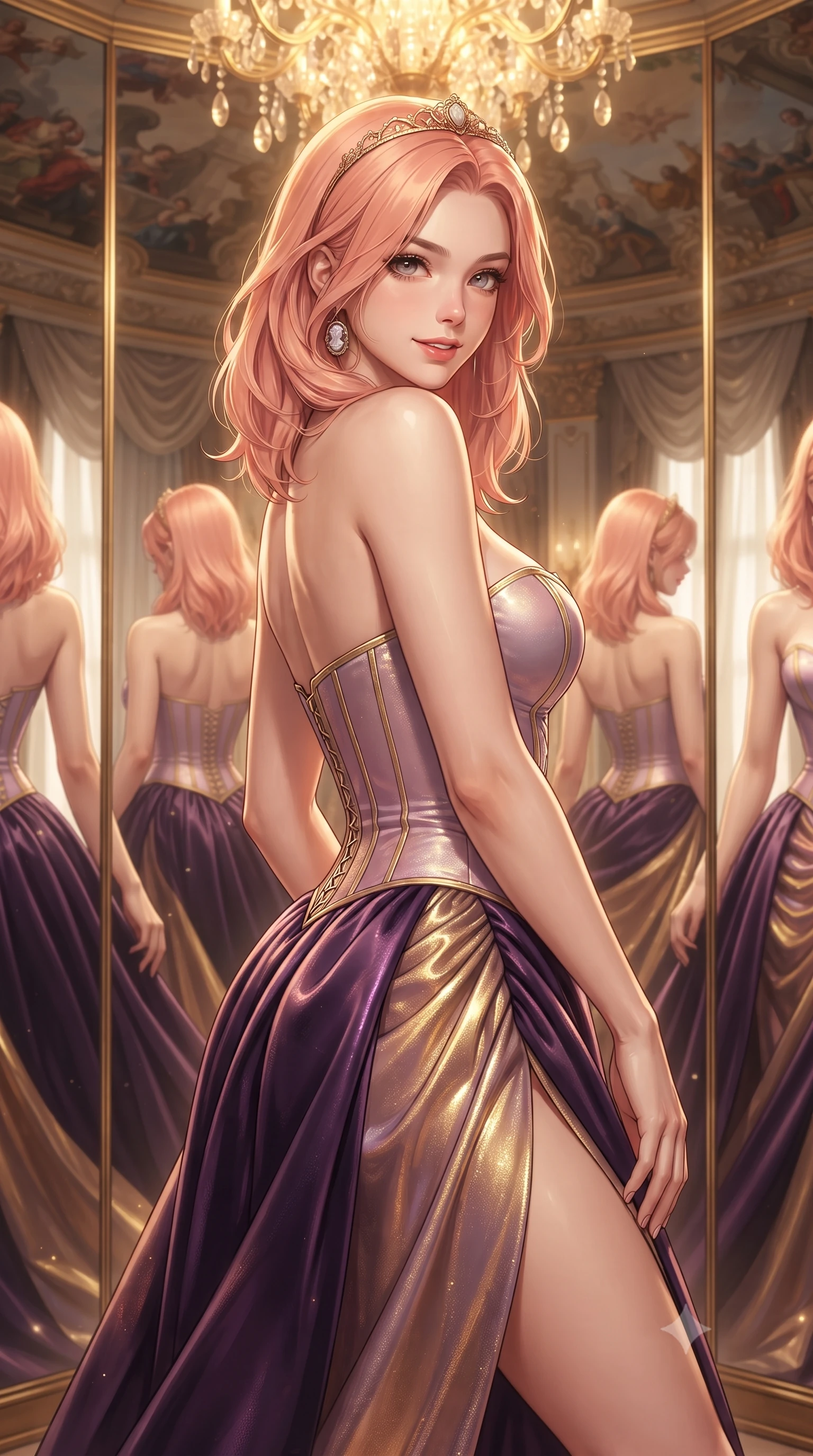 score_9, masterpiece, best quality, ultra-detailed, high-budget anime keyframe, editorial fashion photography, tasteful artistic composition, Japanese woman. close-up cowboy shot from the waist and thighs up, the character dominates the composition, filling the frame with her large presence. turning over a bare shoulder with an intoxicating, teasing smile, her soft hair framing her sharp jawline as her hips angle gracefully while gliding down the mirror-lined corridor with supermodel momentum, pivoting gracefully as infinite reflections multiply her curvy silhouette. The composition keeps background elements in soft focus with creamy bokeh. antique oil ceiling frescoes and sheer silk drapes softened in luxurious shallow depth of field. She has an exceptionally elegant, slender, and willowy female figure with an ultra-slim waist, a gracefully sculpted slender torso, toned flat midriff, and rounded feminine hips creating an alluring hourglass silhouette. sharp v-shaped jawline, high-bridge nose, intricate jewel-like eyes with depth, thick eyelashes, glossy parted lips with a natural sheen, intensely captivating and seductive bedroom-eyes expression, flawlessly proportioned anatomical accuracy, strict slender model proportions, natural body alignment, perfectly sculpted long slender limbs, ultra-slim waistline, clean dynamic posture without body distortion. wearing an opulent rococo pastel silk corseted gown with a plunging sweetheart neckline and gathered high-slit skirt in imperial royal purple velvet and antique gold, crafted from luxurious metallic lamé that shifts radiance with every step, complemented by a delicate golden tiara headband and carved cameo pendant, the glove-like aerodynamic silhouette tightly following the natural contour of her hips and long slender legs with statuesque precision. bathed in radiant golden chandelier illumination and multi-directional mirror reflections. ultra-reflective glossy finish, specular highlights, rich textural contrasts, high-contrast stereoscopic depth, volumetric dynamic lighting, 2k, ultra detail, master piece, 9:16 ratio