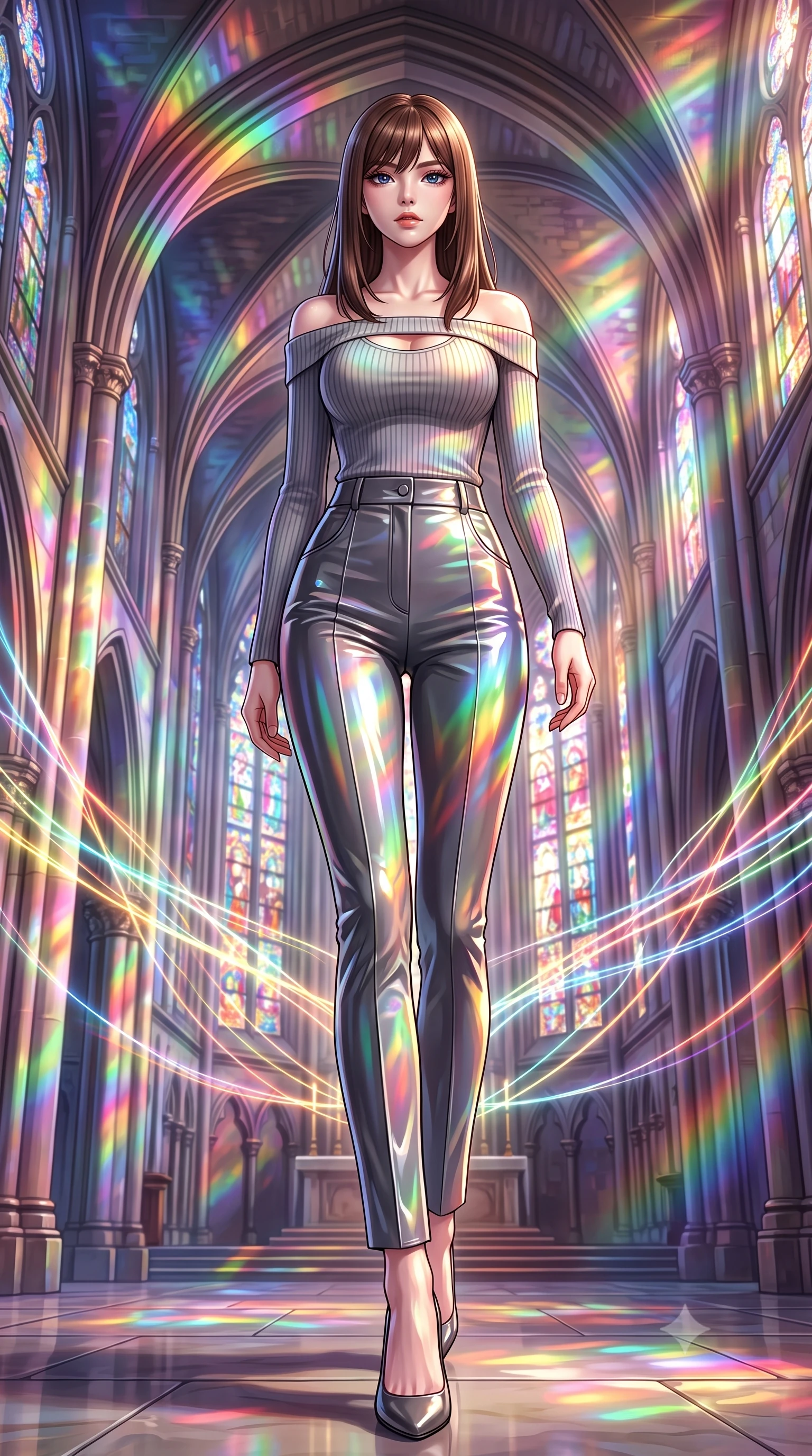 score_9, masterpiece, best quality, ultra-detailed, high-budget anime keyframe, editorial fashion photography, tasteful artistic composition, Korean woman. low angle full-body shot from head to toe showing her feet, filling the entire 9:16 vertical frame with her statuesque presence, stretching her vertical silhouette. stepping forward with proud posture, filling the vertical frame with her magnetic presence guiding glowing choir light threads weaving through majestic vaulted arches, vibrant rainbow light patterns projected across her skin and costume. She has an absolutely perfect, statuesque 8.5-heads proportion, an exceptionally tall and slender model-like female figure with impossibly long slender legs and an ultra-slim waist. sharp v-shaped jawline, high-bridge nose, intricate jewel-like eyes with depth, thick eyelashes, glossy lips with a natural sheen. wearing a sleek off-shoulder ribbed knit top paired with high-waist tailored pants in charcoal grey and platinum, tailored from high-gloss patent leather, accented with a Tasteful chest slit framing her clavicle gracefully, the glove-like fit emphasizing her statuesque silhouette. bathed in cascading rainbow prismatic light refracting through stained glass. highly saturated vibrant anime colors, detailed shading with soft gradients, rich glossy textures, high-contrast stereoscopic depth, volumetric dynamic lighting, master piece, 9:16 ratio