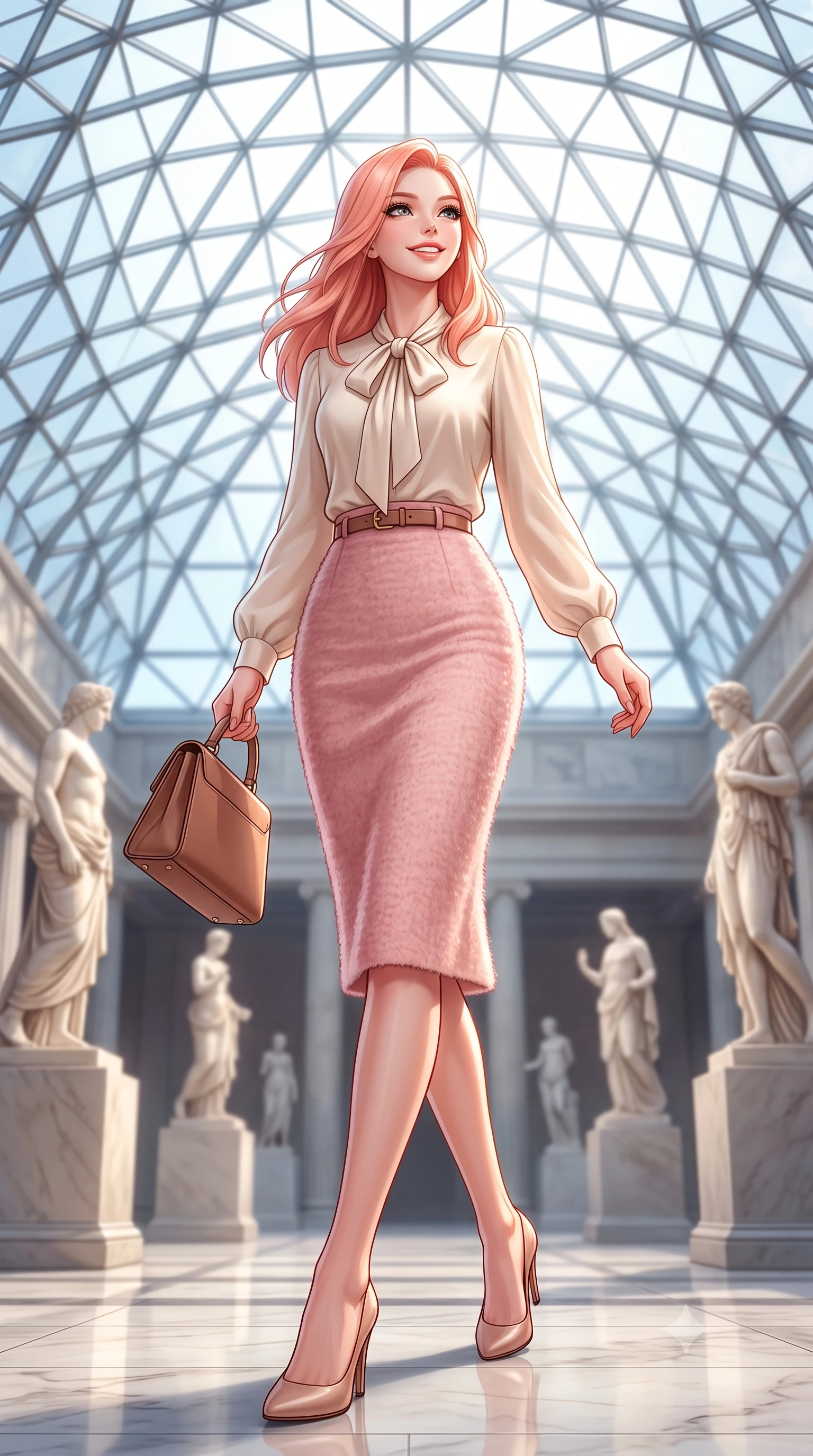 score_9, masterpiece, best quality, ultra-detailed, high-budget anime keyframe, semi-realistic 3D game render, editorial fashion photography, tasteful artistic composition, Japanese woman. low angle full-body shot from head to toe showing her feet, filling the entire 9:16 vertical frame with her statuesque presence, stretching her vertical silhouette. walking briskly with tall supermodel strides, one hand holding her leather bag and the other swinging with energetic charm while standing poised beneath the monumental geodesic glass roof canopy, gazing upward with an inspired, breathtaking smile. The background shows a soft-focus classical Greek sculptures on pedestals softened in majestic cultural sanctuary shallow focus. She has an exceptionally tall and slender model-like 8.5-heads proportion, an ultra-slim waist, a flat toned midriff, narrow delicate ribcage, and beautifully sculpted feminine hips creating a graceful, slim hourglass silhouette without any bulky heaviness, with impossibly long slender legs. sharp v-shaped jawline, high-bridge nose, intricate jewel-like sparkling eyes with depth, thick eyelashes, glossy parted lips with a natural peach sheen, bright cheerful beaming smile with an enchanting and coquettish sensual glint, exuding both youthful cute charm and seductive allure, flawlessly proportioned anatomical accuracy, strict slender model proportions, natural body alignment, perfectly sculpted long slender limbs, ultra-slim waistline, clean dynamic posture without body distortion. wearing a fluid silk crepe pussy-bow blouse paired with a high-waisted tailored pencil midi skirt and slim leather belt in Parisian pastel rose bouclé and cream pearl, woven from plush alpaca yarn with a cloud-like fuzzy texture and soft halo, finished with a structured leather top-handle mini bag resting gracefully at her side, the streamlined silhouette following her natural slender proportions with sophisticated poise, enhancing her tall willowy presence. bathed in voluminous pure white zenithal daylight filtering through the vast geometric glass skylight canopy. highly saturated vibrant anime colors, detailed shading with soft gradients, rich glossy textures, high-contrast stereoscopic depth, volumetric dynamic lighting, master piece, 9:16 ratio