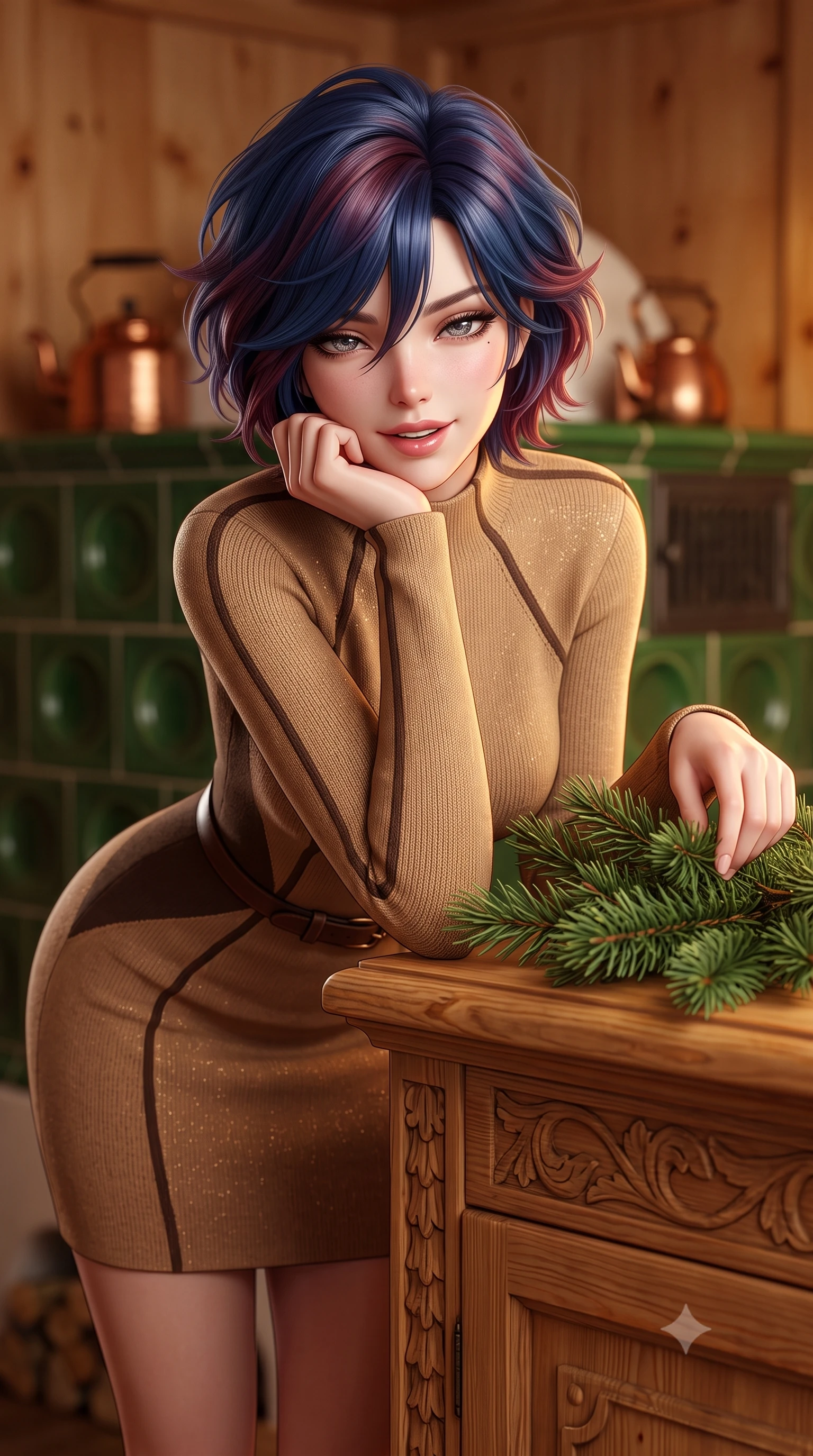 score_9, masterpiece, best quality, ultra-detailed, high-budget anime keyframe, semi-realistic 3D game render, editorial fashion photography, tasteful artistic composition, Korean woman. close-up cowboy shot from the waist and thighs up, the character dominates the composition, filling the frame with her large presence. resting one elbow on the table and supporting her chin, leaning close to the camera with heavy-lidded sparkling eyes and parted lips while standing poised at the hand-carved Arvenholz pine dining credenza, arranging fragrant winter pine branches with graceful domestic poise. The background shows a soft-focus hand-carved Swiss stone pine wood walls, painted green ceramic stove tiles, and copper kettles blurred into warm honey, forest green, and amber bokeh. She has an exceptionally elegant, slender, and willowy female figure with an ultra-slim waist, flat toned midriff, narrow ribcage, and sculpted feminine hips creating an alluring, slim hourglass silhouette without bulk. sharp v-shaped jawline, high-bridge nose, intricate jewel-like sparkling eyes with depth, thick eyelashes, glossy parted lips with a natural peach sheen, bright cheerful beaming smile with an enchanting and coquettish sensual glint, exuding both youthful cute charm and seductive allure, flawlessly proportioned anatomical accuracy, strict slender model proportions, natural body alignment, perfectly sculpted long slender limbs, ultra-slim waistline, clean dynamic posture without body distortion. wearing a sculpted double-faced wool knit dress with sleek architectural seam lines accentuating her flat midriff and feminine hips in Saint-Germain camel wool and warm espresso, woven from stretch metallic lurex knit casting subtle luminous champagne glints across her contours, finished with a slim equestrian bridle-leather belt cinched tightly at the narrowest point of her waist, the liquid-tight tailored fabric clinging flawlessly to her narrow waist and rounded feminine hips, emphasizing every millimeter of her sculpted slim hourglass curves without any bulky heaviness. illuminated by honey pine wall reflection bounce and warm buttery rim lights sculpting her features and slender hourglass curves. highly saturated vibrant anime colors, detailed shading with soft gradients, rich glossy textures, high-contrast stereoscopic depth, volumetric dynamic lighting, master piece, 9:16 ratio