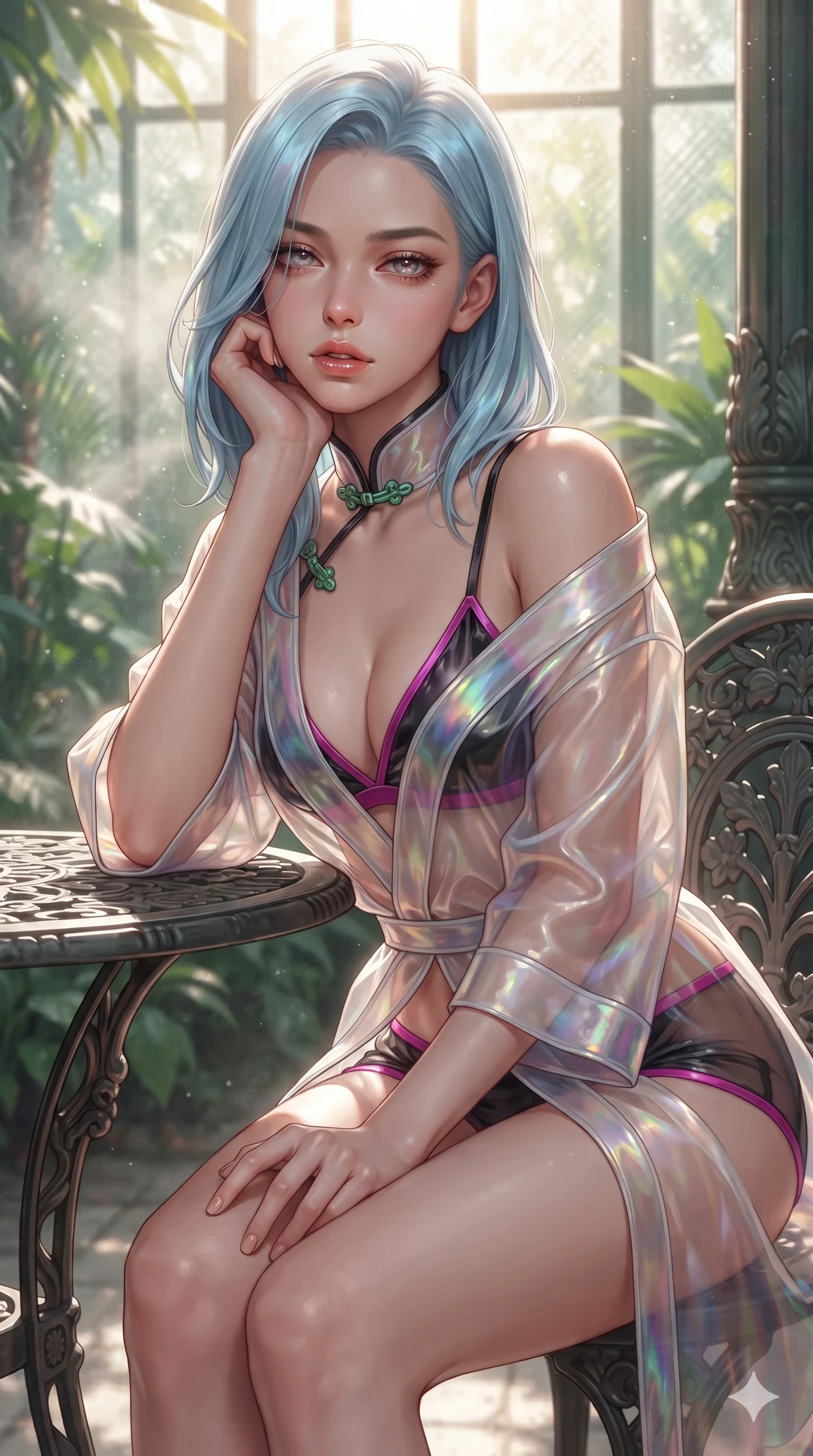 score_9, masterpiece, best quality, ultra-detailed, high-budget anime keyframe, editorial fashion photography, tasteful artistic composition, Korean woman. close-up cowboy shot from the waist and thighs up, the character dominates the composition, filling the frame with her large presence. resting one elbow on the table and supporting her chin, leaning close to the camera with heavy-lidded sparkling eyes and parted lips while leaning against the decorative cast-iron conservatory pillar with hips cocked back, gazing through the lush tropical foliage with smoldering eyes. The background shows a soft-focus humid conservatory tropical mist softened in glass winter garden shallow focus. She has an exceptionally elegant, slender, and willowy female figure with an ultra-slim waist, flat toned midriff, narrow ribcage, and sculpted feminine hips creating an alluring, slim hourglass silhouette without bulk. sharp v-shaped jawline, high-bridge nose, intricate jewel-like sparkling eyes with depth, thick eyelashes, glossy parted lips with a natural sheen, intensely captivating and seductive bedroom-eyes expression, exuding both youthful cute charm and sovereign luxury allure, flawlessly proportioned anatomical accuracy, strict slender model proportions, natural body alignment, perfectly sculpted long slender limbs, ultra-slim waistline, clean dynamic posture without body distortion. wearing a translucent iridescent organza kimono robe slipping off bare shoulders over a matching satin micro-bralette and micro-shorts in black lacquer and vibrant magenta neon, featuring strategic sheer-illusion tulle side panels framing her ribcage and hips, finished with sleek jade frog closures glinting along her high collar, the high-slit wrap tailoring accentuating her ultra-slim waistline and the enchanting curve of her feminine hips with alluring seductive charm. bathed in the radiant, sun-drenched greenhouse light filtering through textured glass panes creating high-contrast dappled highlights. ultra-reflective glossy finish, specular highlights, rich textural contrasts, high-contrast stereoscopic depth, volumetric dynamic lighting, 2k, ultra detail, master piece, 9:16 ratio