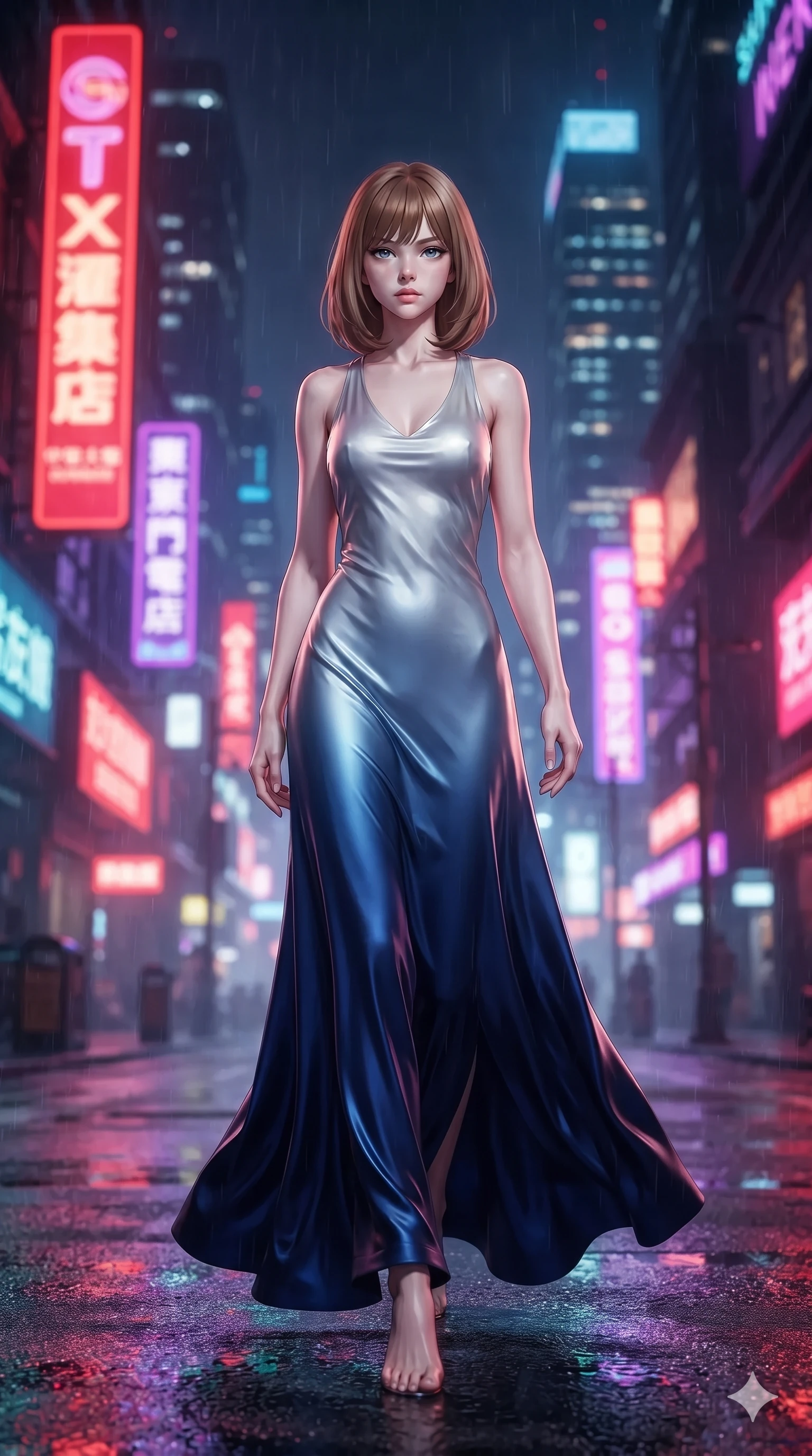 score_9, masterpiece, best quality, ultra-detailed, high-budget anime keyframe, editorial fashion photography, tasteful artistic composition, Caucasian woman. low angle full-body shot from head to toe showing her feet, filling the entire 9:16 vertical frame with her statuesque presence, stretching her vertical silhouette. stepping slowly toward the camera with hypnotic grace, hips swaying in an alluring sensual rhythm that accentuates her curvy hourglass silhouette and long slender legs while twisting her slender torso in an alluring contrapposto, vibrant scarlet and violet billboard reflections tracing her flat midriff and hourglass curves. The background shows a soft-focus colossal vertical neon Chinese character signs, illuminated skyscrapers, and dense flying rain mist blurred into scarlet, violet, and obsidian bokeh. She has an exceptionally tall and slender model-like 8.5-heads proportion, an ultra-slim waist, a flat toned midriff, narrow delicate ribcage, and beautifully sculpted feminine hips creating a graceful, slim hourglass silhouette without any bulky heaviness, with impossibly long slender legs. sharp v-shaped jawline, high-bridge nose, intricate jewel-like sparkling eyes with depth, thick eyelashes, glossy parted lips with a natural sheen, intensely captivating and seductive bedroom-eyes expression, exuding both youthful cute charm and sovereign luxury allure, flawlessly proportioned anatomical accuracy, strict slender model proportions, natural body alignment, perfectly sculpted long slender limbs, ultra-slim waistline, clean dynamic posture without body distortion. wearing a liquid-silk jersey evening gown with an ultra-deep plunging open back descending to the base of her spine and a sculpted hip-hugging skirt in midnight sapphire blue and liquid platinum, tailored from heavy double-faced silk georgette with an exceptionally fluid drape, featuring an open-back criss-cross harness strap in dark leather, the bespoke structured tailoring following the natural line of her 8.5-heads silhouette with refined elegance. illuminated by rain puddle bounce and sharp scarlet-violet rim lights sculpting her razor-sharp jawline, narrow waist, and curvy hips. ultra-reflective glossy finish, specular highlights, rich textural contrasts, high-contrast stereoscopic depth, volumetric dynamic lighting, 2k, ultra detail, master piece, 9:16 ratio