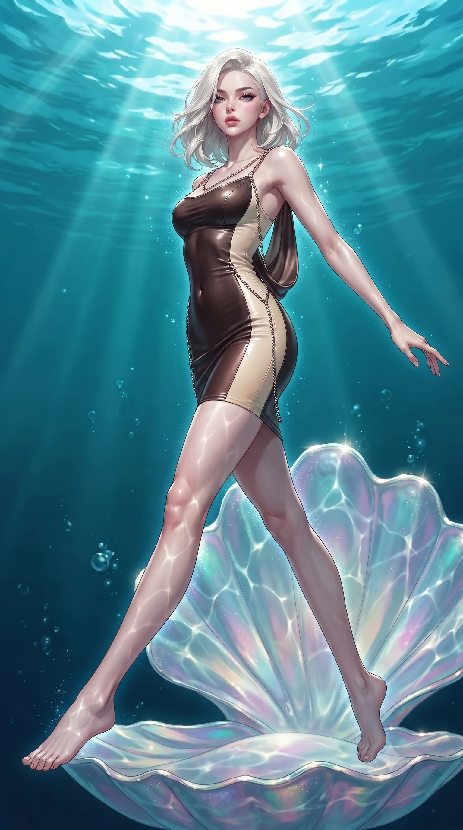 score_9, masterpiece, best quality, ultra-detailed, high-budget anime keyframe, editorial fashion photography, tasteful artistic composition, Caucasian woman. low angle full-body shot from head to toe showing her feet, filling the entire 9:16 vertical frame with her statuesque presence, stretching her vertical silhouette. leaping gracefully through the environment with statuesque elegance and long slender legs poised on an abyssal prism shell throne bathed in sunlit ocean rays, golden sunbeams penetrating deep turquoise water creating caustic light patterns. She has an absolutely perfect, statuesque 8.5-heads proportion, an exceptionally tall and slender model-like female figure with impossibly long slender legs and an ultra-slim waist. sharp v-shaped jawline, high-bridge nose, intricate jewel-like eyes with depth, thick eyelashes, glossy lips with a natural sheen. wearing a precision-fitted liquid jersey bodycon dress with a draped back in espresso brown and warm cream, formed from sleek second-skin neoprene, adorned with delicate metallic chain straps along the neckline, the form-contouring material highlighting her ultra-slim waist and long lines. surrounded by a shimmering ocean aura with bright pearl-white rim lights. highly saturated vibrant anime colors, detailed shading with soft gradients, rich glossy textures, high-contrast stereoscopic depth, volumetric dynamic lighting, master piece, 9:16 ratio