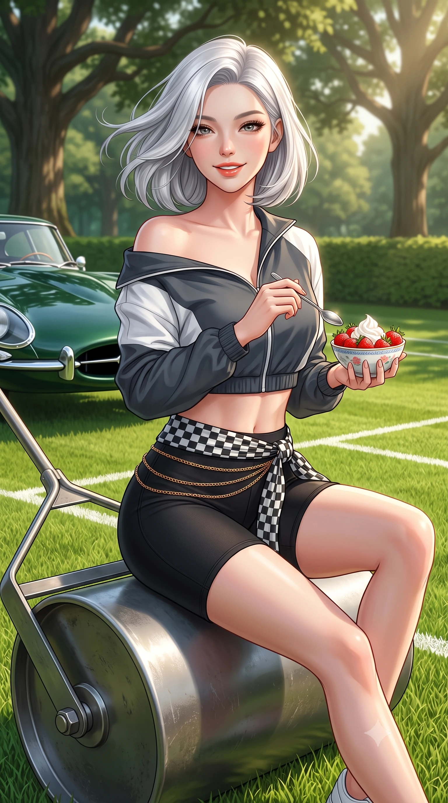 score_9, masterpiece, best quality, ultra-detailed, high-budget anime keyframe, semi-realistic 3D game render, editorial fashion photography, tasteful artistic composition, Korean woman. close-up cowboy shot from the waist and thighs up, the character dominates the composition, filling the frame with her large presence. turning slowly with a smoldering smile, her glossy hair tossing in the breeze as her hips angle gracefully in a captivating contrapposto while sitting gracefully on the grass court roller with legs extended, holding a bowl of fresh strawberries and cream with effortless old-money charm. The surrounding environment is rendered in vivid detail and crisp panoramic clarity: sharp cut grass blade textures, chalk line demarcations, and vintage Jaguar chrome bumper reflections in deep focus. She has an exceptionally elegant, slender, and willowy female figure with an ultra-slim waist, flat toned midriff, narrow ribcage, and sculpted feminine hips creating an alluring, slim hourglass silhouette without bulk. sharp v-shaped jawline, high-bridge nose, sparkling eyes with athletic focus and depth, thick curled eyelashes, glossy parted lips with a natural coral-peach sheen, bright confident and coquettish smile with alluring bedroom-eyes, exuding both youthful sporty vigor and sovereign high-society glamour, flawlessly proportioned anatomical accuracy, strict slender model proportions, natural body alignment, perfectly sculpted long slender limbs, ultra-slim waistline, clean dynamic posture without body distortion. wearing an asymmetric off-shoulder cropped windbreaker jacket paired with tight high-waisted biker shorts and a checkered waist sash in speedway charcoal slate and optic white accents, made of second-skin technical compression piqué knit with moisture-wicking stretch, accented with a delicate gold chain belt resting loosely on her curvy hips, the form-contouring athletic cut accentuating her sculpted flat midriff, narrow delicate ribcage, and gracefully curvy hips with supermodel precision. bathed in soft warm English afternoon sunlight filtering through stately oak trees. highly saturated vibrant anime colors, detailed shading with soft gradients, rich glossy textures, high-contrast stereoscopic depth, volumetric dynamic lighting, master piece, 9:16 ratio