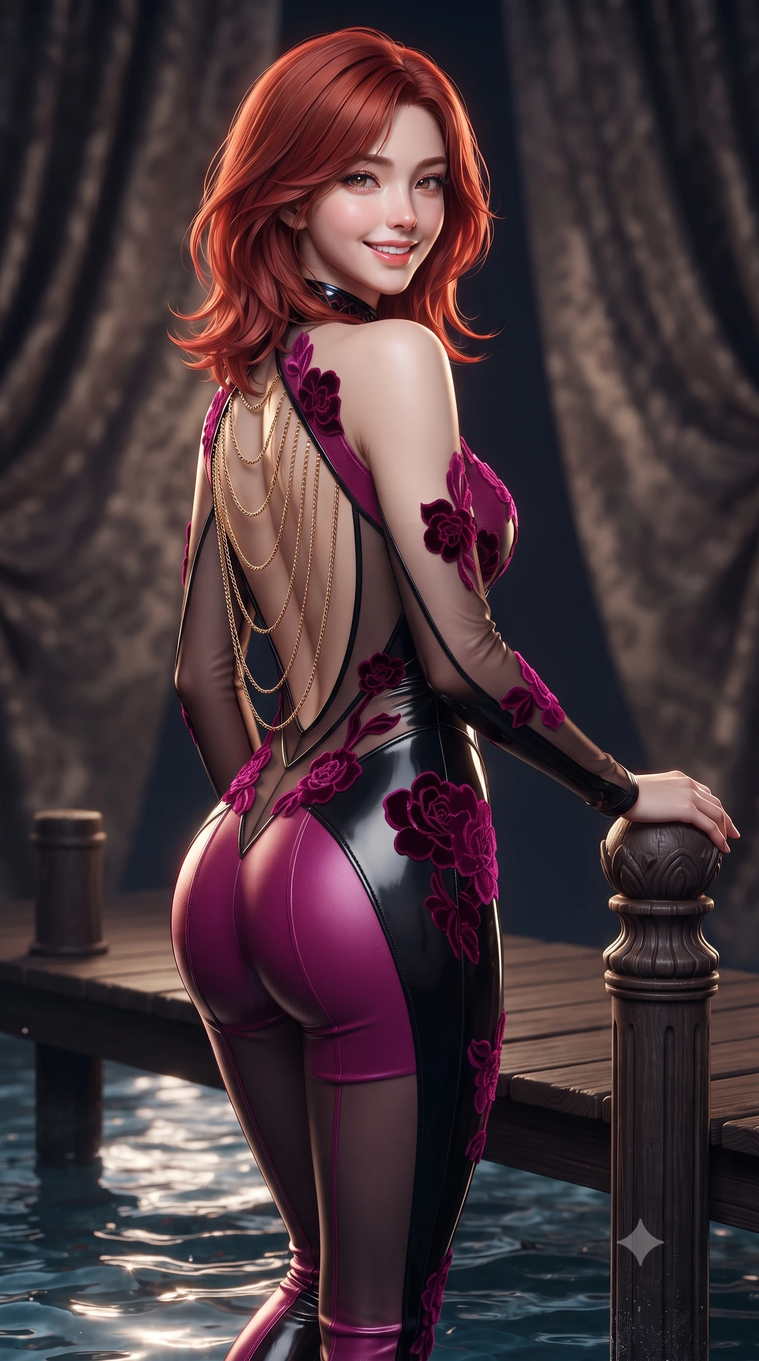 score_9, masterpiece, best quality, ultra-detailed, high-budget anime keyframe, editorial fashion photography, tasteful artistic composition, Korean woman. close-up cowboy shot from the waist and thighs up, the character dominates the composition, filling the frame with her large presence. posing in an alluring rear three-quarter angle, looking over a bare shoulder with parted glossy lips, her hips cocked back to highlight her slim hourglass curve while standing poised on the wooden pontoon with one hand resting on the carved mooring post, her hips cocked back as water ripples beneath. The background shows a soft-focus flowing damask throws softened in intimate midnight voyage shallow focus. She has an exceptionally elegant, slender, and willowy female figure with an ultra-slim waist, flat toned midriff, narrow ribcage, and sculpted feminine hips creating an alluring, slim hourglass silhouette without bulk. sharp v-shaped jawline, high-bridge nose, intricate jewel-like sparkling eyes with depth, thick eyelashes, glossy parted lips with a natural peach sheen, bright cheerful beaming smile with an enchanting and coquettish sensual glint, exuding both youthful cute charm and seductive allure, flawlessly proportioned anatomical accuracy, strict slender model proportions, natural body alignment, perfectly sculpted long slender limbs, ultra-slim waistline, clean dynamic posture without body distortion. wearing a provocative sheer mesh catsuit with strategic velvet floral appliqués contouring her slender hourglass frame in Gangnam electric magenta noir and glossy onyx, woven from buttery-soft stretch lambskin leather adhering to her body like a second skin, accented with an open-back drape framed by falling strands of delicate gold chains, the high-slit wrap tailoring accentuating her ultra-slim waistline and the enchanting curve of her feminine hips with alluring seductive charm. illuminated by water surface specular bounce and sharp flame-gold rim lights defining her razor-sharp jawline, narrow waist, and curvy hips. ultra-reflective glossy finish, specular highlights, rich textural contrasts, high-contrast stereoscopic depth, volumetric dynamic lighting, 2k, ultra detail, master piece, 9:16 ratio