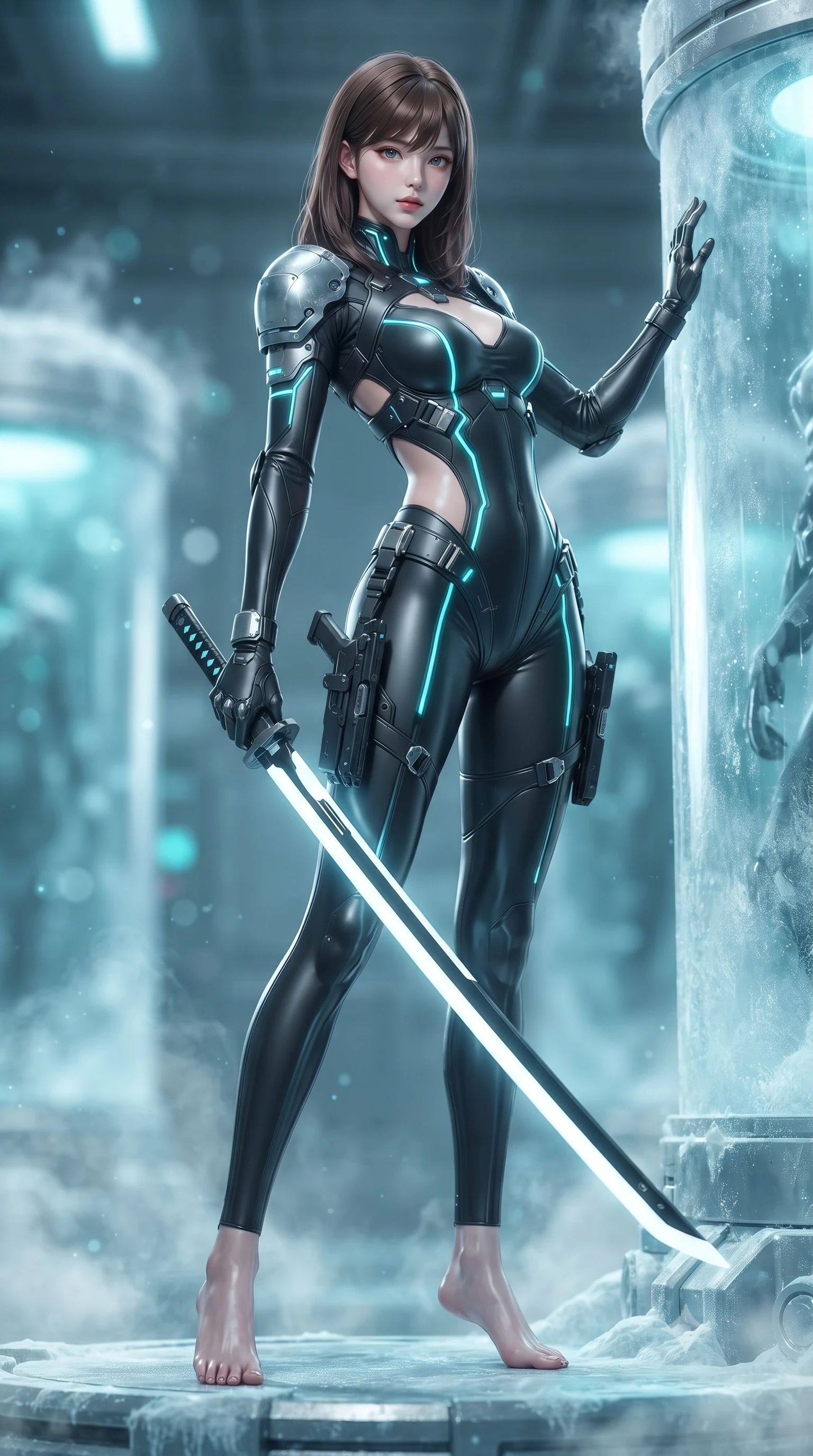 score_9, masterpiece, best quality, ultra-detailed, high-budget anime keyframe, editorial fashion photography, tasteful artistic composition, Korean woman. low angle full-body shot from head to toe showing her feet, filling the entire 9:16 vertical frame with her statuesque presence, stretching her vertical silhouette. arching her spine in a fluid zero-gravity combat turn with sovereign grace, her long slender legs and sculpted torso creating a sweeping line of power while resting against a frozen stasis pod with the spear grounded, casting a cool, smoldering gaze through ice-crystal mist. The composition keeps background elements in soft focus with creamy bokeh. drifting cryogenic frost vapor and frozen laboratory glass pods blurred into radiant cyan, silver, and pale blue bokeh. She has an absolutely perfect, statuesque 8.5-heads proportion, an exceptionally tall and slender model-like female figure with impossibly long slender legs, a toned flat midriff, and an ultra-slim waist. sharp v-shaped jawline, high-bridge nose, intricate jewel-like eyes with depth, thick eyelashes, glossy lips with a natural sheen, flawlessly proportioned anatomical accuracy, strict slender model proportions, natural body alignment, perfectly sculpted long slender limbs, ultra-slim waistline, clean dynamic posture without body distortion. wearing an aerodynamic matte-black carbon-fiber bodysuit with glowing neon cyan conduit lines, reinforced by polished titanium pauldrons, wielding a sleek holographic plasma katana with a brilliant energy blade in monochrome white enamel carbon with high-contrast black panels, tailored from flexible second-skin carbon-mesh that clings flawlessly to her athletic curves, detailed with magnetic weapon holsters and polished chrome connection clasps, the form-contouring material adhering flawlessly to her sculpted flat midriff and slender torso, emphasizing her long leg lines and perfectly proportioned willowy build. illuminated by crisp specular ice refractions outlining her ultra-slim waist, long legs, and flat midriff. ultra-reflective glossy finish, specular highlights, dark metallic sheen, high-contrast stereoscopic depth, volumetric dynamic lighting, 2k, ultra detail, master piece, 9:16 ratio