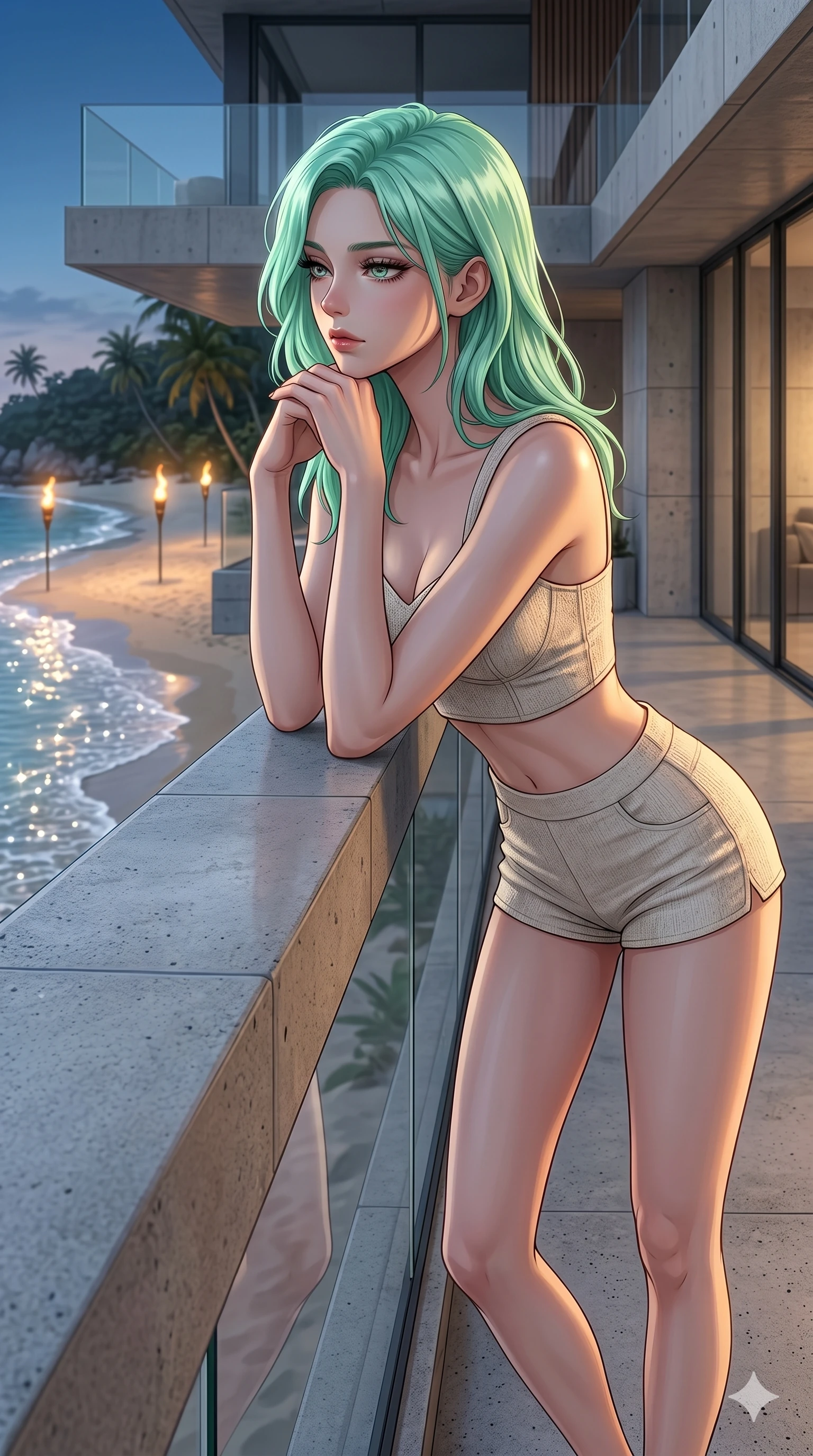 score_9, masterpiece, best quality, ultra-detailed, high-budget anime keyframe, editorial fashion photography, tasteful artistic composition, Japanese woman. cowboy shot from the thighs up, character and outfit filling the frame for maximum editorial presence. resting her chin on the backs of her fingers, casting a heavy-lidded gaze in the sunlight on a modern concrete balcony overlooking a sparkling beach cove (Code-P19-101). She has an absolutely perfect 8-heads proportion, an exceptionally tall and slender female figure with impossibly long slender legs and an ultra-slim waist. V-shaped jawline, high-bridge nose, intricate jewel-like eyes with depth, thick eyelashes, glossy lips with a natural sheen. wearing a crop top showing her bare midriff and micro-shorts in organic cotton. warm golden light from the beach torches, tracing the elegant curves of her neck. 2k, ultra detail, master piece, 9:16 ratio