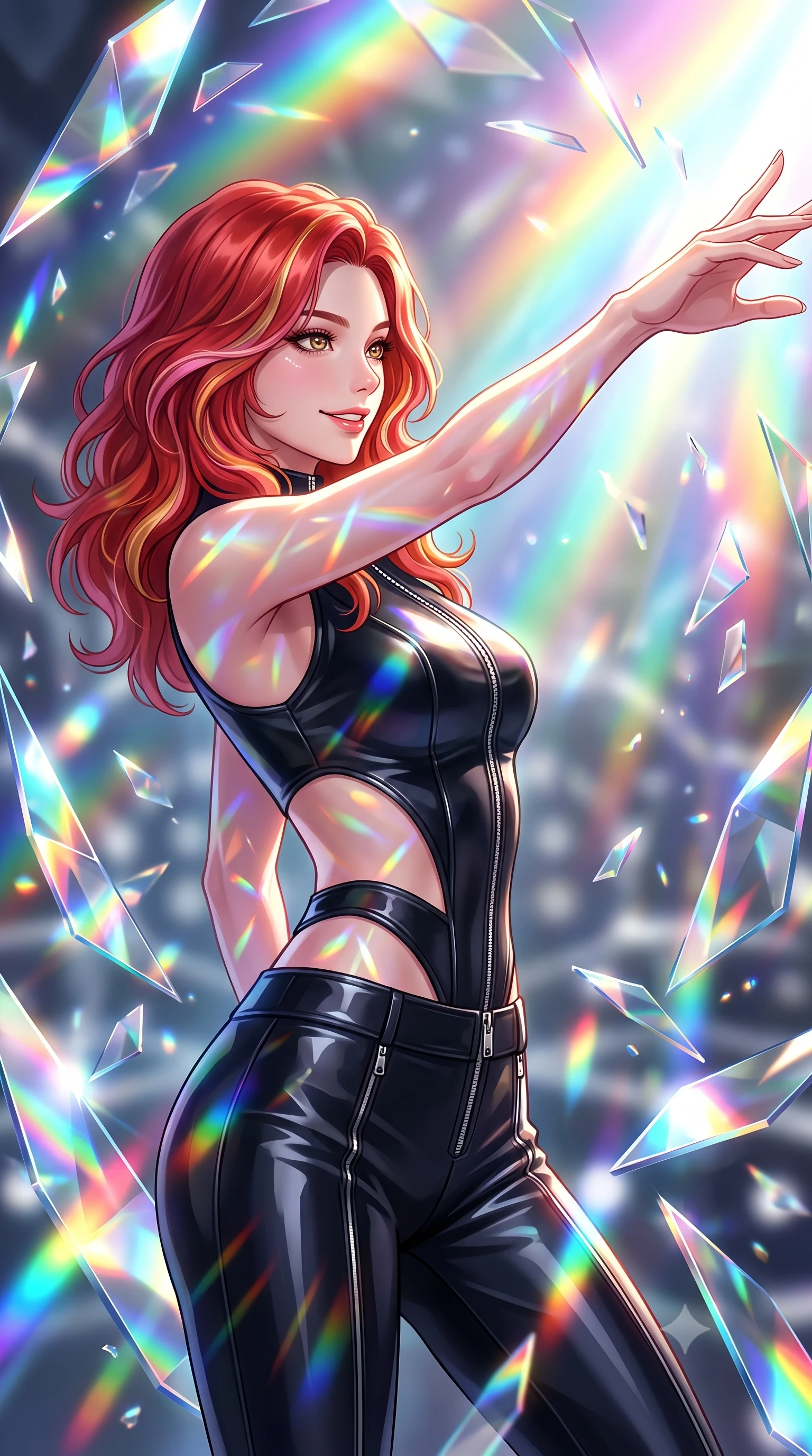 score_9, masterpiece, best quality, ultra-detailed, high-budget anime keyframe, editorial fashion photography, tasteful artistic composition, Caucasian woman. close-up cowboy shot from the waist and thighs up, the character dominates the composition, filling the frame with her large presence, background elements kept in soft focus. Extending one arm in an elegant stretch toward the light while smiling with magnetic self-assurance while turning in a sharp dynamic profile while surrounded by rotating shattered mirror shards, a kaleidoscope of refractions forming geometric light patterns on her skin. She has an exceptionally elegant, slender, and willowy female figure with an ultra-slim waist, a gracefully sculpted slender torso, and a refined silhouette. sharp v-shaped jawline, high-bridge nose, intricate jewel-like eyes with depth, thick eyelashes, glossy lips with a natural sheen, flawlessly proportioned anatomical accuracy, natural body alignment, perfectly sculpted elegant limbs, clean dynamic posture without body distortion. wearing a glossy vinyl crop top and high-waist tailored leggings with sleek zippers in matte black and polished silver, crafted from smooth liquid silk, featuring clean architectural cutouts along her slender torso, the sleek second-skin texture accentuating her magnetic presence. bathed in brilliant multi-color rainbow light refracting through mirror fragments. highly saturated vibrant anime colors, detailed shading with soft gradients, rich glossy textures, high-contrast stereoscopic depth, volumetric dynamic lighting, master piece, 9:16 ratio