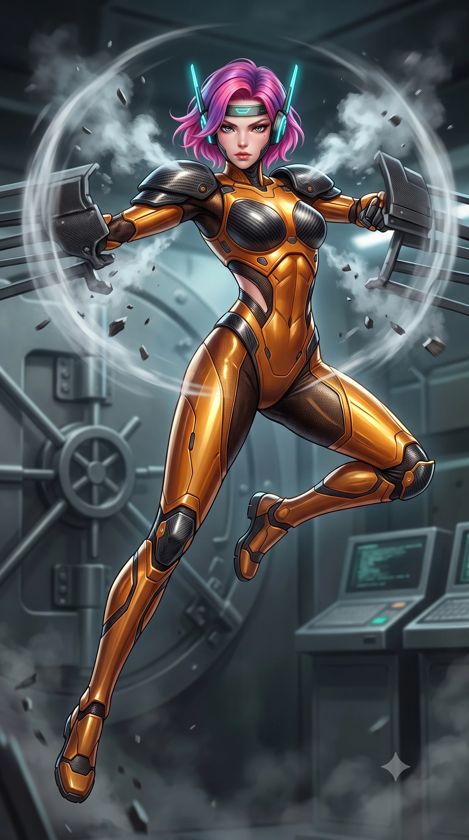 score_9, masterpiece, best quality, ultra-detailed, high-budget anime keyframe, semi-realistic 3D game render, editorial fashion photography, tasteful artistic composition, Caucasian woman. low angle full-body shot from head to toe showing her feet, filling the entire 9:16 vertical frame with her statuesque presence, stretching her vertical silhouette. leaping into mid-air with an athletic yet alluring arch of her spine, driving a downward kinetic strike surrounded by a ring of displaced air while pivoting dynamically through escaping coolant steam as her heavy carbon shoulder guards smash through steel barricades. The composition keeps background elements in soft focus with creamy bokeh. heavy vault door mechanisms and security terminal consoles softened in moody atmospheric depth. She has an absolutely perfect, statuesque 8.5-heads proportion, an exceptionally tall and slender model-like female figure with impossibly long slender legs, a toned flat midriff, and an ultra-slim waist. sharp v-shaped jawline, high-bridge nose, intricate jewel-like eyes with depth, thick eyelashes, glossy lips with a natural sheen, fierce and resolute heroine expression, flawlessly proportioned anatomical accuracy, strict slender model proportions, natural body alignment, perfectly sculpted long slender limbs, ultra-slim waistline, clean dynamic posture without body distortion. wearing a lightweight carbon-fiber tactical sensory headpiece with glowing cyan ear-antennae and an ultra-thin forehead HUD brow-band, paired with a form-contouring high-mobility battle-suit featuring sculpted carbon chest plating, diagonal midriff ventilation cutouts, and kinetic knee vambraces in molten amber-gold carbon cuirass with dark gunmetal weave, crafted from semi-translucent cybernetic carbon-vinyl interwoven with glowing micro-filaments, finished with high-mobility flexible armor articulation seams and miniature magnetic locks, the liquid-tight tailored fabric emphasizing every curve of her tall, slender model proportions and sculptured silhouette during dynamic movement. surrounded by an unstoppable, royal, and fiercely triumphant lone survivor empress aura. rich saturated anime colors with glowing neon highlights, detailed shading with soft gradients, rich glossy textures, high-contrast stereoscopic depth, volumetric dynamic lighting, master piece, 9:16 ratio