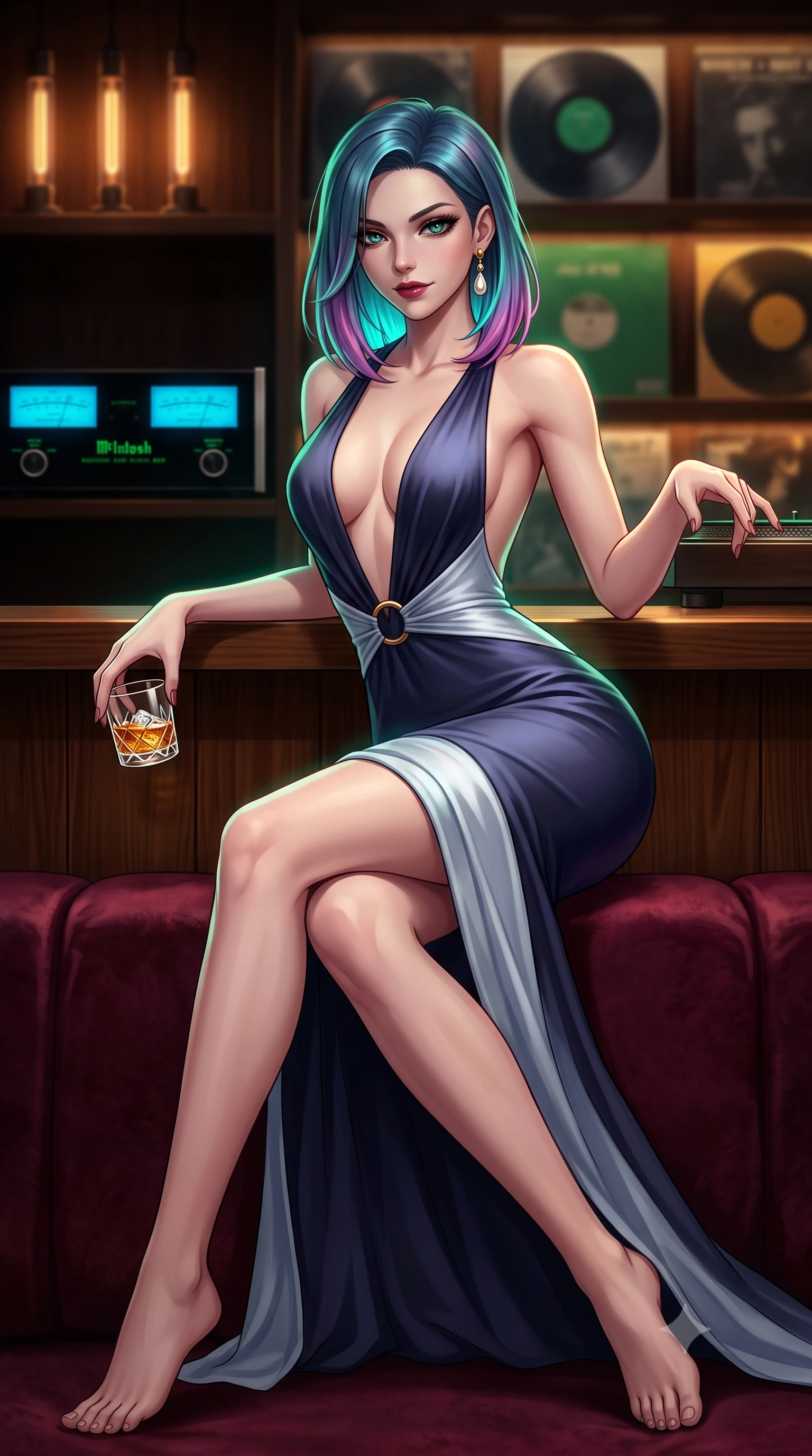 score_9, masterpiece, best quality, ultra-detailed, high-budget anime keyframe, semi-realistic 3D game render, editorial fashion photography, tasteful artistic composition, Caucasian woman. low angle full-body shot from head to toe showing her feet, filling the entire 9:16 vertical frame with her statuesque presence, stretching her vertical silhouette. reclining languidly across the velvet banquette with one knee bent and hips angled toward the camera, displaying her toned midriff and long slender limbs with effortless sensual charisma while leaning against the warm wooden listening counter holding a whiskey glass, her smoldering gaze holding the lens with magnetic intensity. The composition keeps background elements in soft focus with dreamy creamy bokeh. glowing green McIntosh amplifier dials, rows of vintage vinyl record sleeves, and amber tube lights blurred into warm emerald, amber, and charcoal bokeh. She has an exceptionally tall and slender model-like 8.5-heads proportion, an ultra-slim waist, a flat toned midriff, narrow delicate ribcage, and beautifully sculpted feminine hips creating a graceful, slim hourglass silhouette without any bulky heaviness, with impossibly long slender legs. sharp v-shaped jawline, high-bridge nose, intricate jewel-like dark sparkling eyes with dangerous depth, thick curled eyelashes, glossy parted lips with a rich wine sheen, smoldering seductive half-smile with bedroom-eyes, exuding effortless superiority and intoxicating dark allure, flawlessly proportioned anatomical accuracy, strict slender model proportions, natural body alignment, perfectly sculpted long slender limbs, ultra-slim waistline, clean dynamic posture without body distortion. wearing a deep plunging-V silk jersey evening gown with an open back scoop and waist-cinching gold ring in midnight indigo and icy platinum, tailored from fine lightweight midnight wool crepe with crisp architectural structure, accented with a single dangling baroque pearl earring reflecting the amber glow, the high-waisted tailoring accentuating her ultra-slim waistline and the enchanting curve of her feminine hips with alluring dark charm. illuminated by focused spotlight key lights and subtle emerald rim lighting sharply defining her razor-sharp jawline, narrow waist, and curvy hips. highly saturated vibrant anime colors, detailed shading with soft gradients, rich glossy textures, high-contrast stereoscopic depth, volumetric dynamic lighting, master piece, 9:16 ratio