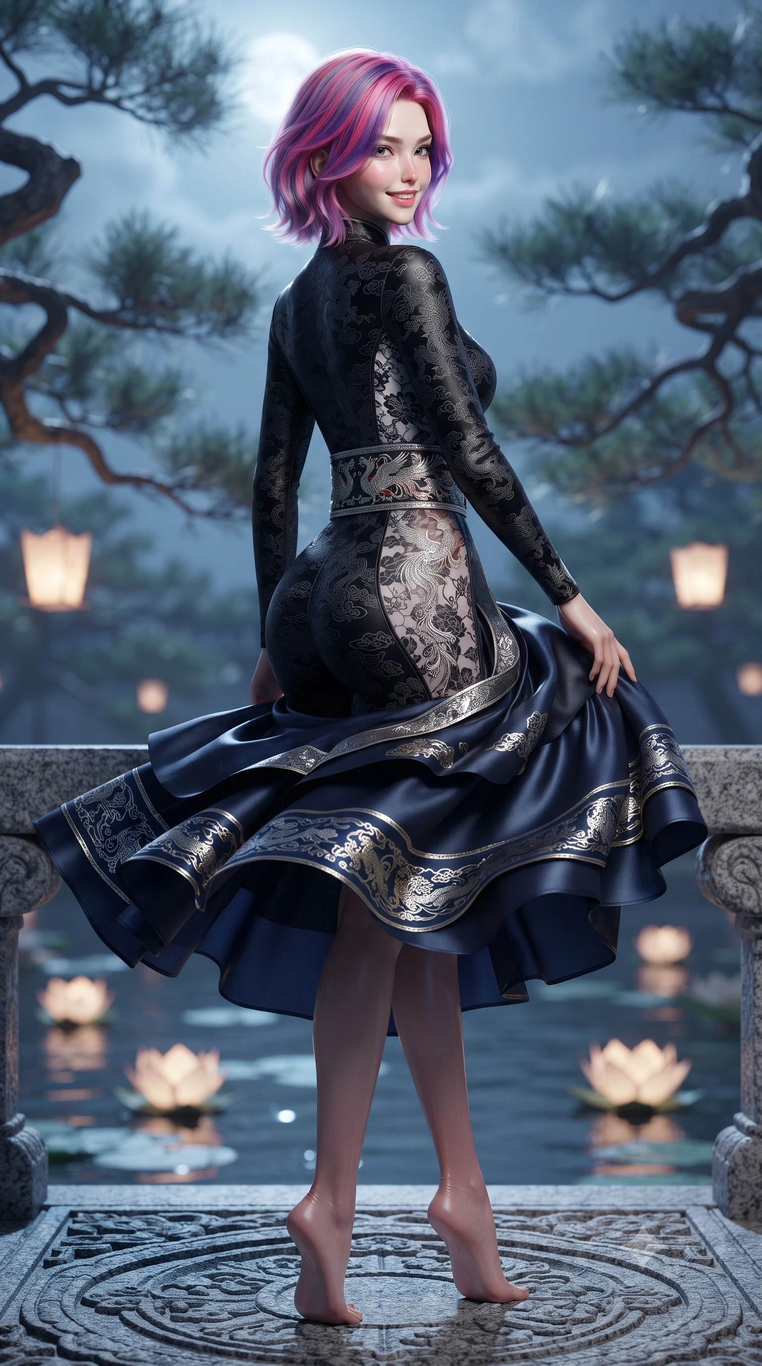 score_9, masterpiece, best quality, ultra-detailed, high-budget anime keyframe, editorial fashion photography, tasteful artistic composition, Caucasian woman. low angle full-body shot from head to toe showing her feet, filling the entire 9:16 vertical frame with her statuesque presence, stretching her vertical silhouette. executing a graceful dancer pivot turn as her layered silk chima skirt flutters around her slender legs, glancing over her shoulder with an intoxicating bedroom-gaze while sitting gracefully on the carved granite terrace of Buyongjeong pavilion above the tranquil lotus pond, arching her back with timeless regal grace under cold moonlight. The background shows a soft-focus ancient gnarled pine branches and floating paper lotus lanterns softened in royal Joseon shallow focus. She has an absolutely perfect, statuesque 8.5-heads proportion, an exceptionally tall and slender model-like female figure with impossibly long slender legs, an ultra-slim waist, a flat toned midriff, narrow delicate ribcage, and beautifully sculpted feminine hips creating a graceful, slim hourglass silhouette without any bulky heaviness. sharp v-shaped jawline, high-bridge nose, intricate jewel-like dark sparkling almond eyes with depth, thick lashes, glossy parted lips with a natural rose-plum sheen, bright alluring and coquettish smile with bedroom-eyes, exuding both timeless oriental elegance and sovereign high-fashion allure, flawlessly proportioned anatomical accuracy, strict slender model proportions, natural body alignment, perfectly sculpted long slender limbs, ultra-slim waistline, clean dynamic posture without body distortion. wearing a second-skin black silk jersey catsuit with delicate oriental floral lace panels along the ribs and thighs in stark monochrome black and white ink contrast, made of rich jacquard silk with intricate embossed dragon and cloud motifs, finished with a wide metallic obi sash with intricate embroidered phoenix motifs, the form-fitting tailored bodice adhering flawlessly to her sculpted flat midriff and slender torso, emphasizing her long leg lines and perfectly proportioned willowy build. illuminated by warm paper lantern reflections on the pond water and sharp platinum rim lights defining her razor-sharp jawline, narrow waist, and curvy hips. ultra-reflective glossy finish, specular highlights, rich textural contrasts, high-contrast stereoscopic depth, volumetric dynamic lighting, 2k, ultra detail, master piece, 9:16 ratio