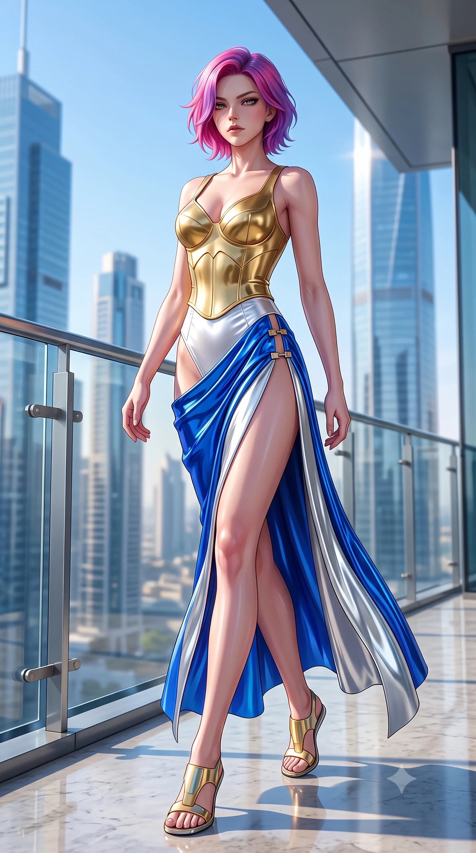 score_9, masterpiece, best quality, ultra-detailed, high-budget anime keyframe, semi-realistic 3D game render, editorial fashion photography, tasteful artistic composition, Caucasian woman. low angle full-body shot from head to toe showing her feet, filling the entire 9:16 vertical frame with her statuesque presence, stretching her vertical silhouette. striding forward in a proud, statuesque motion with a dangerous smolder, her vertical silhouette dominating the frame from head to toe while pivoting dynamically near a sleek glass balcony railing overlooking a radiant sunlit metropolis skyline. The composition keeps background elements in soft focus with creamy bokeh. sunlit skyscraper towers and clear blue skies blurred into bright, clean high-key urban bokeh. She has an absolutely perfect, statuesque 8.5-heads proportion, an exceptionally tall and slender model-like female figure with impossibly long slender legs, a toned flat midriff, and an ultra-slim waist. sharp v-shaped jawline, high-bridge nose, intricate jewel-like eyes with depth, thick eyelashes, glossy lips with a natural sheen, flawlessly proportioned anatomical accuracy, strict slender model proportions, natural body alignment, perfectly sculpted long slender limbs, ultra-slim waistline, clean dynamic posture without body distortion. wearing a sculpted golden breastplate bodice paired with high-cut white satin briefs and a fluid draped side skirt in liquid electric cobalt blue and polished silver, formed from high-gloss patent material with specular light reflections, finished with an ultra-high side slit secured by miniature magnetic clasps, the glove-like aerodynamic second-skin fit tightly clinging to her ultra-slender waist and athletic curves without adding bulk, accentuating her razor-sharp statuesque lines and slim hourglass silhouette. surrounded by a hyper-clean, sophisticated, and ultra-chic luxury editorial aura. highly saturated vibrant anime colors, detailed shading with soft gradients, rich glossy textures, high-contrast stereoscopic depth, volumetric dynamic lighting, master piece, 9:16 ratio
