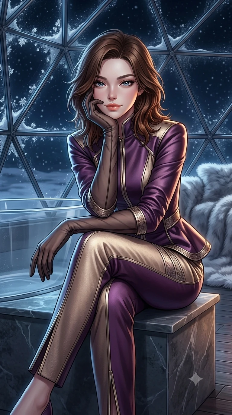 score_9, masterpiece, best quality, ultra-detailed, high-budget anime keyframe, semi-realistic 3D game render, editorial fashion photography, tasteful artistic composition, Korean woman. close-up cowboy shot from the waist and thighs up, the character dominates the composition, filling the frame with her large presence. resting one elbow on the acrylic tub ledge and supporting her chin, leaning close to the camera with heavy-lidded sparkling eyes and parted lips while sitting gracefully on the raised soapstone hearth with legs crossed, gazing through frosted glass facets at the arctic night sky with smoldering eyes. The surrounding environment is rendered in vivid detail and crisp panoramic clarity: sharp geodesic steel frame nodes, snow crystal facets clinging to heated exterior glass panes, and plush polar faux-fur fibers in deep focus. She has an exceptionally elegant, slender, and willowy female figure with an ultra-slim waist, flat toned midriff, narrow ribcage, and sculpted feminine hips creating an alluring, slim hourglass silhouette without bulk. sharp v-shaped jawline, high-bridge nose, sparkling eyes with hypnotic seductive depth, thick curled eyelashes, glossy parted lips with a natural dewy peach sheen, alluring bedroom-eyes with an enchanting coquettish smile, exuding magnetic siren charisma and sophisticated glamour, flawlessly proportioned anatomical accuracy, strict slender model proportions, natural body alignment, perfectly sculpted long slender limbs, ultra-slim waistline, clean dynamic posture without body distortion. wearing a structured cybernetic high-collar satin peplum jacket paired with high-waisted tailored cigarette pants in frosted plum violet and brushed champagne gold, tailored from double-faced cashmere and virgin wool with a pristine velvety brushed finish, complemented by sheer opera-length evening gloves tracing her slender arms, the bespoke structured tailoring following the natural line of her 8.5-heads silhouette with refined elegance. illuminated by snowy ground reflection fill and sharp icy-platinum rim lights defining her razor-sharp jawline, narrow waist, and curvy hips. highly saturated vibrant anime colors, detailed shading with soft gradients, rich glossy textures, high-contrast stereoscopic depth, volumetric dynamic lighting, master piece, 9:16 ratio