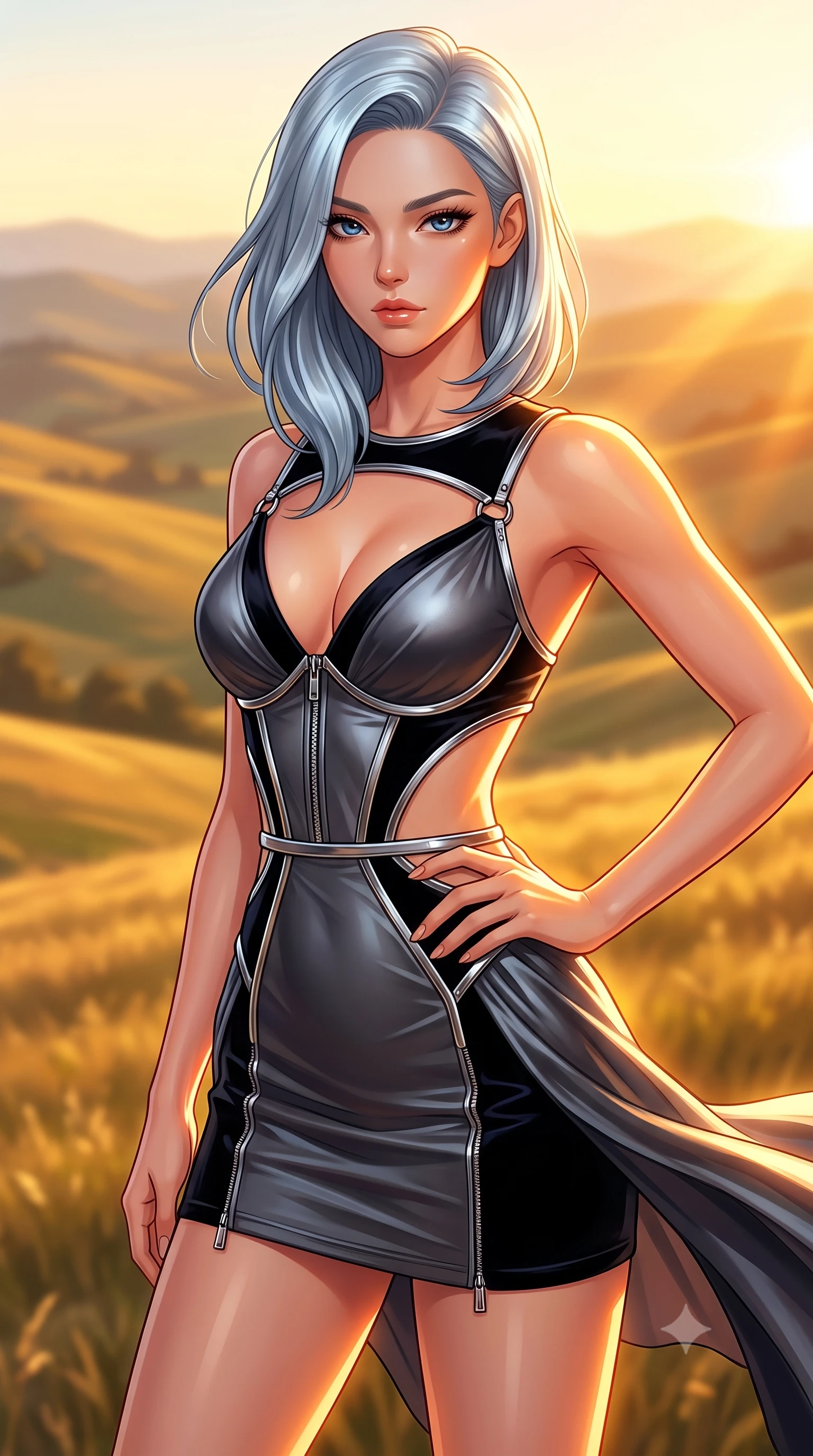 score_9, masterpiece, best quality, ultra-detailed, high-budget anime keyframe, editorial fashion photography, tasteful artistic composition, Korean woman. close-up cowboy shot from the waist and thighs up, the character dominates the composition, filling the frame with her large presence, background elements kept in soft focus. Holding a confident power pose with one hand on her hip, looking out over rolling golden hills as evening wind trails move her silk dress, intense golden-hour sunbeams casting warm amber light across her skin. She has an exceptionally elegant, slender, and willowy female figure with an ultra-slim waist, a gracefully sculpted slender torso, and a refined silhouette. sharp v-shaped jawline, high-bridge nose, intricate jewel-like eyes with depth, thick eyelashes, glossy lips with a natural sheen. wearing dramatic architectural open-waist cutout mini dress in dark velvet framed by chrome hardware in pitch-black onyx, made of liquid dark mercury jersey, finished with metallic silver boning and sleek zipper points, contouring every curve with an exceptionally elegant silhouette. surrounded by a radiant sunset ambiance with bright golden rim lights. highly saturated vibrant anime colors, detailed shading with soft gradients, rich glossy textures, high-contrast stereoscopic depth, volumetric dynamic lighting, master piece, 9:16 ratio