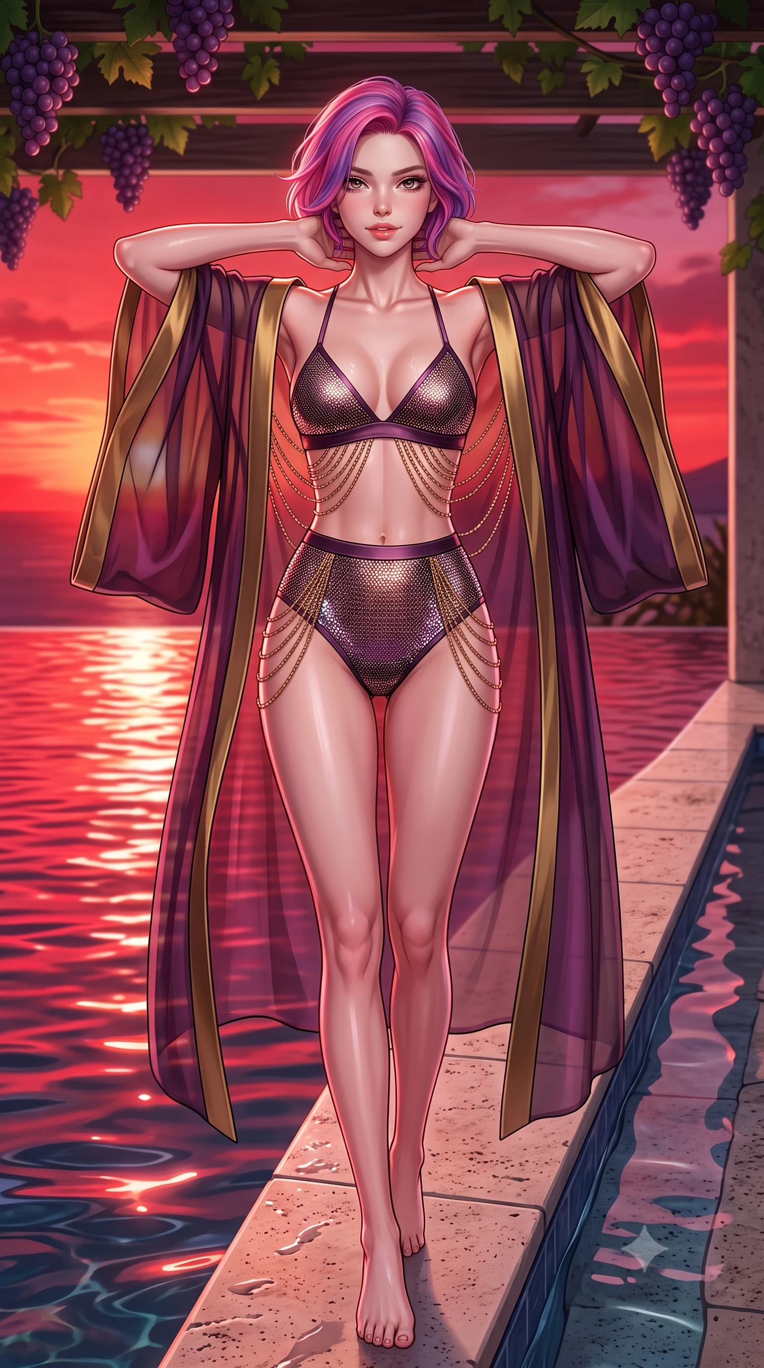 score_9, masterpiece, best quality, ultra-detailed, high-budget anime keyframe, semi-realistic 3D game render, editorial fashion photography, tasteful artistic composition, Caucasian woman. close-up cowboy shot from the waist and thighs up, the character dominates the composition, filling the frame with her large presence. resting both hands lightly behind her neck with elbows raised, arching her spine to highlight her narrow waist, flat midriff, and breathtaking collarbones while walking slowly along the wet travertine edge of the infinity pool, arching her spine with seductive grace as the fiery crimson sunset reflects in the water. The surrounding environment is rendered in vivid detail and crisp panoramic clarity: sharp travertine stone pool coping, ripe purple grape cluster details on overhead trellis, and pool surface meniscus in deep focus. She has an exceptionally elegant, slender, and willowy female figure with an ultra-slim waist, flat toned midriff, narrow ribcage, and sculpted feminine hips creating an alluring, slim hourglass silhouette without bulk. sharp v-shaped jawline, high-bridge nose, sparkling eyes with hypnotic seductive depth, thick curled eyelashes, glossy parted lips with a natural dewy peach sheen, alluring bedroom-eyes with an enchanting coquettish smile, exuding magnetic siren charisma and sophisticated glamour, flawlessly proportioned anatomical accuracy, strict slender model proportions, natural body alignment, perfectly sculpted long slender limbs, ultra-slim waistline, clean dynamic posture without body distortion. wearing a sheer organza modern kimono robe worn loose and slipping off bare shoulders over a matching satin bralette and high-waisted briefs in rich dark plum violet and gilded antique brass, crafted from shimmering fluid chainmail mesh reflecting ambient lights, accented with an open-back drape framed by falling strands of delicate gold chains, the liquid-tight tailored fabric clinging flawlessly to her narrow waist and rounded feminine hips, emphasizing every millimeter of her sculpted slim hourglass curves without any bulky heaviness. illuminated by pool water specular reflections and sharp rose-gold rim lights defining her delicate clavicles, ultra-slim waist, and curvy hips. highly saturated vibrant anime colors, detailed shading with soft gradients, rich glossy textures, high-contrast stereoscopic depth, volumetric dynamic lighting, master piece, 9:16 ratio