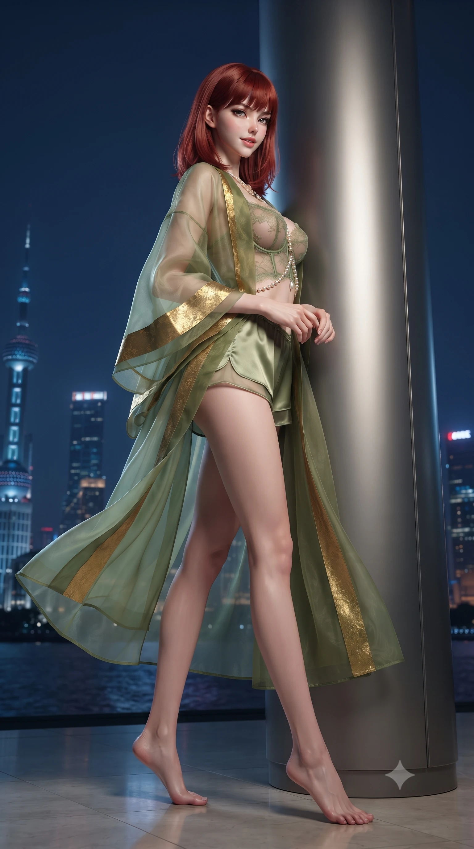 score_9, masterpiece, best quality, ultra-detailed, high-budget anime keyframe, editorial fashion photography, tasteful artistic composition, Caucasian woman. low angle full-body shot from head to toe showing her feet, filling the entire 9:16 vertical frame with her statuesque presence, stretching her vertical silhouette. executing a slow, graceful pivot turn as her skirt sways around her slender legs, glancing back with an enchanting, teasing sensual expression while leaning against the architectural titanium column with hips cocked back, casting an intoxicating smoldering bedroom-gaze over the midnight river. The surrounding environment is rendered in vivid detail and crisp panoramic clarity: detailed plunging sheer micro-mesh cocktail dress, liquid satin piping contouring her flat midriff, and iconic skyline architecture in razor-sharp precision. She has an exceptionally tall and slender model-like 8.5-heads proportion, an ultra-slim waist, a flat toned midriff, narrow delicate ribcage, and beautifully sculpted feminine hips creating a graceful, slim hourglass silhouette without any bulky heaviness, with impossibly long slender legs. sharp v-shaped jawline, high-bridge nose, intricate jewel-like sparkling eyes with depth, thick eyelashes, glossy parted lips with a natural peach sheen, bright cheerful beaming smile with an enchanting and coquettish sensual glint, exuding both youthful cute charm and seductive allure, flawlessly proportioned anatomical accuracy, strict slender model proportions, natural body alignment, perfectly sculpted long slender limbs, ultra-slim waistline, clean dynamic posture without body distortion. wearing a delicate translucent silk organza wrap robe worn loose over a sheer lace demi-bustier and satin tap pants in Gion antique matcha green and gilded gold leaf, woven from buttery-soft stretch lambskin leather adhering to her body like a second skin, accented with a pearl-drop body harness subtly framing her dewy collarbones and spine, the precision-cut side openings and low-back scoop framing her graceful spine and the sensual sweep of her slim, toned hips. illuminated by floor reflection bounce and sharp platinum-cyan rim lights sculpting her cheekbones, flat midriff, and curvaceous hips. ultra-reflective glossy finish, specular highlights, rich textural contrasts, high-contrast stereoscopic depth, volumetric dynamic lighting, 2k, ultra detail, master piece, 9:16 ratio