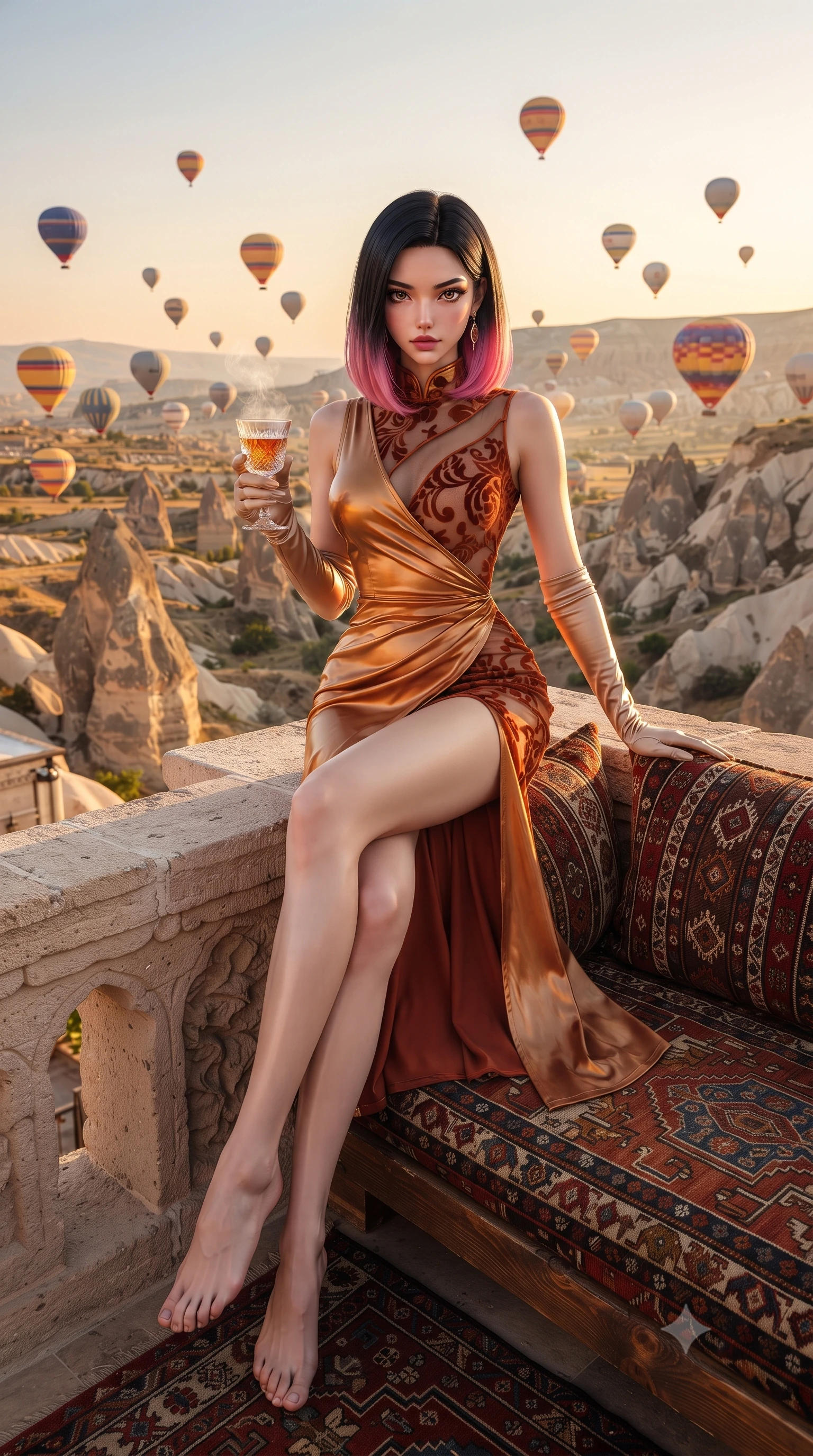 score_9, masterpiece, best quality, ultra-detailed, high-budget anime keyframe, editorial fashion photography, tasteful artistic composition, Korean woman. low angle full-body shot from head to toe showing her feet, filling the entire 9:16 vertical frame with her statuesque presence, stretching her vertical silhouette. sitting perched on the elevated edge with hips angled toward the camera and legs crossed, displaying her toned midriff and flawlessly sculpted slender limbs while reclining across a Turkish kilim daybed on a carved sandstone terrace as hundreds of colorful hot air balloons rise with the golden sunrise. The surrounding environment is rendered in vivid detail and crisp panoramic clarity. detailed linen dress weave, morning tea steam, and Cappadocia valley geological layers in high clarity. She has an exceptionally tall and slender model-like 8.5-heads proportion, an ultra-slim waist, a flat toned midriff, narrow delicate ribcage, and beautifully sculpted feminine hips creating a graceful, slim hourglass silhouette without any bulky heaviness, with impossibly long slender legs. sharp v-shaped jawline, high-bridge nose, intricate jewel-like eyes with depth, thick eyelashes, glossy parted lips with a natural sheen, intensely captivating and seductive bedroom-eyes expression, flawlessly proportioned anatomical accuracy, strict slender model proportions, natural body alignment, perfectly sculpted long slender limbs, ultra-slim waistline, clean dynamic posture without body distortion. wearing a wet-look silk fusion wrap dress with asymmetrical sheer mesh cutouts and high Mandarin collar in molten desert gold and burnt terracotta, made of sheer contouring power-mesh with velvet flocking patterns, accessorized with opera-length satin gloves and a vintage crystal glass, the form-contouring material adhering flawlessly to her sculpted flat midriff and slender torso, emphasizing her long leg lines and perfectly proportioned willowy build. illuminated by crisp directional dawn light sharply sculpting her razor-sharp jawline, narrow waist, and curvy hips. ultra-reflective glossy finish, specular highlights, rich textural contrasts, high-contrast stereoscopic depth, volumetric dynamic lighting, 2k, ultra detail, master piece, 9:16 ratio