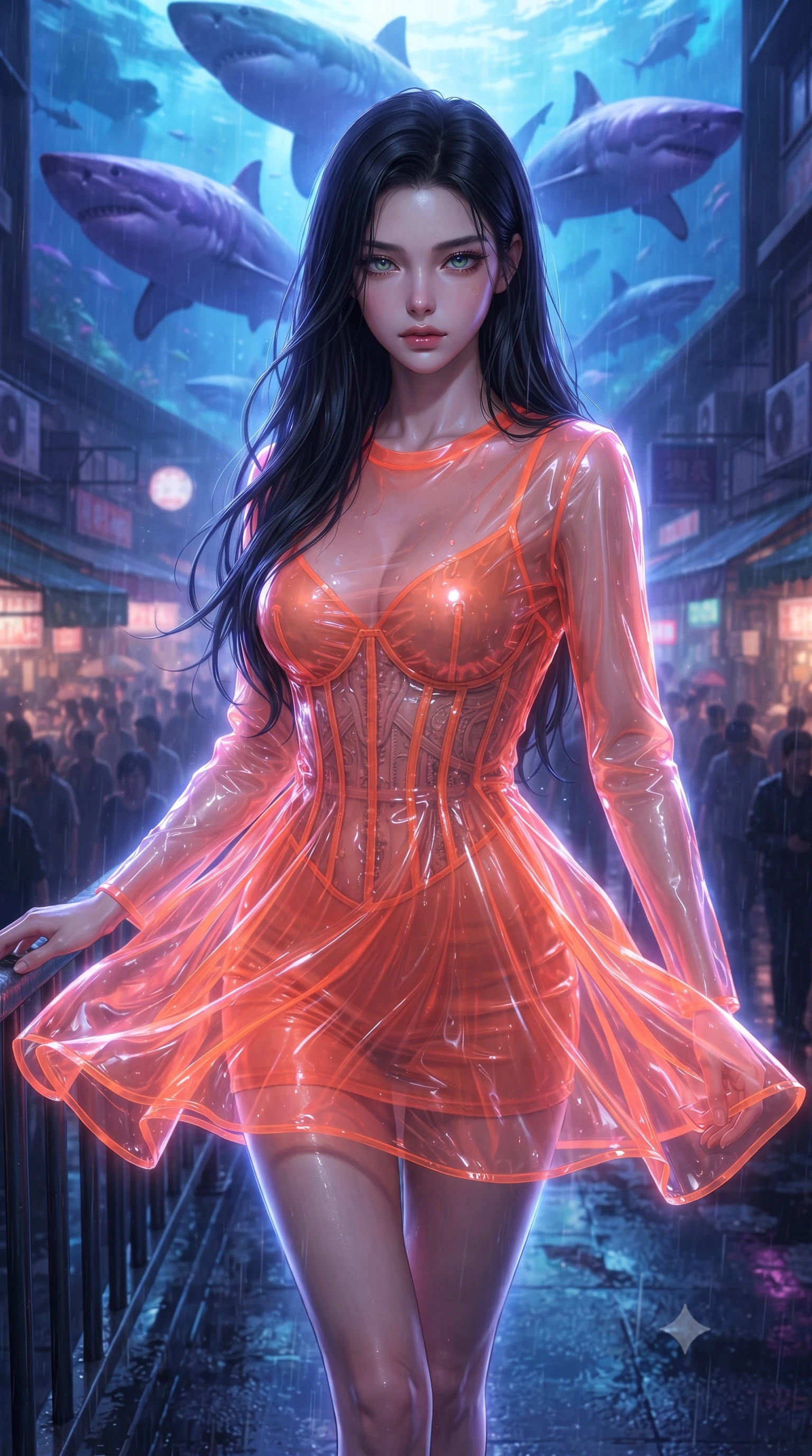 score_9, masterpiece, best quality, ultra-detailed, high-budget anime keyframe, editorial fashion photography, tasteful artistic composition, realistic cosplay photography, Korean woman. close-up cowboy shot from the waist and thighs up, the character dominates the composition, filling the frame with her large presence, background elements kept in soft focus. Standing proud on the bridge, looking down at the viewer with quiet authority and a cold composure. set against a soft-focus background of a crowded alley market under a giant virtual aquarium billboard projecting giant sharks over wet streets. She has an exceptionally elegant and slender, willowy female figure with an ultra-slim waist, a gracefully sculpted slender torso, and a refined slim physique. sharp v-shaped jawline, high-bridge nose, intricate jewel-like eyes with depth, thick eyelashes, glossy lips with a natural sheen. wearing the lightweight fabric rippling and billowing dramatically with her movement, a slim-fit wet-look transparent finish mini dress in neon orange, with a visible corset interior structure. cool ethereal blue-violet bioluminescent glow wrapping around her from all sides. ultra-reflective glossy finish, specular highlights, metallic sheen, high-contrast stereoscopic depth, volumetric dynamic lighting, 2k, ultra detail, master piece, 9:16 ratio