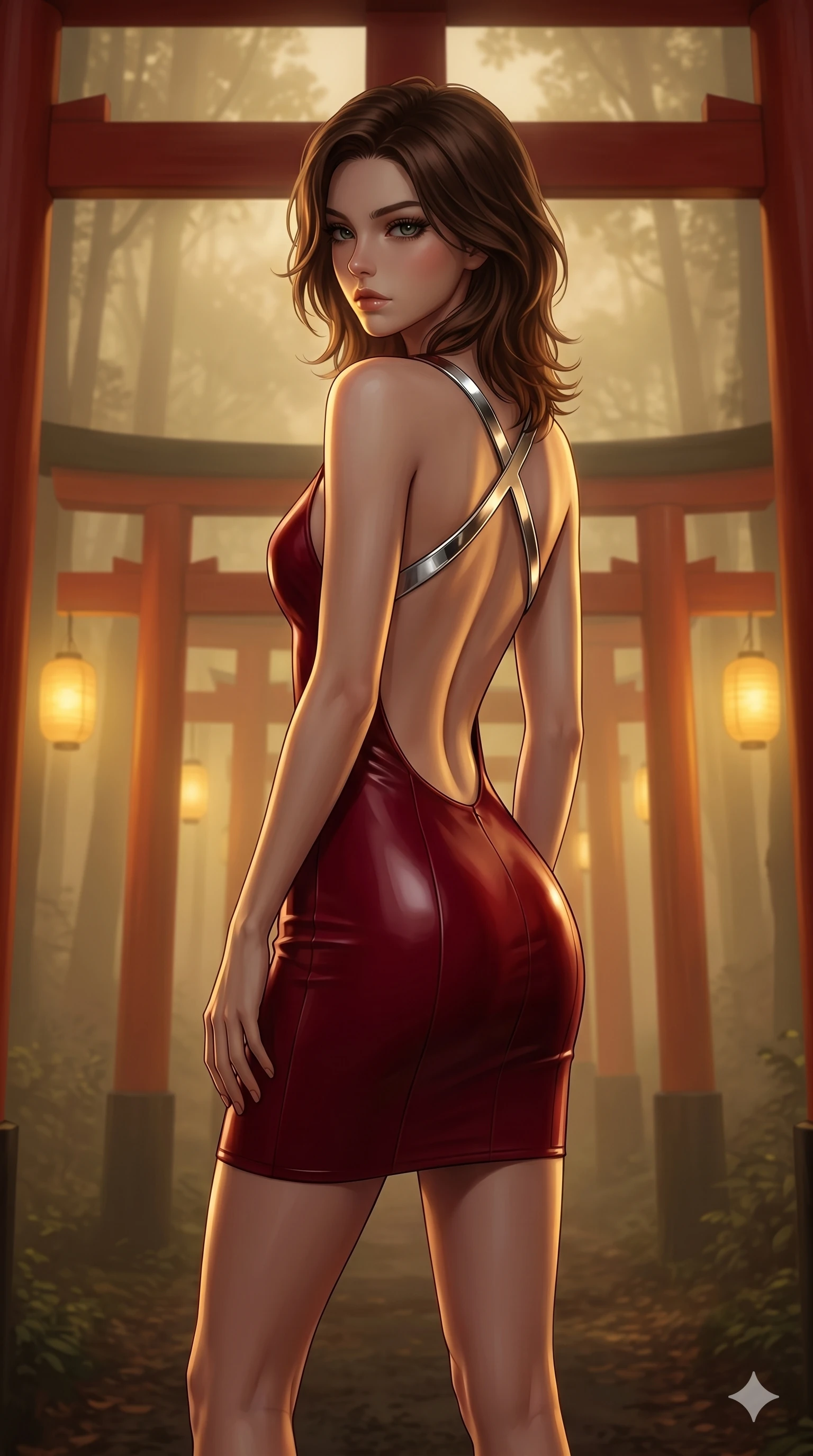 score_9, masterpiece, best quality, ultra-detailed, high-budget anime keyframe, editorial fashion photography, tasteful artistic composition, Korean woman. cowboy shot from the thighs up, character and outfit filling the frame for maximum editorial presence. Casting a slow, direct gaze beneath heavy lashes with quiet intensity amidst a Japanese torii gate forest with golden fog-lit lanterns. She has an absolutely perfect 8-heads proportion, an exceptionally tall and slender female figure with impossibly long slender legs and an ultra-slim waist. V-shaped jawline, high-bridge nose, intricate jewel-like eyes with depth, thick eyelashes, glossy lips with a natural sheen. wearing a structured deep-cherry-red fashion-latex fitted dress with a clean architectural front and a dramatic open-back design with a single criss-cross strap in chrome across the bare back. lit by dramatic chiaroscuro with a single golden key light carving her facial contours and figure. 2k, ultra detail, master piece, 9:16 ratio