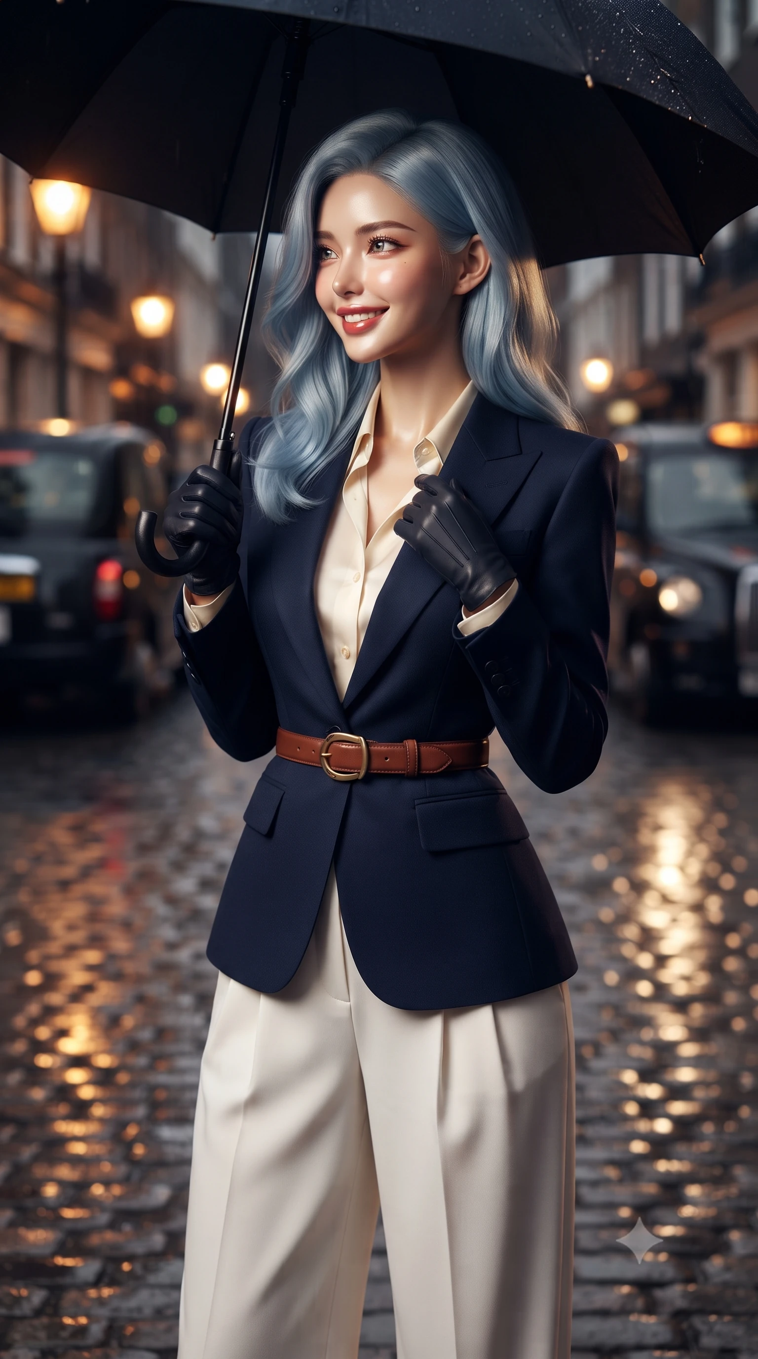 score_9, masterpiece, best quality, ultra-detailed, high-budget anime keyframe, editorial fashion photography, tasteful artistic composition, Korean woman. close-up cowboy shot from the waist and thighs up, the character dominates the composition, filling the frame with her large presence. resting one hand gracefully on her tailored blazer lapel while looking into the camera with bright, sparkling eyes while standing poised under a classic black umbrella on the wet Mayfair cobblestones, glancing over her shoulder with a radiant, charming smile. The background shows a soft-focus glowing gas lanterns reflecting on wet cobblestones, classic black cabs driving past, and warm storefront displays blurred into amber, charcoal, and ruby bokeh. She has an exceptionally elegant, slender, and willowy female figure with an ultra-slim waist, flat toned midriff, narrow ribcage, and sculpted feminine hips creating an alluring, slim hourglass silhouette without bulk. sharp v-shaped jawline, high-bridge nose, intricate jewel-like sparkling eyes with depth, thick eyelashes, glossy parted lips with a natural peach sheen, bright cheerful beaming smile with an enchanting and coquettish sensual glint, exuding both youthful cute charm and seductive allure, flawlessly proportioned anatomical accuracy, strict slender model proportions, natural body alignment, perfectly sculpted long slender limbs, ultra-slim waistline, clean dynamic posture without body distortion. wearing a chic tailored smoking jacket blazer paired with fluid pleated palazzo trousers and a silk blouse base in French navy blue and crisp alabaster white, woven from fine Australian merino wool with a smooth fluid drape and subtle sheen, finished with a smooth equestrian bridle-leather belt with a polished brass horseshoe buckle, the sharp shoulder tailoring and gently nipped waist framing her slender torso with pristine sartorial perfection. illuminated by wet pavement specular reflections and crisp silver-amber rim lights accentuating her tall slender frame and cheekbones. ultra-reflective glossy finish, specular highlights, rich textural contrasts, high-contrast stereoscopic depth, volumetric dynamic lighting, 2k, ultra detail, master piece, 9:16 ratio
