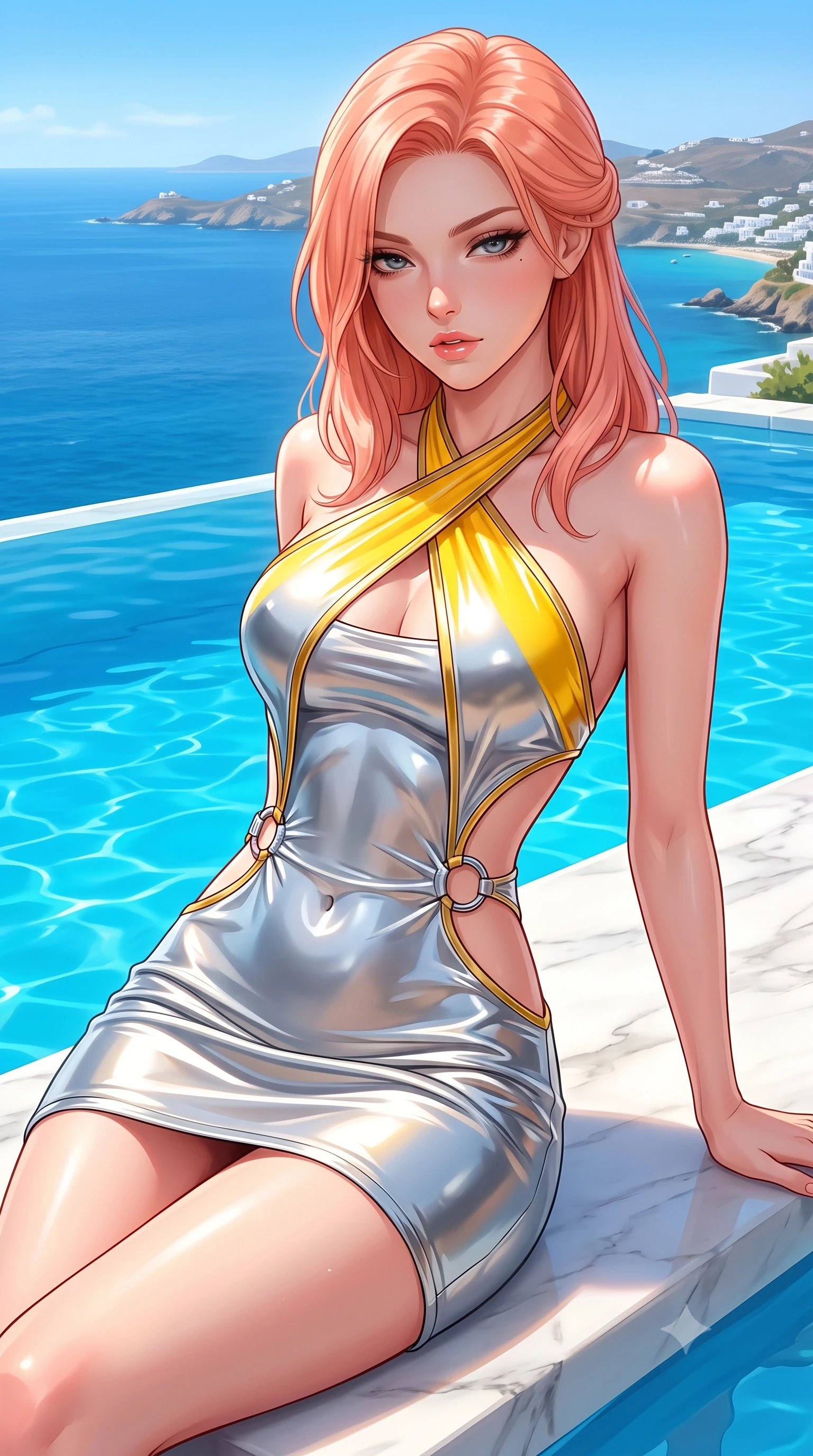 score_9, masterpiece, best quality, ultra-detailed, high-budget anime keyframe, semi-realistic 3D game render, editorial fashion photography, tasteful artistic composition, Japanese woman. close-up cowboy shot from the waist and thighs up, the character dominates the composition, filling the frame with her large presence. casting a slow, smoldering gaze beneath heavy lashes with parted glossy lips, her head slightly tilted in captivating self-assurance while reclining gracefully on a sun-bleached white marble ledge of an infinity pool overlooking the vibrant azure Aegean Sea. The surrounding environment is rendered in vivid detail and crisp panoramic clarity. intense natural daylight refractions and panoramic coastal scenery captured with environmental sharpness. She has an exceptionally elegant, slender, and willowy female figure with an ultra-slim waist, a gracefully sculpted slender torso, toned flat midriff, and a refined slim silhouette. sharp v-shaped jawline, high-bridge nose, intricate jewel-like eyes with depth, thick eyelashes, glossy lips with a natural sheen, flawlessly proportioned anatomical accuracy, strict slender model proportions, natural body alignment, perfectly sculpted long slender limbs, ultra-slim waistline, clean dynamic posture without body distortion. wearing a molten silver liquid-metal mini dress featuring deep side-waist cutouts and a daring crossover halter neckline in vibrant sunburst canary yellow and gold trim, formed from high-gloss patent material with specular light reflections, detailed with polished silver rings connecting the daring side-waist cutouts, the glove-like aerodynamic second-skin fit tightly clinging to her ultra-slender waist and athletic curves without adding bulk, accentuating her razor-sharp statuesque lines and slim hourglass silhouette. surrounded by a bright, luxurious, and intensely alluring sun-drenched resort atmosphere. highly saturated vibrant anime colors, detailed shading with soft gradients, rich glossy textures, high-contrast stereoscopic depth, volumetric dynamic lighting, master piece, 9:16 ratio