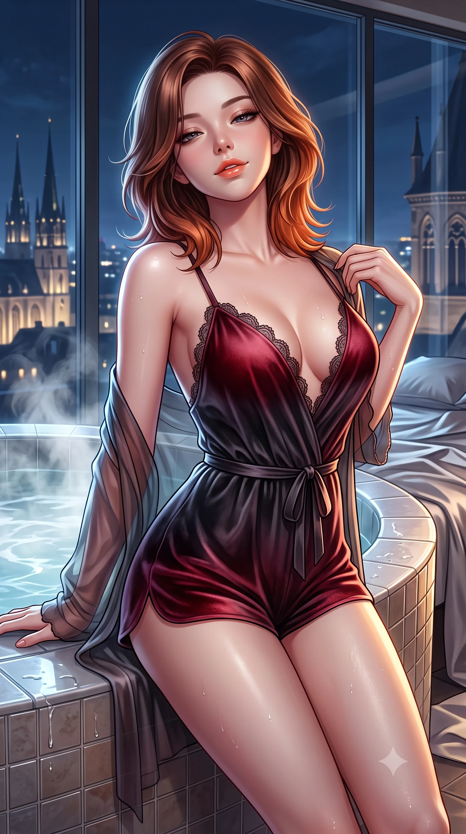 score_9, masterpiece, best quality, ultra-detailed, high-budget anime keyframe, semi-realistic 3D game render, editorial fashion photography, tasteful artistic composition, Korean woman. close-up cowboy shot from the waist and thighs up, the character dominates the composition, filling the frame with her large presence. leaning back against the steaming jacuzzi edge with relaxed seductive grace, head tilted back slightly while casting a hypnotic, heavy-lidded gaze while twisting her slender torso in an alluring S-curve while adjusting a sheer robe, night city lights pouring through floor-to-ceiling panoramic glass. The surrounding environment is rendered in vivid detail and crisp panoramic clarity: sharp silk bed linen creases, floor-to-ceiling glass reflection clarity, and distant architectural needle spires in deep focus. She has an exceptionally elegant, slender, and willowy female figure with an ultra-slim waist, flat toned midriff, narrow ribcage, and sculpted feminine hips creating an alluring, slim hourglass silhouette without bulk. sharp v-shaped jawline, high-bridge nose, sparkling eyes with hypnotic seductive depth, thick curled eyelashes, glossy parted lips with a natural dewy peach sheen, alluring bedroom-eyes with an enchanting coquettish smile, exuding magnetic siren charisma and sophisticated high-fashion glamour, flawlessly proportioned anatomical accuracy, strict slender model proportions, natural body alignment, perfectly sculpted long slender limbs, ultra-slim waistline, clean dynamic posture without body distortion. wearing a plunge-neck stretch velvet romper with scalloped eyelash-lace hems and a cinched waist ribbon in rich cherry lacquer and smoky charcoal, tailored from ultra-plush velvet with rich tactile depth and deep shadow gradients, finished with scalloped eyelash lace trim framing her sweetheart neckline with intimate elegance, the form-contouring silhouette accentuating her sculpted flat midriff, narrow delicate ribcage, and gracefully curvy hips with intoxicating allure. illuminated by moonlight fill and sharp platinum-gold rim lights sculpting her delicate clavicles, narrow waist, and curvaceous hips. highly saturated vibrant anime colors, detailed shading with soft gradients, rich glossy textures, high-contrast stereoscopic depth, volumetric dynamic lighting, master piece, 9:16 ratio