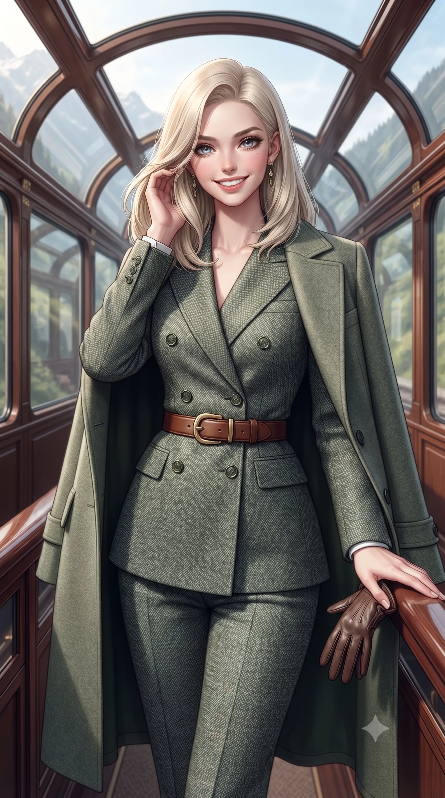 score_9, masterpiece, best quality, ultra-detailed, high-budget anime keyframe, editorial fashion photography, tasteful artistic composition, Caucasian woman. close-up cowboy shot from the waist and thighs up, the character dominates the composition, filling the frame with her large presence. gently brushing a lock of hair behind her ear with one hand while flashing a radiant, joyful smile while standing in the panoramic train corridor with one hand resting on the polished mahogany handrail, turning with glamorous travel-editorial poise. The surrounding environment is rendered in vivid detail and crisp panoramic clarity: detailed wool cape coat drape, leather gloves held in hand, and Swiss heritage rail engineering in razor-sharp precision. She has an exceptionally elegant, slender, and willowy female figure with an ultra-slim waist, flat toned midriff, narrow ribcage, and sculpted feminine hips creating an alluring, slim hourglass silhouette without bulk. sharp v-shaped jawline, high-bridge nose, intricate jewel-like sparkling eyes with depth, thick eyelashes, glossy parted lips with a natural peach sheen, bright cheerful beaming smile with an enchanting and coquettish sensual glint, exuding both youthful cute charm and seductive allure, flawlessly proportioned anatomical accuracy, strict slender model proportions, natural body alignment, perfectly sculpted long slender limbs, ultra-slim waistline, clean dynamic posture without body distortion. wearing a refined double-breasted wool gabardine pantsuit with clean minimalist tailoring and a concealed placket in misty Arashiyama bamboo green and slate grey, tailored from heritage British Harris Tweed with rich multi-tonal yarn weave, finished with a smooth equestrian bridle-leather belt with a polished brass horseshoe buckle, the structured cinched belt emphasizing her narrow waistline and gracefully balanced proportions with timeless haute-couture polish. bathed in dynamic shifting daylight filtering through curved glass roof panels as the train glides through alpine mountain passes. ultra-reflective glossy finish, specular highlights, rich textural contrasts, high-contrast stereoscopic depth, volumetric dynamic lighting, 2k, ultra detail, master piece, 9:16 ratio