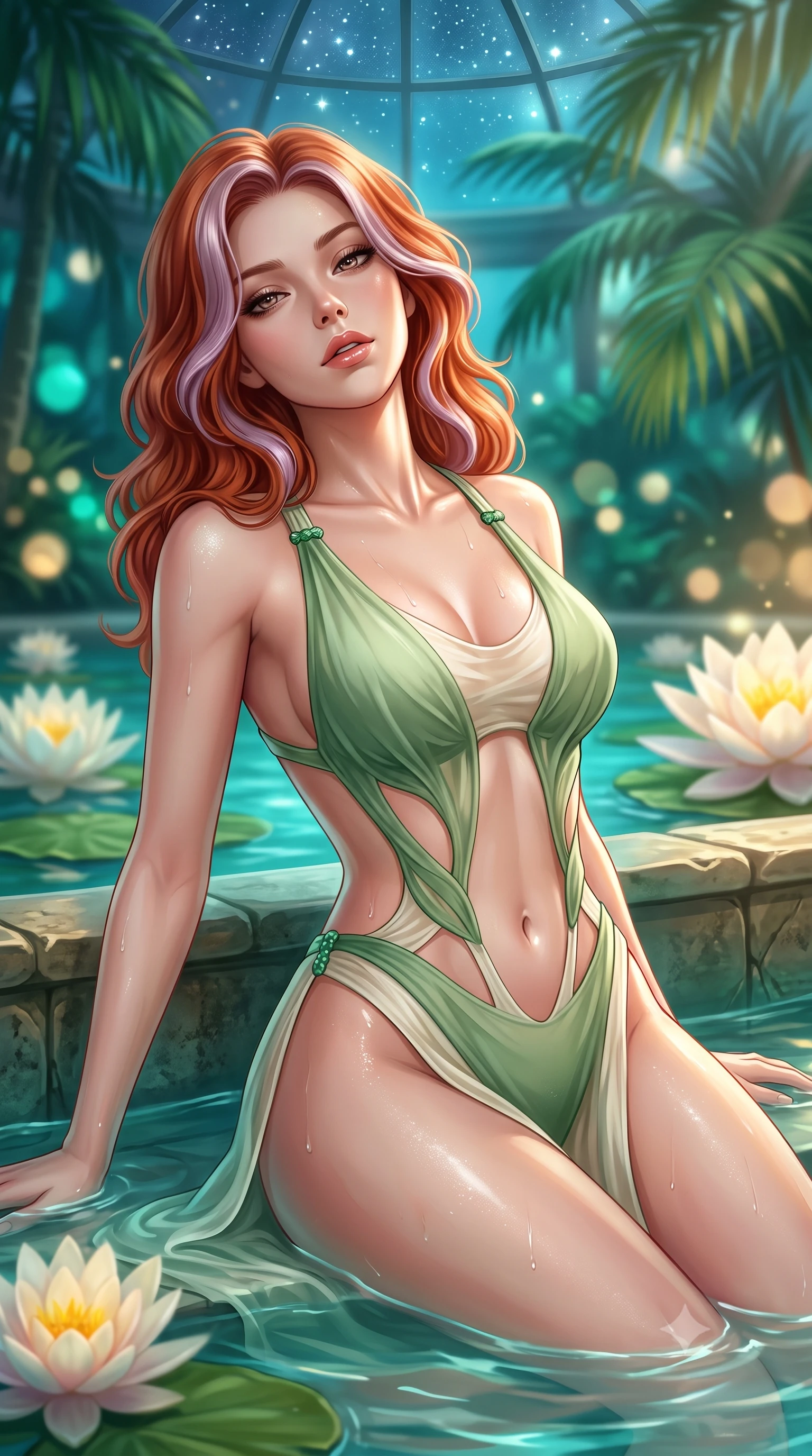 score_9, masterpiece, best quality, ultra-detailed, high-budget anime keyframe, semi-realistic 3D game render, editorial fashion photography, tasteful artistic composition, Caucasian woman. close-up cowboy shot from the waist and thighs up, the character dominates the composition, filling the frame with her large presence. leaning back with relaxed seductive grace, her sculpted collarbones and narrow waist highlighted as she casts smoldering bedroom-eyes directly into the camera while resting on a submerged stone bench as warm water laps at her waist, head tilted back toward the starry glass dome with parted lips. The composition keeps background elements in soft focus with creamy bokeh. towering exotic palm fronds and giant floating lily blossoms blurred into deep emerald, turquoise, and soft moonlight bokeh. She has an exceptionally elegant, slender, and willowy female figure with an ultra-slim waist, a gracefully sculpted slender torso, toned flat midriff, and rounded feminine hips creating an alluring hourglass silhouette. sharp v-shaped jawline, high-bridge nose, intricate jewel-like eyes with depth, thick eyelashes, glossy parted lips with a natural sheen, intensely captivating and seductive bedroom-eyes expression, flawlessly proportioned anatomical accuracy, strict slender model proportions, natural body alignment, perfectly sculpted long slender limbs, ultra-slim waistline, clean dynamic posture without body distortion. wearing a botanical cutout monokini with organic leaf-curve side openings and high-cut hip bands in fresh sage green and warm water-lily ivory, woven from sheer cascading chiffon that ripples like water with every step, finished with an ultra-high side slit secured by miniature jade clasps, the precision-cut side openings and low-back scoop framing her graceful spine and the sensual sweep of her hips. illuminated by wet specular highlights accentuating her slender neckline, sculpted waist, and rounded hips. highly saturated vibrant anime colors, detailed shading with soft gradients, rich glossy textures, high-contrast stereoscopic depth, volumetric dynamic lighting, master piece, 9:16 ratio