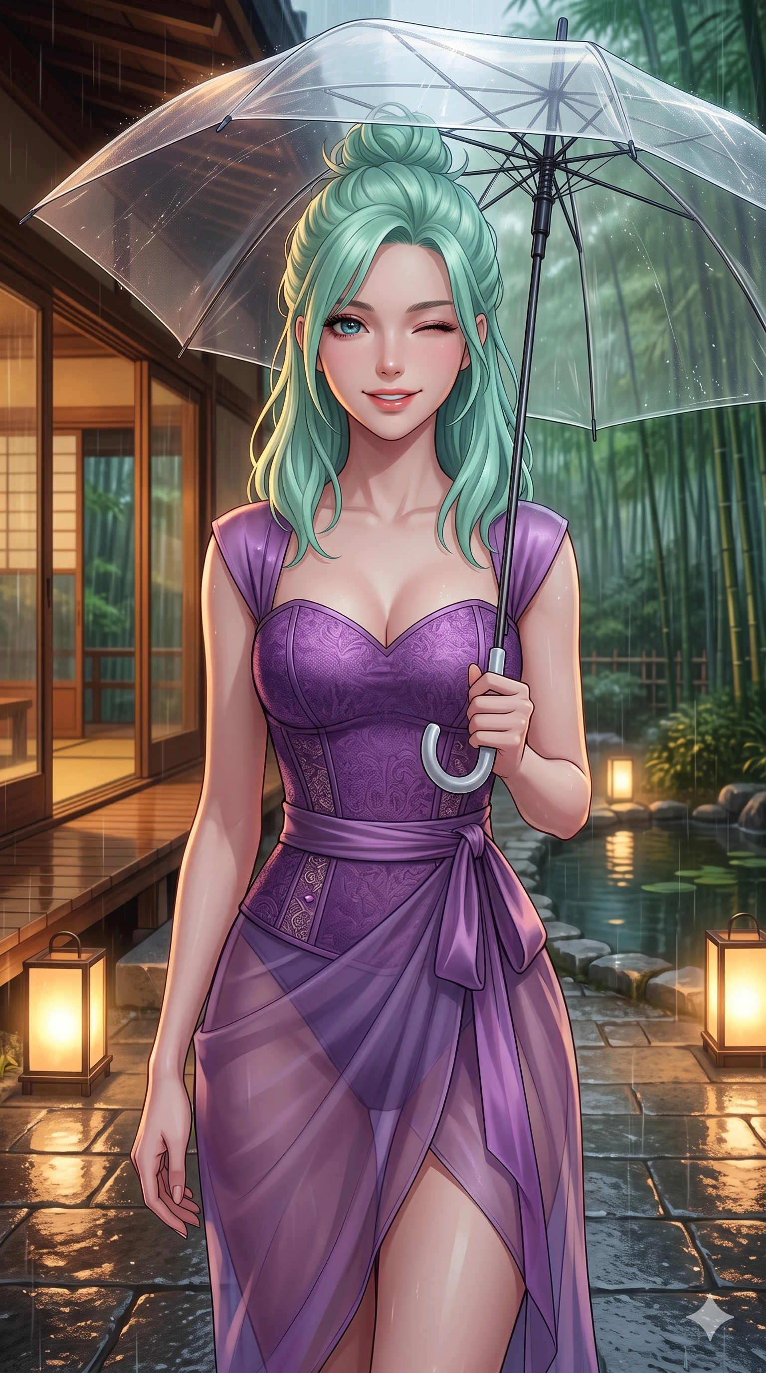 score_9, masterpiece, best quality, ultra-detailed, high-budget anime keyframe, vibrant anime aesthetic, Japanese woman. close-up cowboy shot from the waist and thighs up, the character dominates the composition, filling the frame with her large presence, background elements kept in soft focus. She is standing under a clear umbrella, winking playfully with a delightful smile, looking directly into the lens with a captivating and confident presence. the background shows a soft-focus warm, wood-paneled tea house veranda with large sliding glass doors facing a rain-swept bamboo garden (Code-P22-161). She has an absolutely perfect proportion, an exceptionally elegant and slender female figure with an ultra-slim waist. V-shaped jawline, high-bridge nose, intricate jewel-like eyes with depth, thick eyelashes, glossy lips with a natural sheen. wearing a structured textured bodice with a sweetheart neckline and a translucent chiffon wrap skirt in amethyst purple and silk overlays. She is illuminated by warm gaslight street lamps, casting soft reflections on wet pavements, outlining her elegant silhouette by the quiet garden pond. 2k, ultra detail, master piece, 9:16 ratio