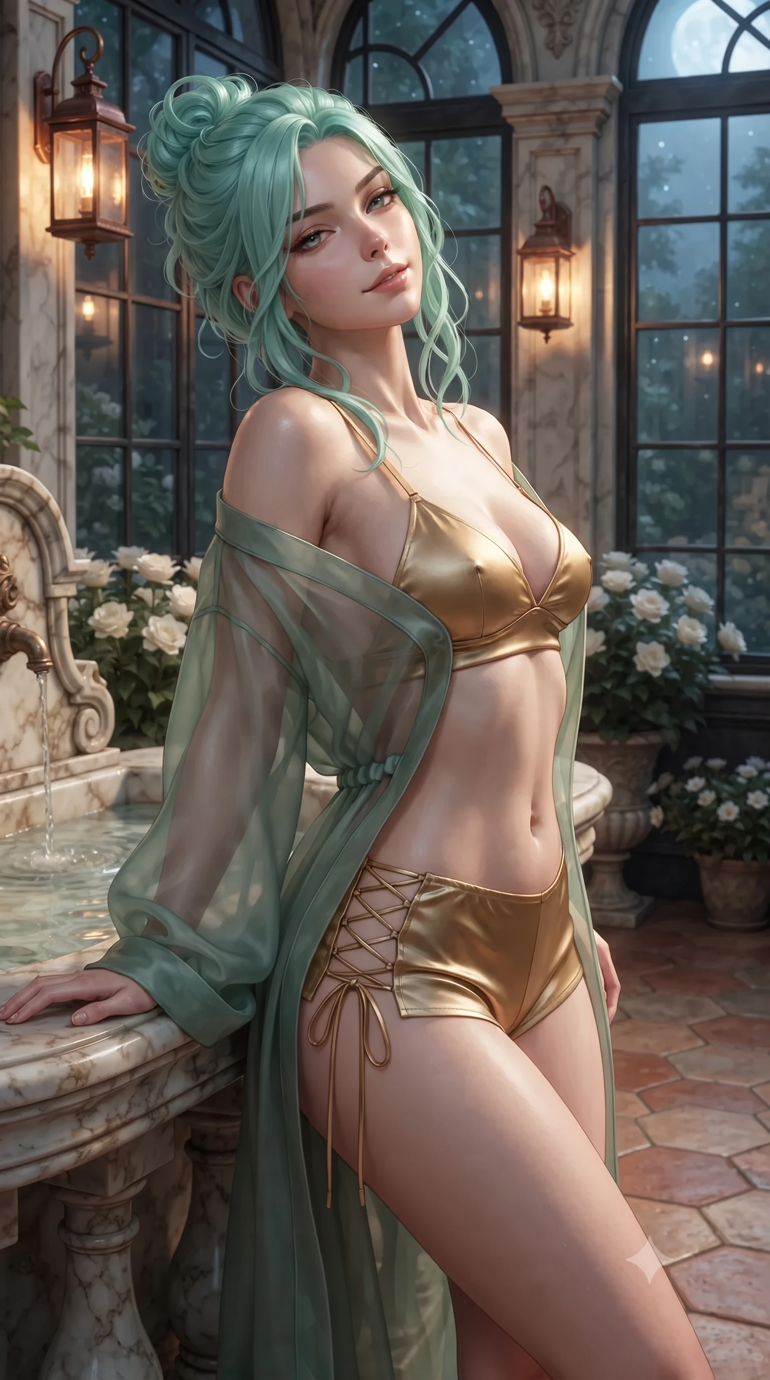 score_9, masterpiece, best quality, ultra-detailed, high-budget anime keyframe, editorial fashion photography, tasteful artistic composition, Japanese woman. close-up cowboy shot from the waist and thighs up, the character dominates the composition, filling the frame with her large presence. leaning back against the balustrade with relaxed seductive grace, head tilted back slightly while casting a hypnotic, heavy-lidded gaze while twisting her slender torso in an alluring S-curve beside the marble water basin, gentle lantern light wrapping around her flat midriff and curvy hips. The surrounding environment is rendered in vivid detail and crisp panoramic clarity: sharp hand-forged iron orangery window frames, antique terracotta hexagonal pavers, and velvety white flower petals in deep focus. She has an exceptionally elegant, slender, and willowy female figure with an ultra-slim waist, flat toned midriff, narrow ribcage, and sculpted feminine hips creating an alluring, slim hourglass silhouette without bulk. sharp v-shaped jawline, high-bridge nose, intricate jewel-like sparkling eyes with depth, thick eyelashes, glossy parted lips with a natural peach sheen, bright cheerful beaming smile with an enchanting and coquettish sensual glint, exuding both youthful cute charm and seductive allure, flawlessly proportioned anatomical accuracy, strict slender model proportions, natural body alignment, perfectly sculpted long slender limbs, ultra-slim waistline, clean dynamic posture without body distortion. wearing a sheer silk organza modern caftan robe worn loose and slipping off bare shoulders over a matching satin bralette and micro-shorts in Tulum jungle agave sage and copal resin gold, crafted from bespoke double-faced cashmere with an exceptionally soft tactile finish, featuring fine criss-cross lace-up side ties revealing tantalizing glimpses of her hip curve, the high-slit wrap tailoring accentuating her ultra-slim waistline and the enchanting curve of her feminine hips with alluring seductive charm. bathed in the warm 2500K glow of hanging copper lantern sconces combined with silver moonlight through glass. ultra-reflective glossy finish, specular highlights, rich textural contrasts, high-contrast stereoscopic depth, volumetric dynamic lighting, 2k, ultra detail, master piece, 9:16 ratio