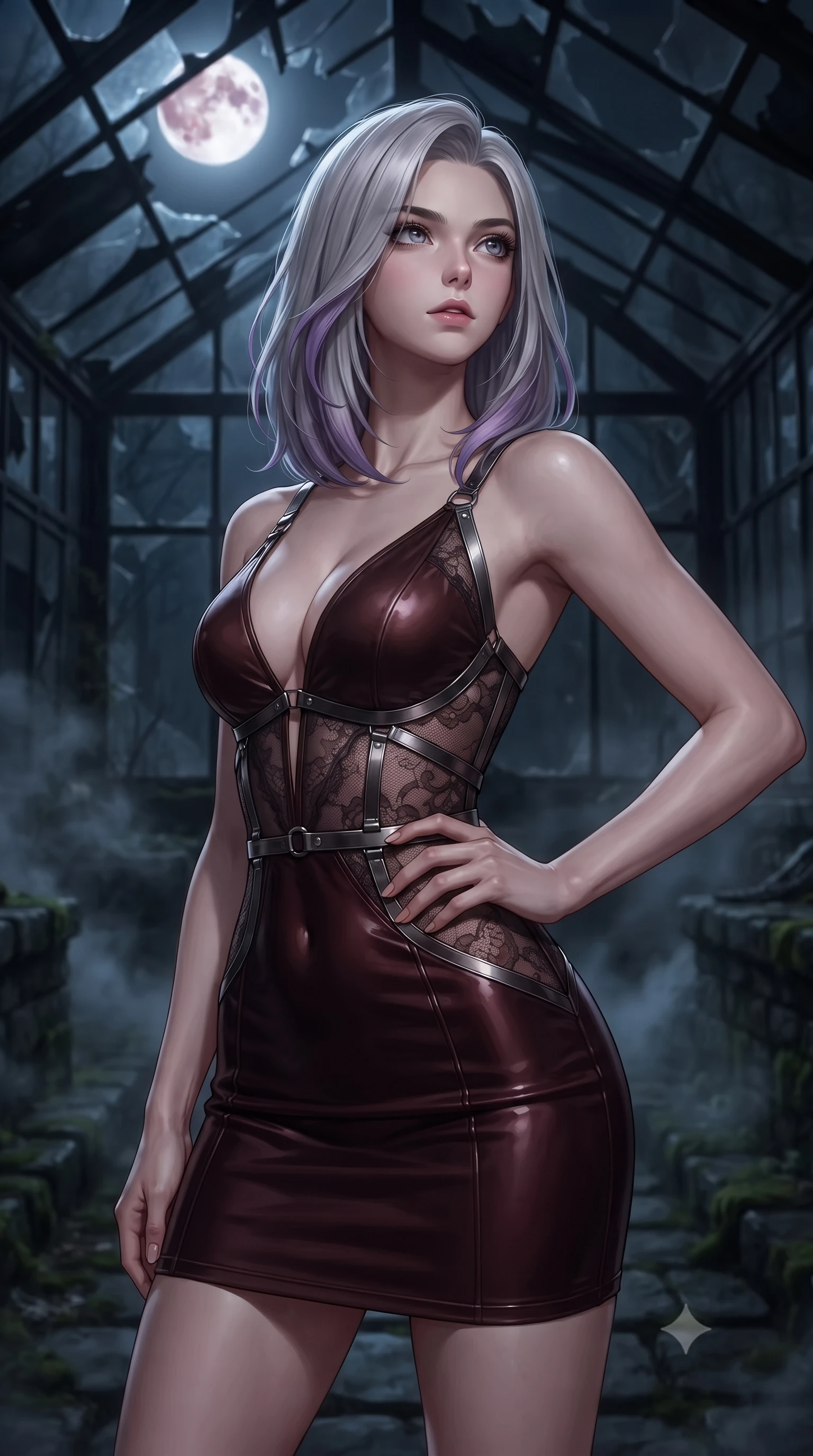 score_9, masterpiece, best quality, ultra-detailed, high-budget anime keyframe, editorial fashion photography, tasteful artistic composition, Caucasian woman. close-up cowboy shot from the waist and thighs up, the character dominates the composition, filling the frame with her large presence, background elements kept in soft focus. Holding a confident power pose with one hand on her hip, looking up at a blood moon through shattered dark greenhouse glass, thick midnight mist swirling along dark mossy stone pathways. She has an exceptionally elegant, slender, and willowy female figure with an ultra-slim waist, a gracefully sculpted slender torso, and a refined silhouette. sharp v-shaped jawline, high-bridge nose, intricate jewel-like eyes with depth, thick eyelashes, glossy lips with a natural sheen. wearing deep V-neck corset bodice mini dress with sheer dark lace panels in dark mahogany, made of liquid dark mercury jersey, highlighted by a gunmetal metallic harness structure, highlighting her statuesque proportions and ultra-slim waistline. illuminated by cold silver moonlight filtering through dark greenhouse glass. highly saturated vibrant anime colors, detailed shading with soft gradients, rich glossy textures, high-contrast stereoscopic depth, volumetric dynamic lighting, master piece, 9:16 ratio
