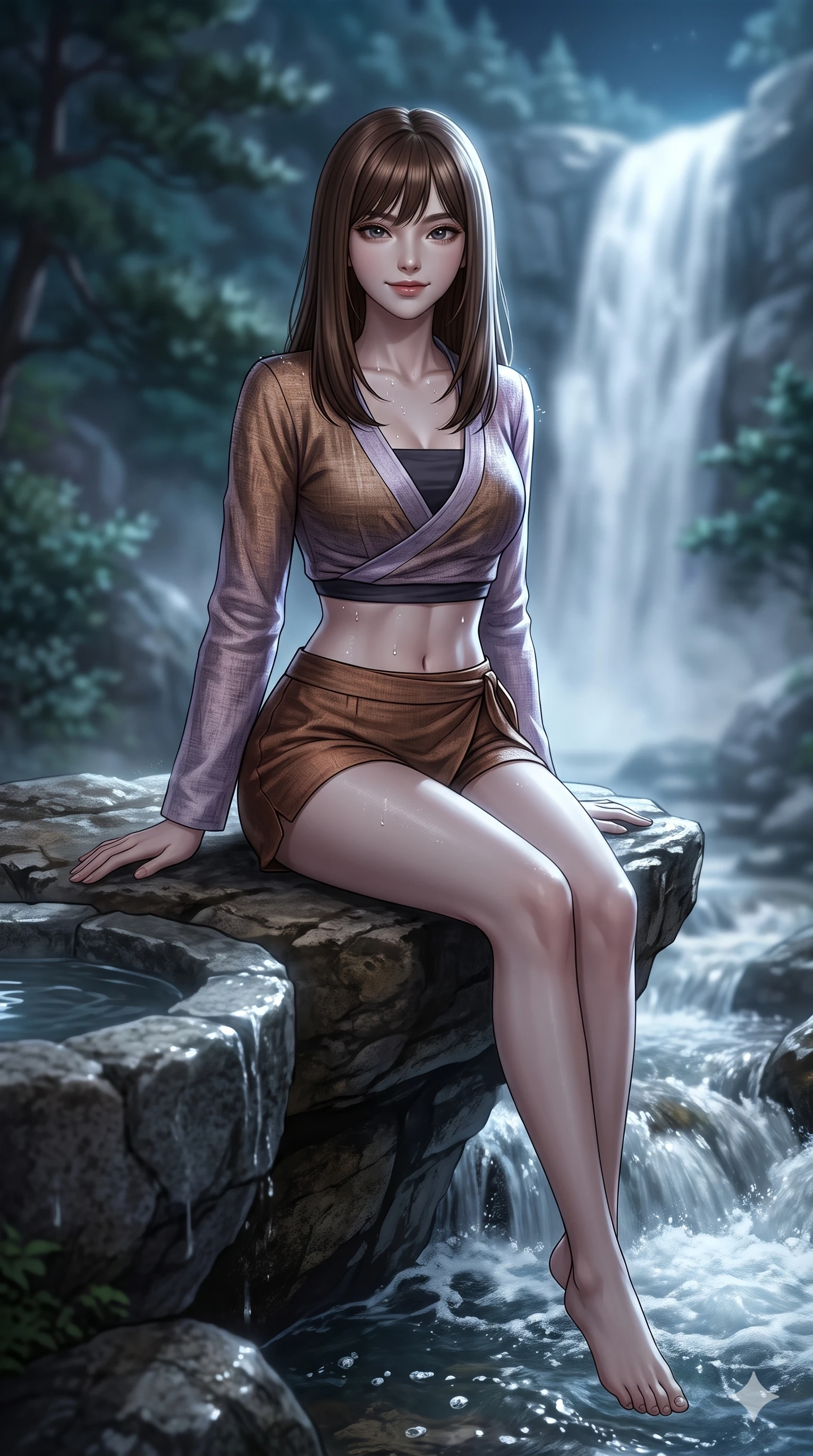 score_9, masterpiece, best quality, ultra-detailed, high-budget anime keyframe, semi-realistic 3D game render, editorial fashion photography, tasteful artistic composition, Korean woman. close-up cowboy shot from the waist and thighs up, the character dominates the composition, filling the frame with her large presence. smiling with quiet, magnetic self-assurance directly into the camera, her sculpted waistline catching specular moonbeam highlights while perched sideways on the natural rock ledge beside the stone water basin, legs dangling gracefully toward the bubbling mountain stream. The background shows a soft-focus churning white waterfall cascades, misty granite gorges, and distant mountain pine peaks blurred into aquamarine, silver, and slate bokeh. She has an exceptionally elegant, slender, and willowy female figure with an ultra-slim waist, flat toned midriff, narrow ribcage, and sculpted feminine hips creating an alluring, slim hourglass silhouette without bulk. sharp v-shaped jawline, high-bridge nose, sparkling eyes with hypnotic seductive depth, thick curled eyelashes, glossy parted lips with a natural dewy peach sheen, alluring bedroom-eyes with an enchanting coquettish smile, exuding magnetic siren charisma and sophisticated glamour, flawlessly proportioned anatomical accuracy, strict slender model proportions, natural body alignment, perfectly sculpted long slender limbs, ultra-slim waistline, clean dynamic posture without body distortion. wearing a deep V-neck wrap jeogori blouse layered over an opaque silk bandeau and high-waisted wrap shorts in vintage bronze patina and pale wisteria lilac, woven from bespoke Korean ramie fabric with crisp tactile slub texture, finished with glistening drops of night dew beading across her sculpted shoulders and flat midriff, the form-fitting cut adhering flawlessly to her sculpted flat midriff and slender torso, emphasizing her long leg lines and perfectly proportioned willowy build. bathed in luminous moonlight reflecting off roaring white water cascades and misty spray. highly saturated vibrant anime colors, detailed shading with soft gradients, rich glossy textures, high-contrast stereoscopic depth, volumetric dynamic lighting, master piece, 9:16 ratio