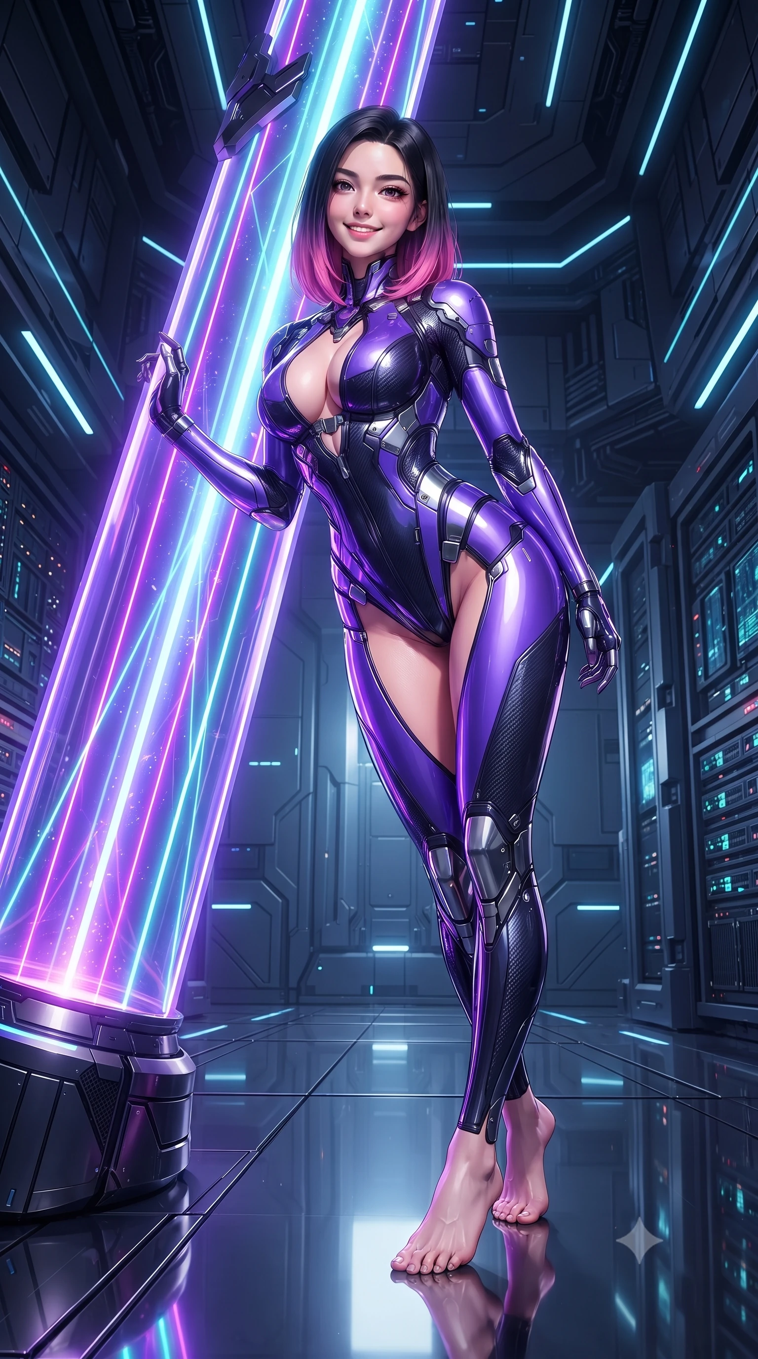 score_9, masterpiece, best quality, ultra-detailed, high-budget anime keyframe, editorial fashion photography, tasteful artistic composition, Korean woman. low angle full-body shot from head to toe showing her feet, filling the entire 9:16 vertical frame with her statuesque presence, stretching her vertical silhouette. leaning deep against the glowing energy conduit with hips cocked back in an unapologetically alluring high-fashion stance, flashing a warm beaming smile while standing poised in the center of the reflective vault floor, her tight combat suit and statuesque presence commanding the futuristic tech cathedral. The surrounding environment is rendered in vivid detail and crisp panoramic clarity: detailed carbon armor plates, fine nano-mesh sheen, and cutting-edge data facility architecture in razor-sharp precision. She has an absolutely perfect, statuesque 8.5-heads proportion, an exceptionally tall and slender model-like female figure with impossibly long slender legs, an ultra-slim waist, a flat toned midriff, narrow delicate ribcage, and beautifully sculpted feminine hips creating a graceful, slim hourglass silhouette without any bulky heaviness. sharp v-shaped jawline, high-bridge nose, intricate jewel-like sparkling eyes with depth, thick eyelashes, glossy parted lips with a natural sheen, bright confident smile with an enchanting and coquettish sensual glint, exuding both youthful magnetic charm and sovereign high-tech allure, flawlessly proportioned anatomical accuracy, strict slender model proportions, natural body alignment, perfectly sculpted long slender limbs, ultra-slim waistline, clean dynamic posture without body distortion. wearing a glossy vinyl and carbon-fiber hybrid bodysuit with a plunging neckline and high-cut leg openings in neon electric violet and deep space obsidian, crafted from lightweight aerodynamic matte carbon-fiber weave with structural stiffness, accented with strategically placed chrome armor plate guards covering key curves, the form-contouring cut accentuating her sculpted flat midriff, narrow delicate ribcage, and gracefully curvy hips with cybernetic supermodel precision. bathed in high-contrast neon laser lines of violet and cyan reflecting off glossy surfaces. ultra-reflective glossy finish, specular highlights, rich textural contrasts, high-contrast stereoscopic depth, volumetric dynamic lighting, 2k, ultra detail, master piece, 9:16 ratio