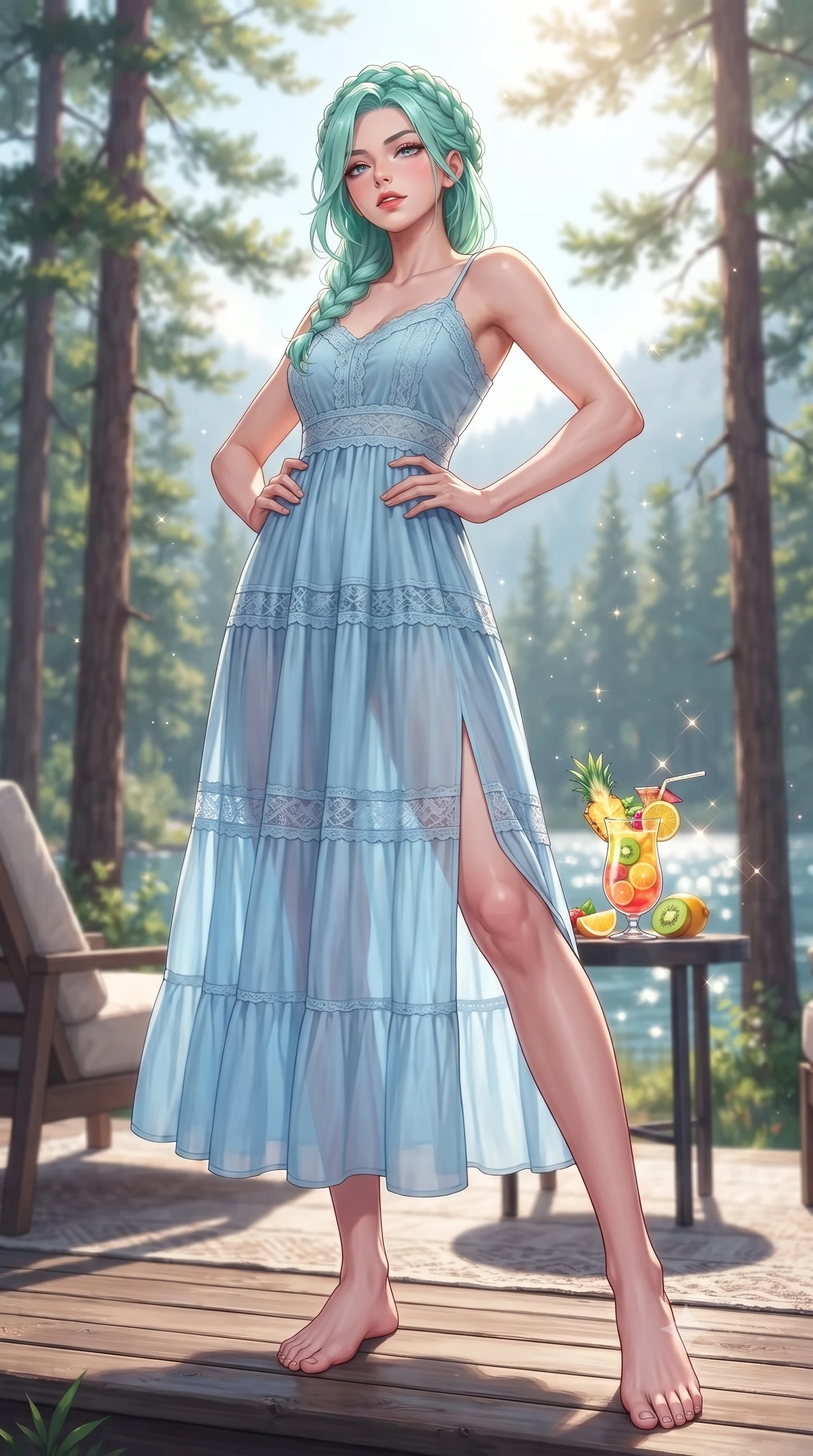 score_9, masterpiece, best quality, ultra-detailed, high-budget anime keyframe, editorial fashion photography, tasteful artistic composition, Japanese woman. low angle full-body shot from head to toe showing her feet, filling the entire 9:16 vertical frame with her statuesque presence, stretching her vertical silhouette. standing in a captivating power pose, tilting her chin up with a smoldering, bright expression set against a soft-focus background of on a cozy glamping deck surrounded by tall pine trees and a quiet mountain lake with a colorful tropical juice drink and fresh fruit slices on a side table. She has an absolutely perfect, statuesque 8.5-heads proportion, an exceptionally tall and slender model-like female figure with impossibly long slender legs and an ultra-slim waist. sharp v-shaped jawline, high-bridge nose, intricate jewel-like eyes with depth, thick eyelashes, glossy lips with a natural sheen. wearing slim-fit lovely tiered maxi dress in baby blue, featuring a relaxed silhouette. fresh morning sun rays creating sparkling glints on the blue pool water. highly saturated vibrant anime colors, detailed shading with soft gradients, rich glossy textures, high-contrast stereoscopic depth, volumetric dynamic lighting, master piece, 9:16 ratio