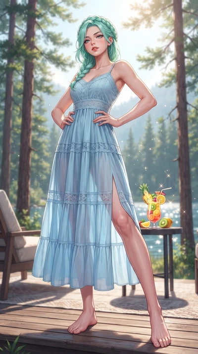 score_9, masterpiece, best quality, ultra-detailed, high-budget anime keyframe, editorial fashion photography, tasteful artistic composition, Japanese woman. low angle full-body shot from head to toe showing her feet, filling the entire 9:16 vertical