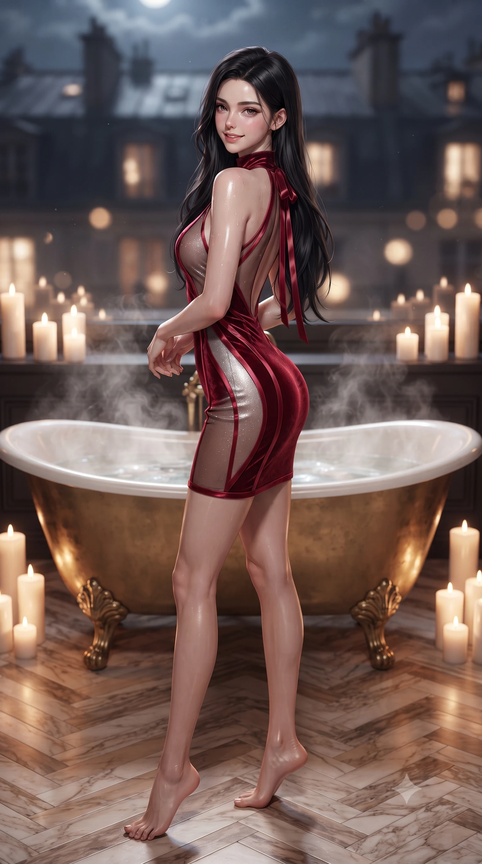 score_9, masterpiece, best quality, ultra-detailed, high-budget anime keyframe, editorial fashion photography, tasteful artistic composition, Korean woman. low angle full-body shot from head to toe showing her feet, filling the entire 9:16 vertical frame with her statuesque presence, stretching her vertical silhouette. posing in a classic haute-couture S-curve stance beside the floor-to-ceiling window, looking over a bare shoulder with magnetic presence while standing poised on the warm herringbone marble floor beside the freestanding brass clawfoot tub, arching her spine with wet-look siren grace. The background shows a soft-focus steaming bathwater surface caustics, dozens of glowing pillar candles, and moonlit Saint-Germain slate roofs blurred into ivory, honey, and charcoal bokeh. She has an exceptionally tall and slender model-like 8.5-heads proportion, an ultra-slim waist, a flat toned midriff, narrow delicate ribcage, and beautifully sculpted feminine hips creating a graceful, slim hourglass silhouette without any bulky heaviness, with impossibly long slender legs. sharp v-shaped jawline, high-bridge nose, intricate jewel-like sparkling eyes with depth, thick eyelashes, glossy parted lips with a natural peach sheen, bright cheerful beaming smile with an enchanting and coquettish sensual glint, exuding both youthful cute charm and seductive allure, flawlessly proportioned anatomical accuracy, strict slender model proportions, natural body alignment, perfectly sculpted long slender limbs, ultra-slim waistline, clean dynamic posture without body distortion. wearing a provocative high-neck sheer illusion cocktail dress with liquid satin ribbons contouring her curves in Venetian baroque ruby red and antique starlight silver, tailored from ultra-plush silk velvet with rich tactile depth and deep shadow gradients, finished with satin ribbon ties at the shoulders fluttering in the gentle breeze, the precision-cut side openings and low-back scoop framing her graceful spine and the sensual sweep of her slim, toned hips. illuminated by tub water caustics bounce and sharp platinum-rose rim lights sculpting her cheekbones, flat midriff, and curvaceous hips. ultra-reflective glossy finish, specular highlights, rich textural contrasts, high-contrast stereoscopic depth, volumetric dynamic lighting, 2k, ultra detail, master piece, 9:16 ratio