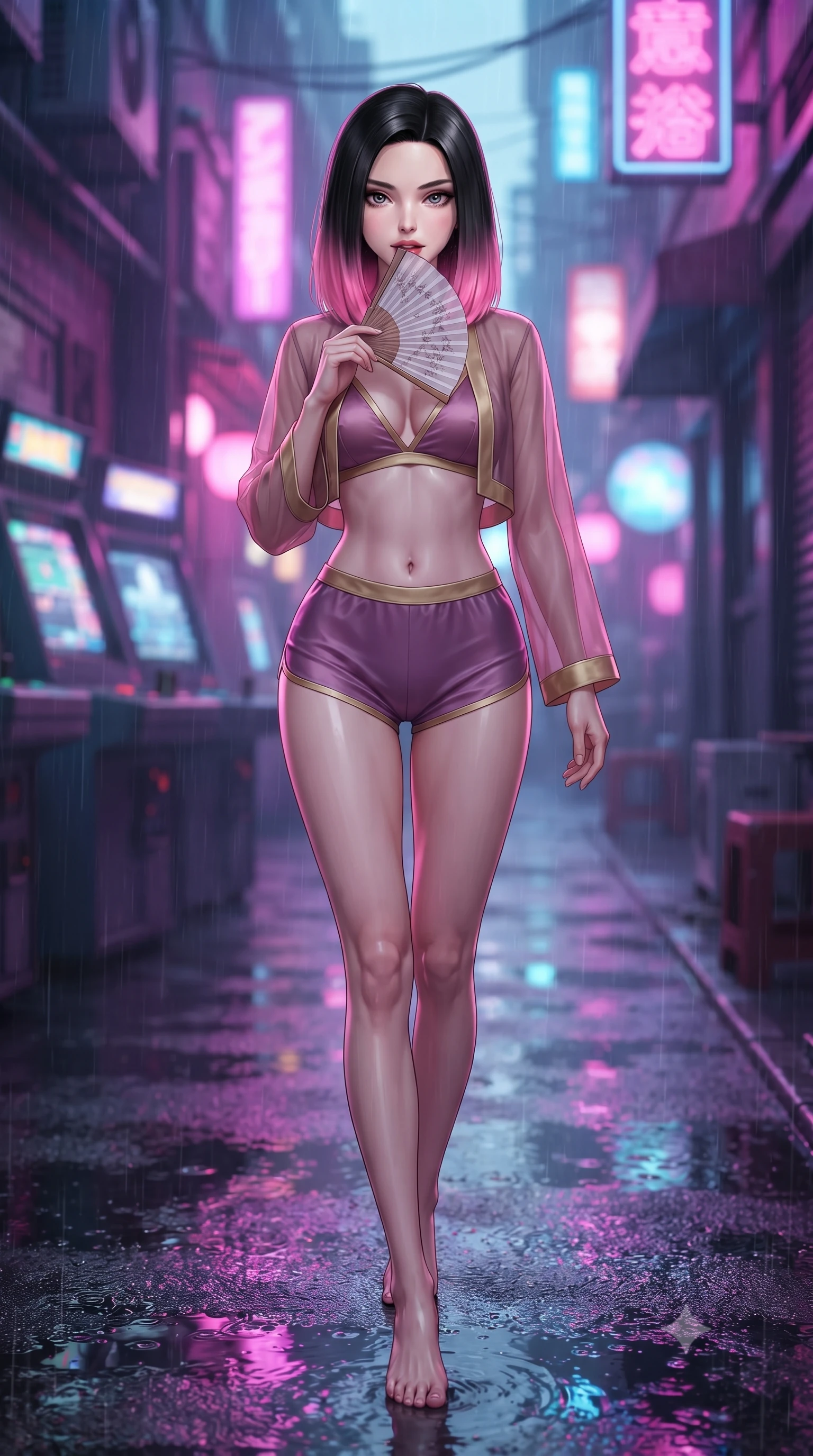 score_9, masterpiece, best quality, ultra-detailed, high-budget anime keyframe, editorial fashion photography, tasteful artistic composition, Korean woman. low angle full-body shot from head to toe showing her feet, filling the entire 9:16 vertical frame with her statuesque presence, stretching her vertical silhouette. stepping slowly toward the camera with hypnotic grace, hips swaying in an alluring sensual rhythm that accentuates her curvy hourglass silhouette and long slender legs while standing poised in the middle of the rain-washed alley with hips cocked back, looking into the camera with an irresistible bedroom-smile. The background shows a soft-focus flickering CRT arcade game screens, retro kanji neon signs, and rainy street puddles blurred into neon pink, violet, and electric blue bokeh. She has an absolutely perfect, statuesque 8.5-heads proportion, an exceptionally tall and slender model-like female figure with impossibly long slender legs, an ultra-slim waist, a flat toned midriff, narrow delicate ribcage, and beautifully sculpted feminine hips creating a graceful, slim hourglass silhouette without any bulky heaviness. sharp v-shaped jawline, high-bridge nose, sparkling eyes with hypnotic seductive depth, thick curled eyelashes, glossy parted lips with a natural dewy peach sheen, alluring bedroom-eyes with an enchanting coquettish smile, exuding magnetic siren charisma and sophisticated glamour, flawlessly proportioned anatomical accuracy, strict slender model proportions, natural body alignment, perfectly sculpted long slender limbs, ultra-slim waistline, clean dynamic posture without body distortion. wearing a modern two-piece royal silk loungewear set featuring an open-front short bolero and form-fitting silk hot-pants in dusky blush rose and antique gold trims, made of delicate semi-sheer Korean gossamer organza with subtle pearlescent glints, finished with a transparent silk folding fan held gracefully near her glossy parted lips, the liquid-tight tailored fabric clinging flawlessly to her narrow waist and rounded feminine hips, emphasizing every millimeter of her sculpted slim hourglass curves without any bulky heaviness. illuminated by puddle specular bounce and sharp magenta rim lights defining her razor-sharp jawline, ultra-slim waist, and curvy hips. ultra-reflective glossy finish, specular highlights, rich textural contrasts, high-contrast stereoscopic depth, volumetric dynamic lighting, 2k, ultra detail, master piece, 9:16 ratio