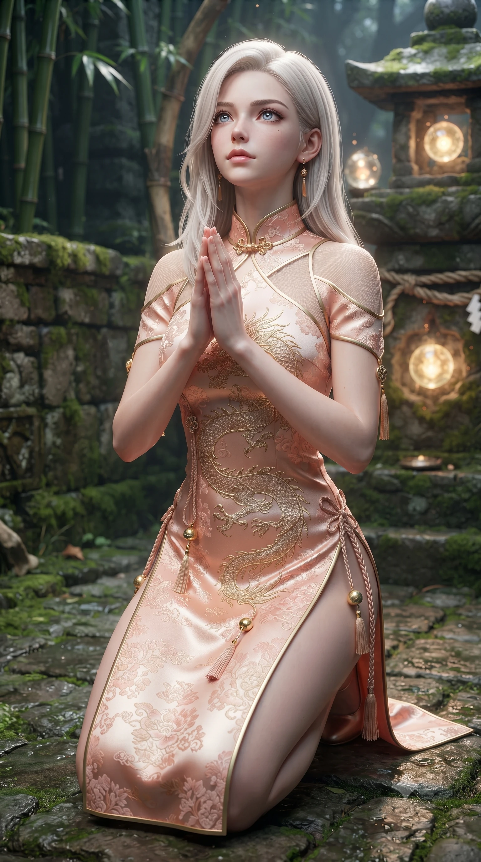score_9, masterpiece, best quality, ultra-detailed, high-budget anime keyframe, editorial fashion photography, tasteful artistic composition, Caucasian woman. close-up cowboy shot from the waist and thighs up, the character dominates the composition, filling the frame with her large presence. holding her hands loosely in front with regal, aristocratic poise, radiating an overwhelming high-society aura while kneeling before a moss-covered ancient stone spirit altar with hands clasped in quiet prayer, gazing up with jewel-like eyes. The surrounding environment is rendered in vivid detail and crisp panoramic clarity. sharp bamboo stalk ring textures, glowing spirit orb cores, and damp stone path masonry in deep focus. She has an exceptionally elegant, slender, and willowy female figure with an ultra-slim waist, a gracefully sculpted slender torso, toned flat midriff, and a refined slim silhouette. sharp v-shaped jawline, high-bridge nose, intricate jewel-like eyes with depth, thick eyelashes, glossy lips with a natural sheen, captivating and magnetic expression, flawlessly proportioned anatomical accuracy, strict slender model proportions, natural body alignment, perfectly sculpted long slender limbs, ultra-slim waistline, clean dynamic posture without body distortion. wearing a dragon-embroidered silk cheongsam modern dress with asymmetrical sheer mesh cutouts and high Mandarin collar in soft peach blossom pink and warm ivory, made of liquid-smooth silk satin with subtle floral jacquard, accessorized with delicate gold bell tassels and braided silk cords, the form-contouring material adhering flawlessly to her sculpted flat midriff and slender torso, emphasizing her long leg lines and perfectly proportioned willowy build. surrounded by an enchanting, mysterious, and captivating oriental spirit sorceress aura. ultra-reflective glossy finish, specular highlights, rich textural contrasts, high-contrast stereoscopic depth, volumetric dynamic lighting, 2k, ultra detail, master piece, 9:16 ratio