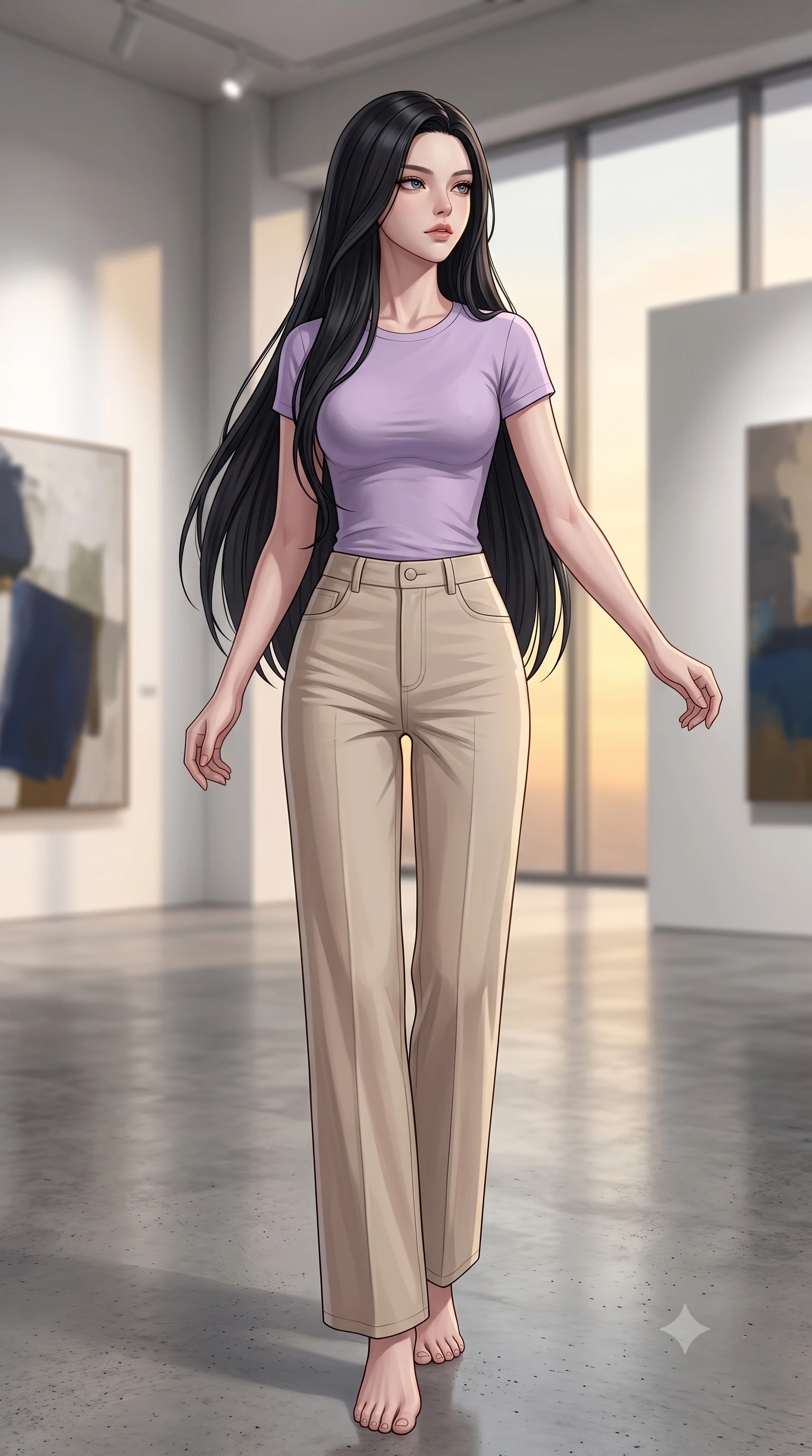 score_9, masterpiece, best quality, ultra-detailed, high-budget anime keyframe, editorial fashion photography, tasteful artistic composition, Korean woman woman. low angle full-body shot from head to toe showing her feet, filling the entire 9:16 vertical frame with her statuesque presence, stretching her vertical silhouette. standing proud on a scenic cliff overlooking the valley, her silhouette framed by the golden sky the background shows a soft-focus a minimalist gallery hall with polished concrete floors and large abstract paintings in soft focus. She has an absolutely perfect, statuesque 8.5-heads proportion, an exceptionally tall and slender model-like female figure with impossibly long slender legs and an ultra-slim waist. sharp v-shaped jawline, high-bridge nose, intricate jewel-like eyes with depth, thick eyelashes, glossy lips with a natural sheen. wearing a body-hugging simple lavender cotton tee paired with high-waisted beige wide-leg pants. clean white gallery spotlights contrasting with soft ambient shadow. 2k, ultra detail, master piece, 9:16 ratio