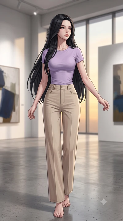 score_9, masterpiece, best quality, ultra-detailed, high-budget anime keyframe, editorial fashion photography, tasteful artistic composition, Korean woman woman. low angle full-body shot from head to toe showing her feet, filling the entire 9:16 vert
