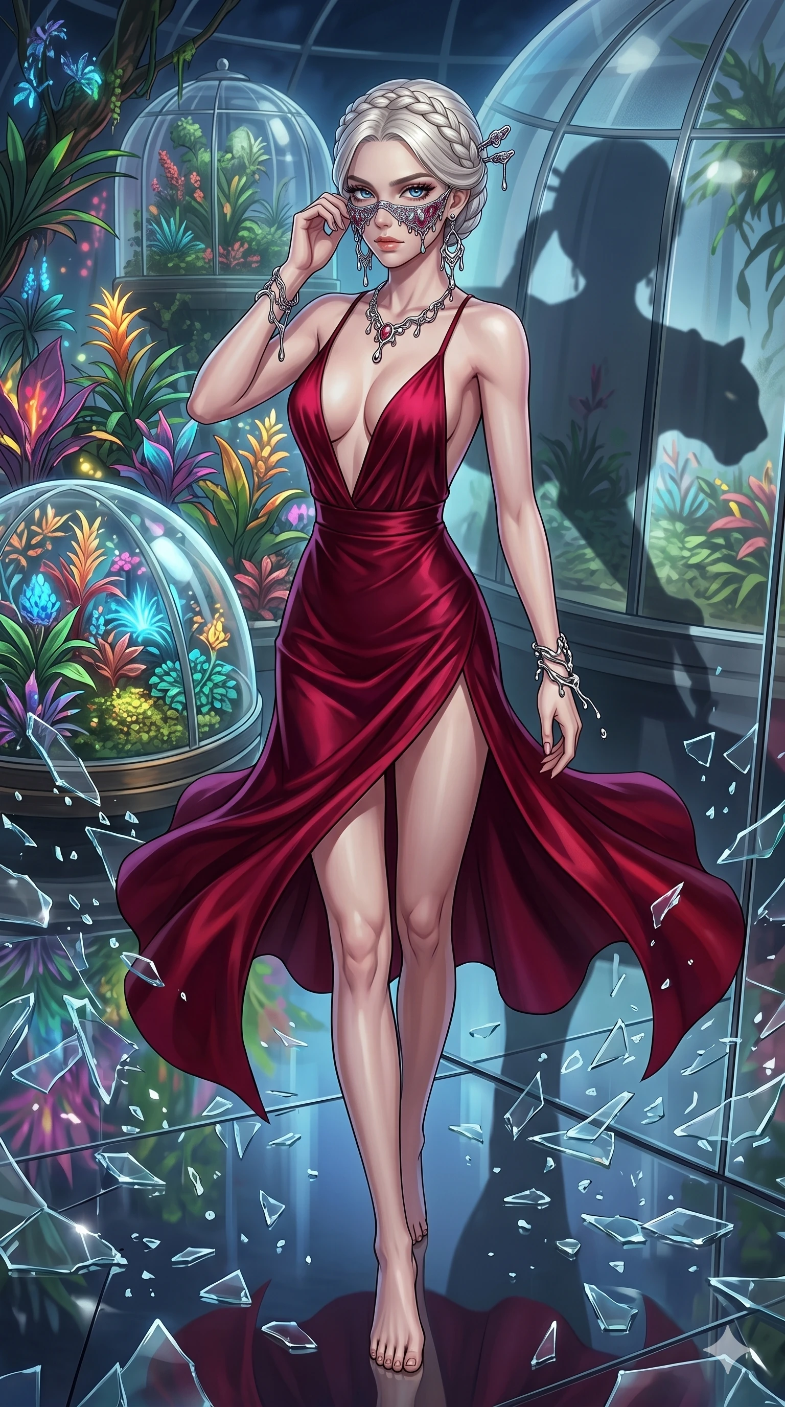 score_9, masterpiece, best quality, ultra-detailed, Set A: High-budget Anime Keyframe, Caucasian (strictly human ears) woman. Low angle cowboy shot filling the entire 9:16 frame with her statuesque presence. Adjusting a mask through a floating botanical garden, while her shadow mimics the movements of a predator 115 and surrounded by shattered glass fragments. She has an absolutely perfect 8-heads proportion, an exceptionally tall and slender female figure with impossibly long slender legs and an ultra-slim waist. Sharp v-shaped jawline, high-bridge nose, intricate jewel-like eyes with depth, thick eyelashes, glossy lips with a natural sheen. Wearing Elegant silk slip dress with a dangerously low neckline and molten mercury accessories. Cinematic lighting, vibrant colors, dramatic shadows, 2k, ultra detail, master piece, 9:16 ratio