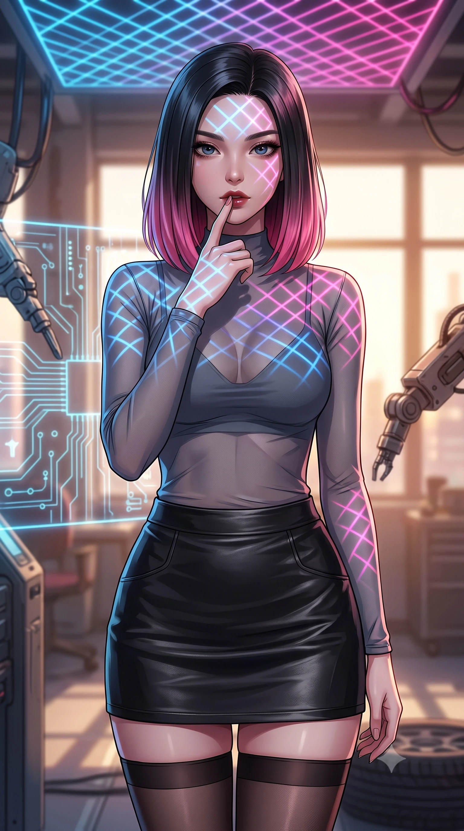 score_9, masterpiece, best quality, ultra-detailed, high-budget anime keyframe, tasteful artistic composition, Korean woman. close-up cowboy shot from the waist and thighs up, the character dominates the composition, filling the frame with her large presence, background elements kept in soft focus. pressing one finger to her bottom lip in a thoughtful, seductive gesture under the warm sun the background shows a soft-focus an automated tuning bay with glowing circuit patterns and mechanical arms. She has an exceptionally elegant, slender, and willowy female figure with an ultra-slim waist, a gracefully sculpted slender torso, and a refined silhouette. sharp v-shaped jawline, high-bridge nose, intricate jewel-like eyes with depth, thick eyelashes, glossy lips with a natural sheen. wearing a form-contouring semi-transparent mesh top in slate grey, paired with a leather mini skirt and sheer stockings. intense neon laser lines casting dynamic grid-like shadows across her form. highly saturated vibrant anime colors, cel-shading, 2d style, master piece, 9:16 ratio