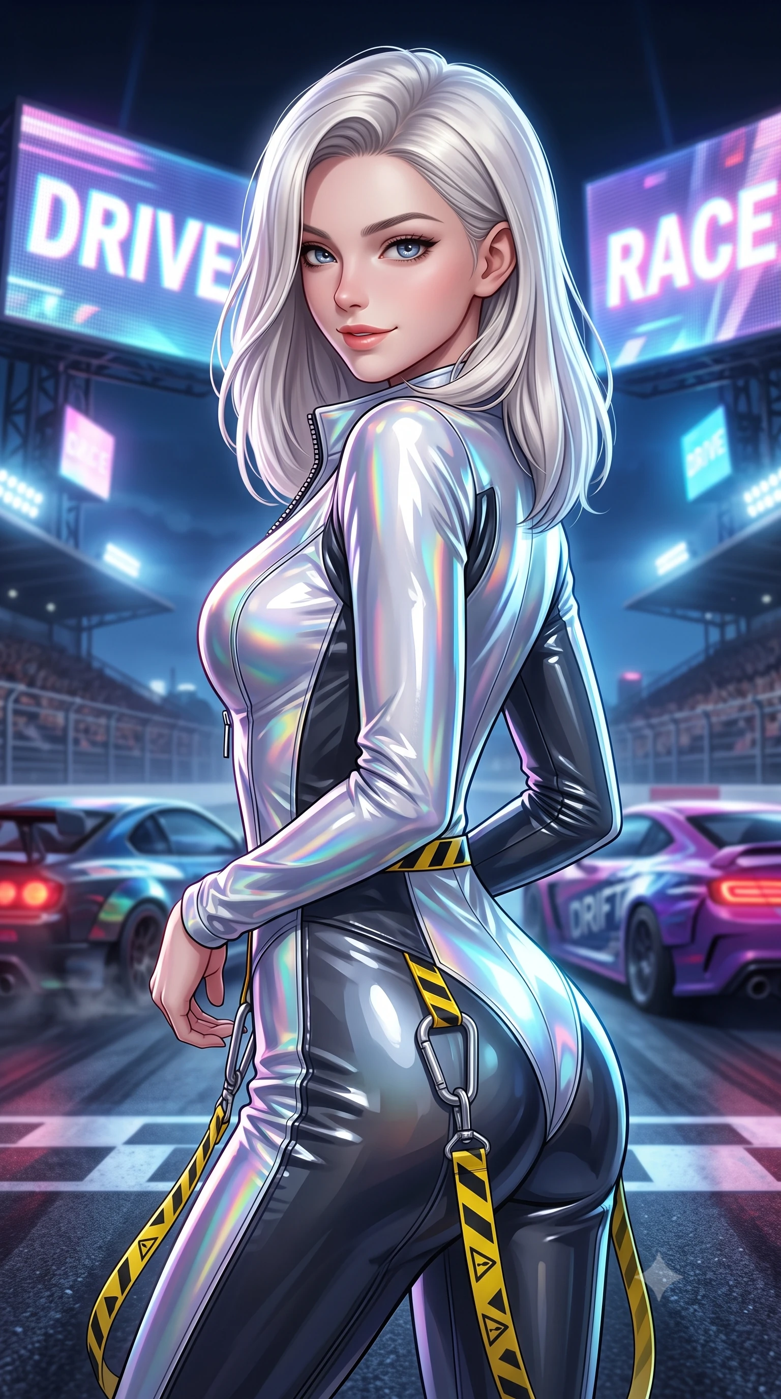 score_9, masterpiece, best quality, ultra-detailed, high-budget anime keyframe, semi-realistic 3D game render, editorial fashion photography, tasteful artistic composition, Caucasian woman. close-up cowboy shot from the waist and thighs up, the character dominates the composition, filling the frame with her large presence. turning over a bare shoulder with an intoxicating, teasing smile, her soft hair framing her sharp jawline as she looks back while posing boldly at the center of the illuminated starting grid as giant holographic jumbotrons flash behind her. The composition keeps background elements in soft focus with creamy bokeh. roaring drift cars and grandstand bleachers softened in dynamic shallow depth of field. She has an exceptionally elegant, slender, and willowy female figure with an ultra-slim waist, a gracefully sculpted slender torso, toned flat midriff, and a refined slim silhouette. sharp v-shaped jawline, high-bridge nose, intricate jewel-like eyes with depth, thick eyelashes, glossy parted lips with a natural sheen, intensely captivating and seductive expression, flawlessly proportioned anatomical accuracy, strict slender model proportions, natural body alignment, perfectly sculpted long slender limbs, ultra-slim waistline, clean dynamic posture without body distortion. wearing a high-gloss patent leather racing catsuit with an open front zipper and high stand collar in holographic silver prism and deep graphite, made of durable ripstop technical nylon with metallic zipper teeth, finished with high-visibility hazard warning tape details and carabiner clips, the athletic second-skin cut highlighting her toned flat midriff and slender model proportions during dynamic action. illuminated by crisp directional rim lighting sharply defining her razor-sharp jawline and feminine curves. highly saturated vibrant anime colors, detailed shading with soft gradients, rich glossy textures, high-contrast stereoscopic depth, volumetric dynamic lighting, master piece, 9:16 ratio