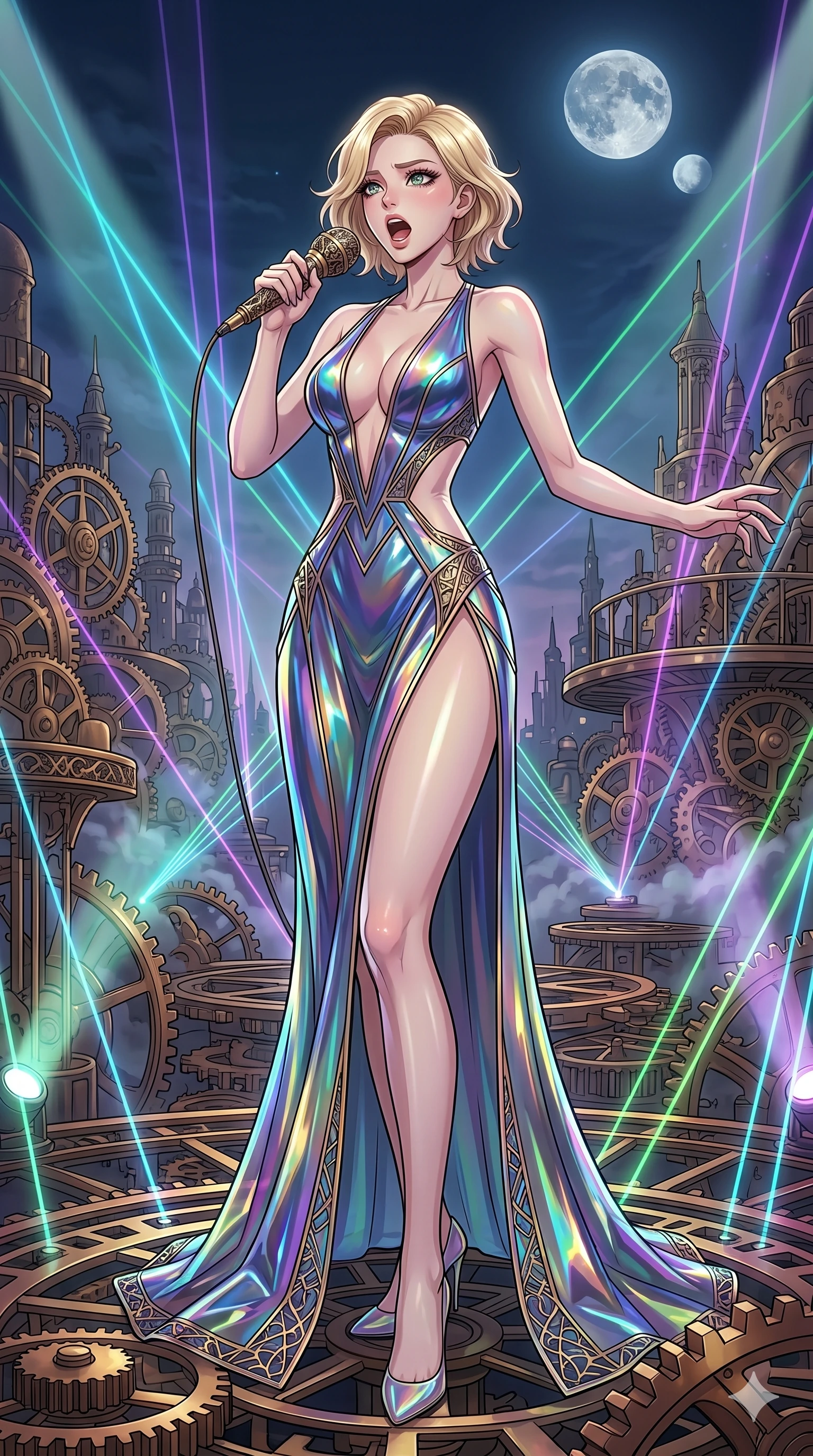 score_9, masterpiece, best quality, ultra-detailed, high-budget anime movie keyframe, cinematic anime lighting, intricate line art, Japanese woman. Medium shot of upper body capturing the intricate details of her high-fashion attire. singing on a laser stage in a clockwork heart of a city under a twin-moon sky. She has an absolutely perfect 8-heads proportion, an exceptionally tall and slender female figure with an ultra-slim waist and impossibly long slender legs. sharp v-shaped jawline, high-bridge nose, intricate jewel-like eyes, thick eyelashes, glossy lips. Wearing avant-garde high-fashion gown made of iridescent vinyl with a dangerously high side slit and a plunging neckline, revealing an ultra-slim waist and long slender legs. The scene is illuminated by dramatic atmospheric lighting and vibrant color palettes. , 2k, ultra detail, master piece, 9:16 ratio