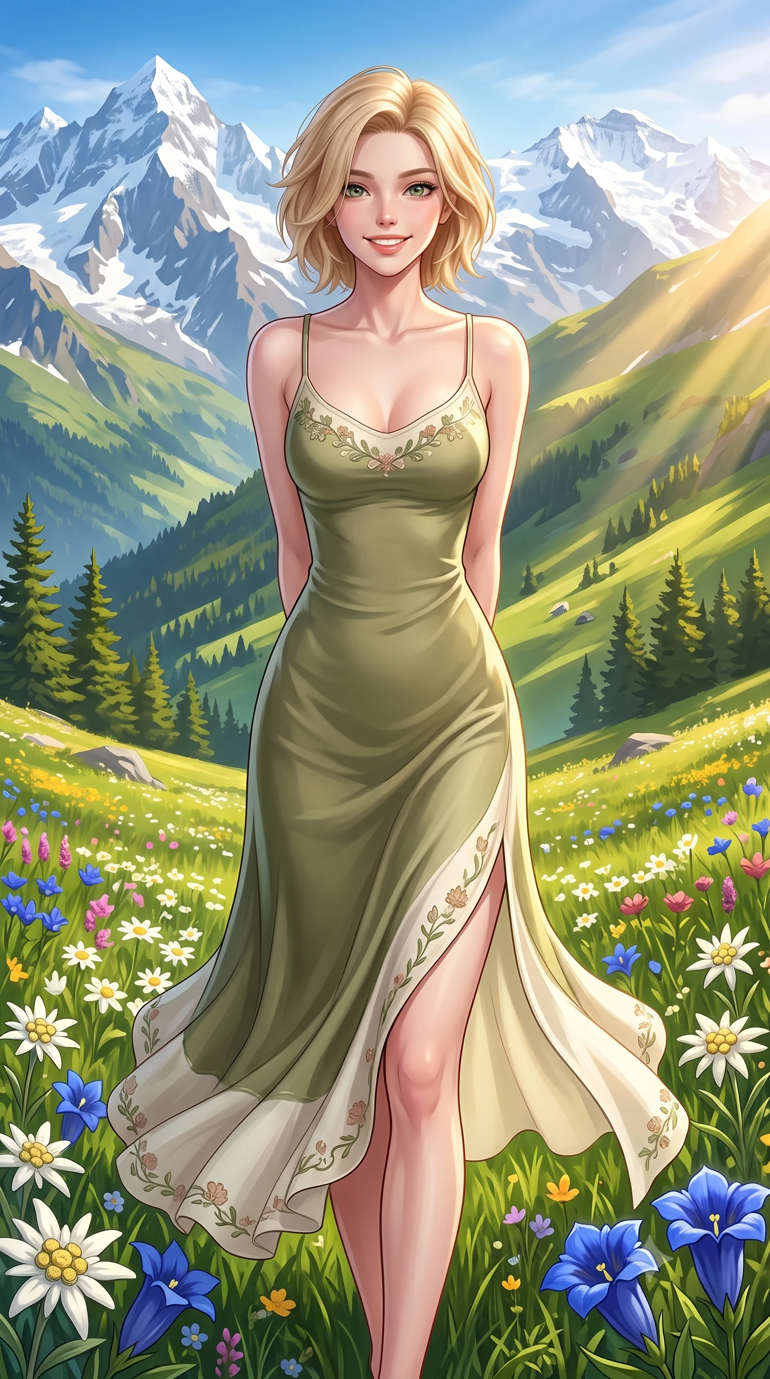 score_9, masterpiece, best quality, ultra-detailed, high-budget anime keyframe, semi-realistic 3D game render, editorial fashion photography, tasteful artistic composition, Caucasian woman. close-up cowboy shot from the waist and thighs up, the character dominates the composition, filling the frame with her large presence. clasping her hands behind her back and leaning forward playfully with a sweet, innocent girlhood expression while strolling gracefully through vibrant alpine wildflower fields under dramatic snow-capped peaks with a beaming bright smile. The surrounding environment is rendered in vivid detail and crisp panoramic clarity. sharp snowcapped Alpine ridge lines, vibrant edelweiss and blue gentian petals, and green pine slopes in crisp panoramic clarity. She has an exceptionally elegant, slender, and willowy female figure with an ultra-slim waist, a gracefully sculpted slender torso, toned flat midriff, and a refined slim silhouette. sharp v-shaped jawline, high-bridge nose, intricate jewel-like eyes with depth, thick eyelashes, glossy lips with a natural sheen, pure and lovely fresh girlhood expression, flawlessly proportioned anatomical accuracy, strict slender model proportions, natural body alignment, perfectly sculpted long slender limbs, ultra-slim waistline, clean dynamic posture without body distortion. wearing a flowy silk-chiffon maxi dress with a gentle side slit and fluttering hemline in muted olive green and ivory cotton, crafted from smooth fluid silk satin with a natural gentle sheen, complemented by subtle floral embroidery along the neckline and hem, the body-hugging lightweight knit clinging delicately to her slender torso, accentuating her graceful neck and feminine lines. illuminated by warm golden sunbeams streaming across lush green mountain slopes. highly saturated vibrant anime colors, detailed shading with soft gradients, rich glossy textures, high-contrast stereoscopic depth, volumetric dynamic lighting, master piece, 9:16 ratio