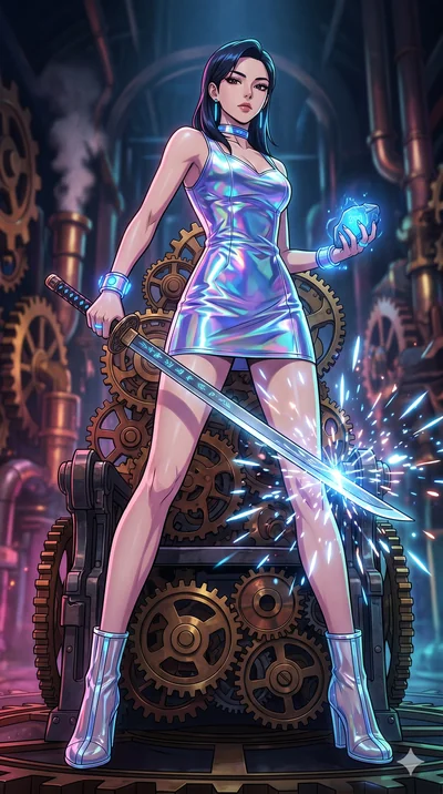 score_9, masterpiece, best quality, ultra-detailed, Set A: High-budget Anime Keyframe, Korean woman. Low angle cowboy shot filling the entire 9:16 frame with her statuesque presence. Drawing a blade through a throne of gears, holding a relic that pul
