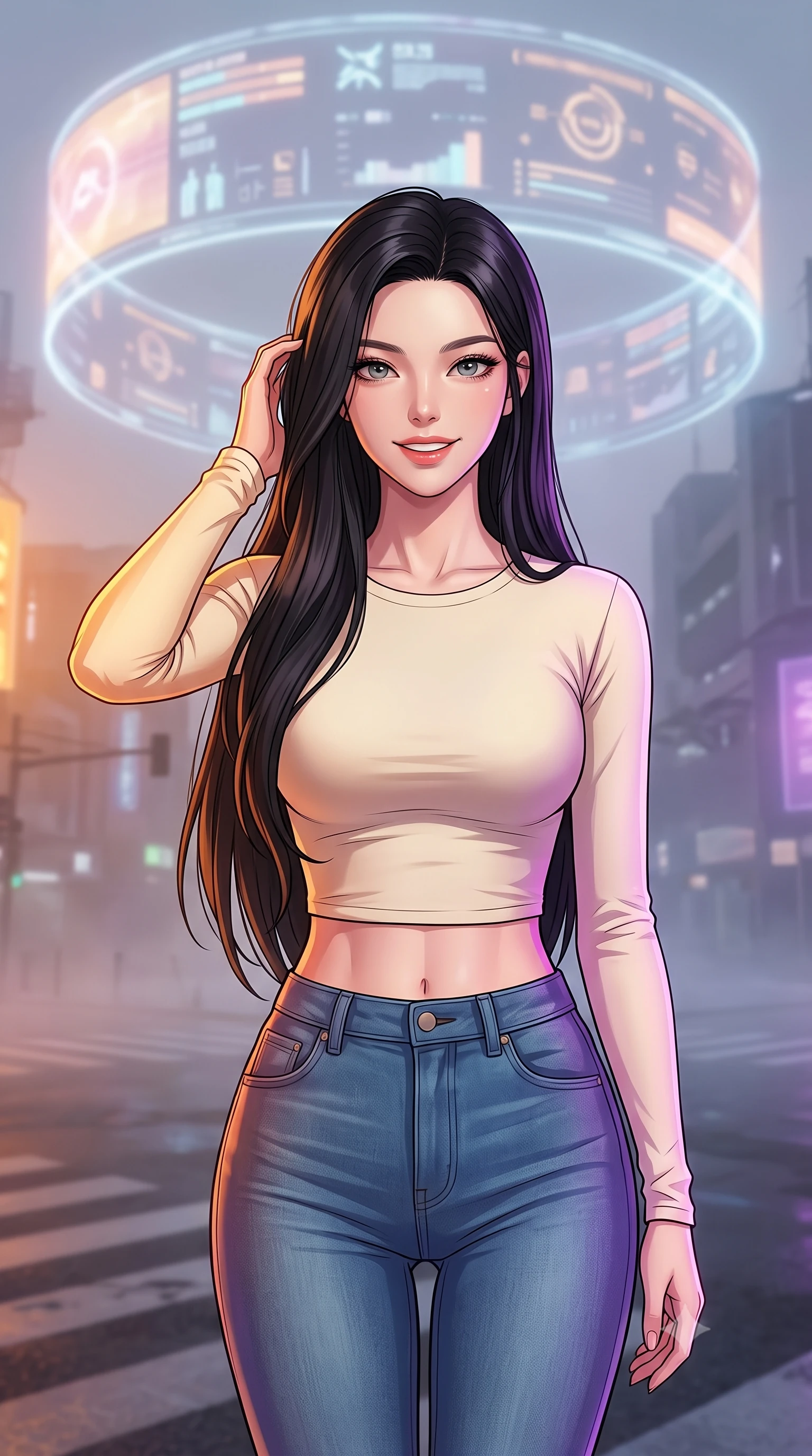 score_9, masterpiece, best quality, ultra-detailed, high-budget anime keyframe, tasteful artistic composition, Korean woman. close-up cowboy shot from the waist and thighs up, the character dominates the composition, filling the frame with her large presence, background elements kept in soft focus. smiling with quiet, magnetic self-assurance directly into the camera, running a hand through her hair the background shows a soft-focus a misty street intersection under a massive spinning hologram ring billboard. She has an exceptionally elegant, slender, and willowy female figure with an ultra-slim waist, a gracefully sculpted slender torso, and a refined silhouette. sharp v-shaped jawline, high-bridge nose, intricate jewel-like eyes with depth, thick eyelashes, glossy lips with a natural sheen. wearing a body-hugging body-hugging long-sleeve crop top in cream cotton paired with high-waisted skinny jeans. rotating warm amber and cool purple lighting creating a dynamic color wash. highly saturated vibrant anime colors, cel-shading, 2d style, master piece, 9:16 ratio