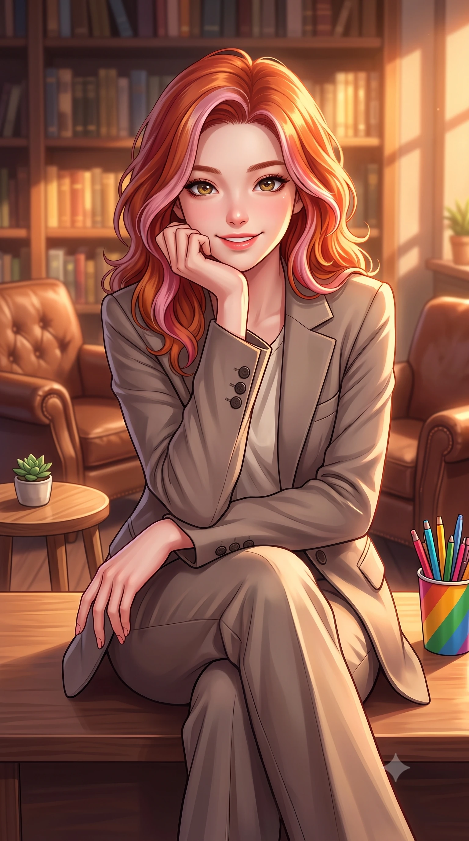 score_9, masterpiece, best quality, ultra-detailed, high-budget anime keyframe, editorial fashion photography, tasteful artistic composition, Caucasian woman. close-up cowboy shot from the waist and thighs up, the character dominates the composition, filling the frame with her large presence, background elements kept in soft focus. smiling cutely while resting her chin on her hand, looking directly into the lens set against a soft-focus background of in a cozy book cafe corner with leather armchairs and wooden side tables with a tiny succulent pot and a colorful cup of pens on the desk. She has an exceptionally elegant, slender, and willowy female figure with an ultra-slim waist, a gracefully sculpted slender torso, and a refined silhouette. sharp v-shaped jawline, high-bridge nose, intricate jewel-like eyes with depth, thick eyelashes, glossy lips with a natural sheen. wearing form-contouring tailored casual blazer in taupe, paired with a loose tee and wide-leg trousers. cozy golden hour sunset light illuminating the dusty bookshelves with a warm glow. highly saturated vibrant anime colors, detailed shading with soft gradients, rich glossy textures, high-contrast stereoscopic depth, volumetric dynamic lighting, master piece, 9:16 ratio