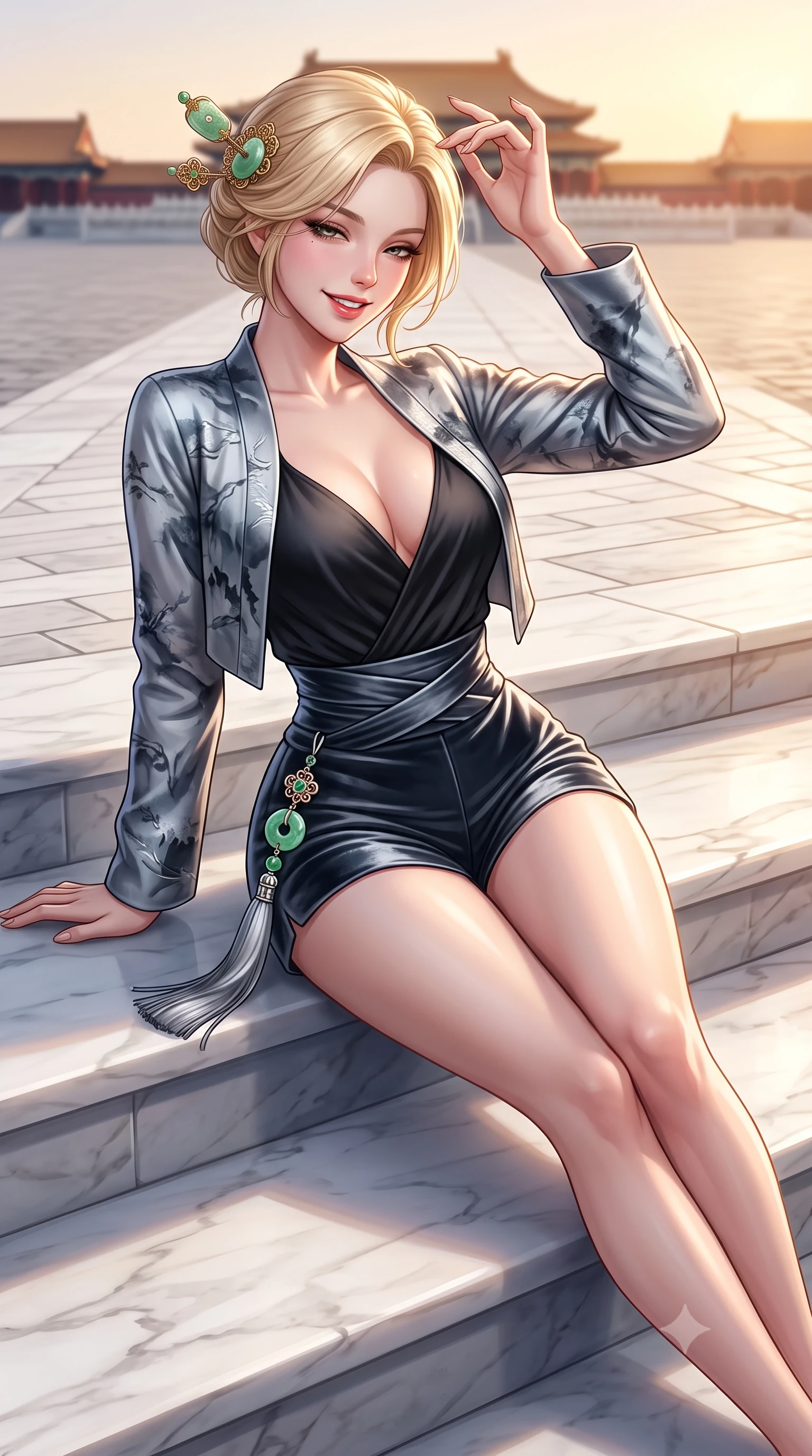 score_9, masterpiece, best quality, ultra-detailed, high-budget anime keyframe, semi-realistic 3D game render, editorial fashion photography, tasteful artistic composition, Caucasian woman. close-up cowboy shot from the waist and thighs up, the character dominates the composition, filling the frame with her large presence. tilting her head with an alluring smile while arching her spine with dancer poise, one hand touching her ornate jade hairpin in a flirtatious S-curve while lounging gracefully on the wide marble terrace steps with legs extended, her tailored high-slit gown commanding the monumental historic plaza. The background shows a soft-focus the vast paved white marble courtyard softened in majestic imperial Beijing shallow focus. She has an exceptionally elegant, slender, and willowy female figure with an ultra-slim waist, flat toned midriff, narrow ribcage, and sculpted feminine hips creating an alluring, slim hourglass silhouette without bulk. sharp v-shaped jawline, high-bridge nose, intricate jewel-like dark sparkling almond eyes with depth, thick lashes, glossy parted lips with a natural rose-plum sheen, bright alluring and coquettish smile with bedroom-eyes, exuding both timeless oriental elegance and sovereign high-fashion allure, flawlessly proportioned anatomical accuracy, strict slender model proportions, natural body alignment, perfectly sculpted long slender limbs, ultra-slim waistline, clean dynamic posture without body distortion. wearing a cropped embroidered silk jacket worn over a plunging camisole top and tailored high-waisted hot-pants in misty ink-wash slate grey and liquid silver, crafted from sumptuous crushed winter velvet with deep light-absorbing plushness, finished with an ornate modern norigae tassel with polished jade and chrome charms resting on her curvy hips, the high-waisted wrap tailoring accentuating her ultra-slim waistline and the enchanting curve of her feminine hips with alluring oriental charm. bathed in dramatic twilight golden hour light streaming horizontally across the vast marble plaza. highly saturated vibrant anime colors, detailed shading with soft gradients, rich glossy textures, high-contrast stereoscopic depth, volumetric dynamic lighting, master piece, 9:16 ratio