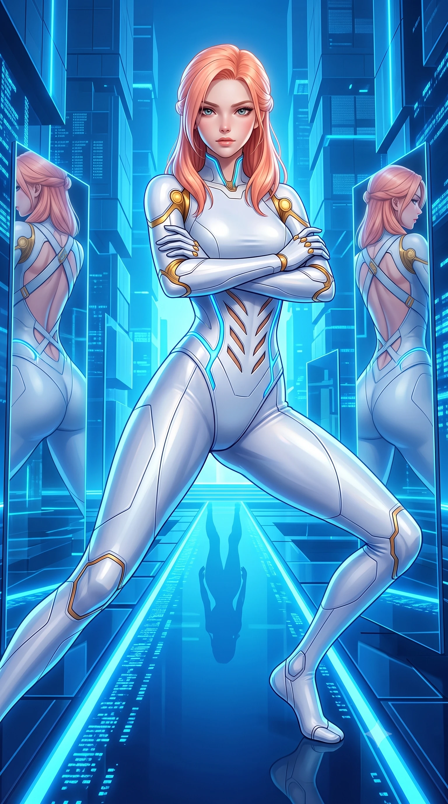 score_9, masterpiece, best quality, ultra-detailed, high-budget anime keyframe, semi-realistic 3D game render, editorial fashion photography, tasteful artistic composition, Japanese woman. close-up cowboy shot from the waist and thighs up, the character dominates the composition, filling the frame with her large presence. shifting into a low cat-stance with arms crossed defensively, glowing energy conduits tracing her ultra-slim waist and sculpted clavicle while stepping along a glowing blue data pathway with effortless sovereign grace as matrix mirrors reflect her silhouette. The surrounding environment is rendered in vivid detail and crisp panoramic clarity. vibrant high-contrast cybernetic lighting and monumental quantum architecture in panoramic precision. She has an exceptionally elegant, slender, and willowy female figure with an ultra-slim waist, a gracefully sculpted slender torso, toned flat midriff, and a refined slim silhouette. sharp v-shaped jawline, high-bridge nose, intricate jewel-like eyes with depth, thick eyelashes, glossy lips with a natural sheen, flawlessly proportioned anatomical accuracy, strict slender model proportions, natural body alignment, perfectly sculpted long slender limbs, ultra-slim waistline, clean dynamic posture without body distortion. wearing a form-contouring arctic white carbon-composite martial arts leotard with solar gold articulation joints and diagonal midriff vents in arctic white carbon composite with radiant solar gold plating, made of lightweight aerodynamic carbon-titanium alloy with polished edge bevels, complemented by criss-cross back harness straps highlighting her completely bare spine, the glove-like aerodynamic second-skin fit tightly clinging to her ultra-slender waist and athletic curves without adding bulk, accentuating her razor-sharp statuesque lines and slim hourglass silhouette. bathed in glowing electric sapphire and cyan data stream illumination with rich ambient blue fill. rich saturated anime colors with glowing neon highlights, detailed shading with soft gradients, rich glossy textures, high-contrast stereoscopic depth, volumetric dynamic lighting, master piece, 9:16 ratio